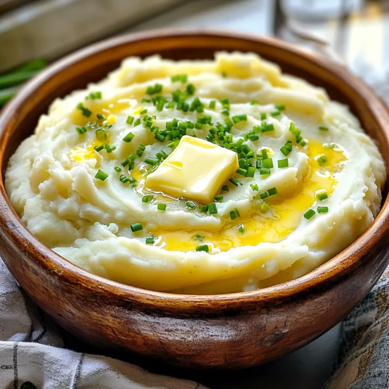 - 2 pounds russet potatoes - 4 tablespoons unsalted butter - 1/2 cup heavy cream - 1 cup shredded white cheddar cheese - 1/4 cup chopped fresh chives - Salt and pepper - 1/2 teaspoon garlic powder - Try using gouda or mozzarella for different flavors - Use coconut milk or almond milk for a non-dairy option The main ingredients create a rich and creamy texture. Russet potatoes are perfect for mashing due to their high starch content. The unsalted butter adds depth, while heavy cream ensures that smoothness we crave. White cheddar cheese gives a sharp, tangy bite that elevates this dish. Fresh chives offer a pop of color and a mild onion flavor. For optional ingredients, salt and pepper enhance the taste. Garlic powder can add a warm kick, making these mashed potatoes even more special. If you want to change things up, consider using other cheeses. Gouda provides a smoky taste, while mozzarella gives a milder flavor. For those avoiding dairy, coconut or almond milk works well as a cream substitute. Just remember to adjust the amount based on your taste. First, peel and cube 2 pounds of russet potatoes. Place them in a large pot. Cover the potatoes with cold water and add a pinch of salt. Bring the pot to a boil over medium-high heat. Once the water boils, reduce the heat to medium-low. Let the potatoes simmer for about 15 to 20 minutes. You want them to be fork-tender. Check this by poking a potato with a fork. If it goes in easily, they are ready. While the potatoes cook, let’s make the cream mixture. In a small saucepan, add 1/2 cup of heavy cream and 4 tablespoons of unsalted butter. Heat this over low heat. Stir it gently until the butter melts and the cream warms up. Be careful not to let it boil. We want a warm mixture, not a hot one. Drain the cooked potatoes and return them to the pot. This step helps any extra moisture to evaporate. Now, grab a potato masher. Start mashing the potatoes until they are smooth. Next, slowly pour in the warm cream and butter mixture while you continue to mash. Mix until the potatoes are light and fluffy. Now, add 1 cup of shredded white cheddar cheese. Stir until the cheese melts and blends into the potatoes. Then, add 1/4 cup of chopped fresh chives, along with salt, pepper, and 1/2 teaspoon of garlic powder if you like. Mix everything well to combine. For extra creaminess, feel free to add more cream if you want. To get creamy mashed potatoes, adjust the cream amount. Start with half a cup and add more if needed. The cream should flow smoothly into the potatoes. This helps create a rich texture that feels soft in every bite. For light and fluffy mashed potatoes, use a potato masher. Avoid a food processor; it can make potatoes gummy. Mash until you see no lumps, then mix in the warm cream and butter slowly. This keeps the air in and helps them stay light. You can add depth to your mashed potatoes by mixing in spices. A pinch of garlic powder adds a nice kick. You can also try adding a dash of smoked paprika or cayenne pepper for a little heat. Pair these potatoes with roasted meats, like chicken or beef. They also go well with a fresh salad or steamed veggies. The cheese and chives add a nice flavor contrast to any dish. Serving mashed potatoes well makes them even more appealing. Use a large bowl or individual plates. Make a small well in the center of the potatoes, and place a slice of butter there. When the butter melts, it looks beautiful and tastes great. For garnishing, sprinkle extra chives on top. You can even add a few crispy onions for crunch. These little details make your dish stand out and invite everyone to dig in. {{image_2}} You can make your white cheddar mashed potatoes even better with more cheese. Try adding different cheeses like gouda or parmesan for a unique twist. Each cheese brings its own flavor, which can change your dish nicely. Roasted garlic is another great option. It adds a deep, rich flavor that blends well with the creaminess of the potatoes. To do this, roast a whole head of garlic until soft. Then mash the cloves into your potatoes for a sweet, savory taste. If you’re watching your fat intake, you can use low-fat cream or milk instead of heavy cream. This swap keeps the creamy texture while cutting some calories. You can also use Greek yogurt for a tangy twist and added protein. For vegan adaptations, replace the butter with olive oil or vegan butter. Use plant-based milk like almond or oat milk instead of cream. You can still enjoy creamy mashed potatoes without any dairy. Seasonal herbs can elevate your mashed potatoes. In spring, try adding fresh parsley or dill for a bright taste. In autumn, rosemary or sage gives a warm, earthy flavor. These herbs can change the whole feel of your dish. You can also pair your mashed potatoes with seasonal vegetables. Roasted root vegetables in the fall or fresh peas in the spring add color and texture. This combination makes your meal more vibrant and exciting. To store your leftover white cheddar mashed potatoes, place them in an airtight container. This helps keep them fresh and prevents odors from other foods. They will last in the fridge for about 3 to 5 days. Before serving, check for any signs of spoilage, like an off smell or discoloration. Freezing mashed potatoes is a great way to save them for later. First, let the mashed potatoes cool completely. Then, scoop them into freezer-safe bags or containers. Remove as much air as possible to prevent freezer burn. They can last up to 2 months in the freezer. When you're ready to eat them, thaw them overnight in the fridge. You can reheat your mashed potatoes in several ways. For the stovetop method, place them in a pot over low heat. Stir often and add a splash of cream or milk to keep them creamy. For the microwave, put the potatoes in a safe dish. Cover with a damp paper towel to keep moisture in. Heat in short bursts, stirring between, until warm. This helps avoid dry or lumpy potatoes. Yes, you can make these mashed potatoes ahead. Store them in an airtight container in the fridge. They will last for about three days. When ready to eat, reheat them gently. You can use the stove or microwave. If they seem dry, add a little cream or butter while warming. Russet potatoes are the best choice for mashed potatoes. They have a high starch content. This gives a light and fluffy texture. Yukon Gold potatoes also work well. They are creamy and rich. Avoid waxy potatoes, as they won't yield the same smooth texture. You can use pre-shredded cheese for convenience. However, it may not melt as smoothly. Pre-shredded cheese often has anti-caking agents. These can affect the creaminess of your mash. For the best flavor, I recommend shredding fresh cheese. It melts better and gives a fresher taste. This blog post covered how to make creamy white cheddar mashed potatoes. We discussed the key ingredients, from russet potatoes to butter and cheese. You learned step-by-step instructions for cooking, mashing, and mixing. Tips for flavor and presentation help elevate your dish. Plus, variations and storage options keep leftovers fresh and tasty. With these insights, you can create a delicious side dish. Enjoy sharing your tasty mashed potatoes with family and friends!