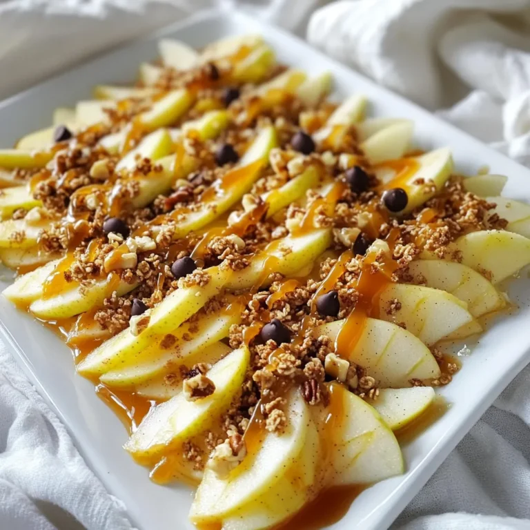 - Apples: Use 3 large apples, like Granny Smith or Honeycrisp. Thinly slice them for best results. - Toppings: Gather 1 cup of granola, mini chocolate chips (1/2 cup), and 1/2 cup of chopped nuts. Walnuts, pecans, or almonds work great here. - Additional flavorings: You need 1/4 teaspoon of cinnamon and 1 tablespoon of lemon juice. These add zing and stop browning. - Caramel sauce: Choose 1 cup of caramel sauce. You can buy it or make it at home. - Whipped cream: Optional, but a drizzle makes it even more special. This simple mix creates a fun treat. Each layer adds flavor and crunch. The apples give a crisp bite, while the caramel brings sweetness. The toppings add texture and color. Enjoy making your Caramel Apple Nachos! Start by washing the apples. I like to use Granny Smith or Honeycrisp for their crunch. Slice them thinly for the best bite. In a large bowl, toss the slices with lemon juice and 1/4 teaspoon of cinnamon. This keeps them fresh and adds a nice flavor. Lemon juice stops browning, and cinnamon gives a warm touch. Now, grab a large platter or a baking sheet. Arrange the apple slices in an overlapping pattern. This creates a nice “nacho” base. Make sure to cover the whole surface. A good layout makes it look more inviting. You want a feast for the eyes as well as the taste buds! Sprinkle 1 cup of granola evenly over the apples. Then, add 1/2 cup of mini chocolate chips and 1/2 cup of chopped nuts. You can use walnuts, pecans, or almonds. This mix gives great crunch and flavor. Now for the caramel sauce! Drizzle 1 cup of caramel sauce over the whole platter. Make sure each slice gets some sweetness. For extra goodness, add a few dollops of whipped cream if you like. Serve these nachos right away for the best taste. Enjoy! For the best caramel nachos, use Granny Smith or Honeycrisp apples. These apples are tart and sweet. Their crispness adds a nice crunch. You can mix them for more flavor. To adjust sweetness, use less caramel if needed. Add more granola for extra texture. A sprinkle of cinnamon boosts the apple flavor. This blend makes every bite delicious. Pair your nachos with sweet drinks like cider or hot chocolate. Coffee also works well for adults. For toppings, try adding shredded coconut or mini marshmallows. These give extra flavor and fun. When serving, arrange nachos in a fun way. Use a big platter and make layers. A small bowl of caramel on the side looks nice. A sprinkle of nuts or cinnamon on top makes it pretty. {{image_2}} You can make Caramel Apple Nachos your own with fun twists. Start by choosing different nuts and granola. You can use walnuts, pecans, or almonds. Each nut brings a unique taste. For granola, opt for crunchy or nutty varieties. This adds texture and flavor. You can also spice things up. Try adding nutmeg or cardamom. Just a pinch can change the whole taste. Mix and match flavors to find what you love best. If you want vegan options, use dairy-free caramel sauce. You can find it at most stores. For a gluten-free version, check granola labels or make your own. Many brands offer safe choices. If you need nut-free alternatives, skip the nuts. You can replace them with seeds like pumpkin or sunflower. These still add crunch without the nuts. Enjoy every bite, no matter your diet! To keep your Caramel Apple Nachos fresh, use an airtight container. Place the nachos in a single layer if possible. This helps maintain the crunch. If you stack them, add parchment paper between layers to avoid sogginess. Store the container in the fridge. This way, the apples stay crisp for about 1-2 days. Reheating isn’t common for nachos, but you can warm them up if needed. Place them on a baking sheet. Heat in the oven at 350°F for about 5-10 minutes. This warms the apples without making them mushy. If you want to keep the caramel soft, drizzle it on after reheating. Enjoy your sweet treat! For caramel apple nachos, I recommend using Granny Smith or Honeycrisp apples. Granny Smith apples give a nice tartness that balances the sweetness of the caramel. Their crisp texture holds up well, making each bite delightful. Honeycrisp apples are also great. They are sweet and juicy, adding a burst of flavor. Their crunchiness enhances the overall experience. You can prep some parts ahead of time. Slice the apples and toss them with lemon juice and cinnamon. This keeps them from browning. Store them in the fridge in an airtight container. You can also prepare the toppings, like granola, chocolate chips, and nuts. When you’re ready to serve, layer everything and drizzle with caramel sauce. This keeps it fresh and tasty. Making homemade caramel sauce is simple. Here’s a quick recipe: 1. Ingredients: - 1 cup sugar - 6 tablespoons butter - 1/2 cup heavy cream - Pinch of salt 2. Instructions: - In a saucepan, heat sugar over medium heat. Stir often until it melts and turns amber. - Add butter, stirring until melted and smooth. - Slowly pour in heavy cream while stirring. Be careful, as it will bubble up. - Add a pinch of salt and mix well. Let it cool before using. This sauce is rich and perfect for your nachos. Caramel apple nachos are a fun and tasty treat. This blog shows you how to choose the best apples and add delicious toppings. I shared step-by-step tips for making your nachos look great and taste even better. You can customize your dish with different nuts and spices to suit your taste. Don’t forget to store leftovers properly to keep them fresh. Enjoy making this easy recipe for gatherings or a sweet snack at home!