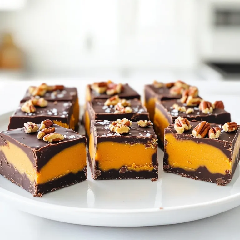 - 1 cup pumpkin puree - 1/2 cup creamy peanut butter - 1/2 cup maple syrup - 1 cup dark chocolate chips - 1/4 teaspoon pumpkin pie spice - 1/4 teaspoon salt - 1/2 cup crushed graham crackers To make the best no-bake chocolate peanut butter pumpkin fudge, you need some key ingredients. Pumpkin puree gives the fudge a smooth base. Creamy peanut butter adds richness and flavor. Maple syrup sweetens and balances the taste. Dark chocolate chips bring deep, rich chocolate notes. Pumpkin pie spice adds warmth and depth. A pinch of salt enhances all the flavors. Crushed graham crackers add great texture and a slight crunch. Together, these ingredients create a delightful treat that is both sweet and savory. - Chopped pecans - Chopped walnuts If you want to add a little extra crunch, try optional toppings. Chopped pecans or walnuts work well. They add a nutty flavor and extra texture. You can mix and match toppings to suit your taste. Feel free to get creative! - First, grab a medium saucepan. - Add 1 cup of dark chocolate chips and 1/2 cup of creamy peanut butter. - Heat the mixture over low heat. Stir it constantly to prevent burning. - Keep stirring until it is melted and smooth. - Remove the saucepan from heat. - Mix in 1 cup of pumpkin puree and 1/2 cup of maple syrup. - Stir in 1/4 teaspoon of pumpkin pie spice and 1/4 teaspoon of salt. - Make sure everything is well blended for the best flavor. - Gently fold in 1/2 cup of crushed graham crackers for extra texture. - Line an 8-inch square baking dish with parchment paper. - Pour the fudge mixture into the dish. Spread it evenly with a spatula. - If you like, sprinkle chopped pecans or walnuts on top for crunch. - Place the dish in the fridge for at least 2 hours to set. - Once firm, lift the fudge out using the parchment paper. - Cut it into squares and enjoy your treat! Using creamy peanut butter is key for smooth fudge. It blends well with chocolate and pumpkin. Chunky peanut butter can lead to a lumpy texture, which we want to avoid. Make sure it is fresh and easy to stir. When folding in crushed graham crackers, be gentle. Use a spatula to mix them in. This helps keep the fudge light and fluffy. If you mix too hard, you may break the crackers too much. A few larger pieces add nice texture. You can try different nut butters if you want a twist. Almond or cashew butter works well. Each nut butter brings its own flavor and creaminess. Feel free to switch up the sweeteners too. Honey or agave syrup can replace maple syrup. You can also change the type of chocolate. White chocolate or milk chocolate can give a sweeter taste. Just remember to adjust the flavors to match. {{image_2}} You can easily change the flavor of your fudge. Adding a splash of vanilla gives it a warm, sweet taste. Just a hint of cinnamon can also make it cozy. If you love chocolate, try adding cocoa powder. This will boost the chocolate flavor, making it richer. Mix it in when you combine the pumpkin and syrup. If you want a vegan fudge, swap the honey for agave nectar. You can also use almond butter instead of peanut butter. For a gluten-free version, make sure your graham crackers are gluten-free. If you need low-sugar or keto options, use sugar-free chocolate chips. You can also reduce the maple syrup or use a sugar substitute. These tweaks let everyone enjoy this tasty treat! To keep your no-bake chocolate peanut butter pumpkin fudge fresh, use an airtight container. This will stop air from drying it out. You can store it in the fridge or freezer. If you use the fridge, it stays good for a week. If you want it to last longer, freeze it. Just make sure to wrap it well to prevent freezer burn. The fudge lasts about one week in the fridge. If frozen, it can last for up to three months. To tell if the fudge has gone bad, look for a change in color or smell. If it smells sour or looks dry, it’s best to throw it away. Always trust your senses when checking if food is safe to eat. Yes, you can use milk chocolate. It will make the fudge sweeter. Dark chocolate gives a rich flavor. If you prefer a lighter taste, milk chocolate works great. Just melt it the same way as dark chocolate. To make this fudge vegan, switch to dairy-free chocolate chips. Use maple syrup as your sweetener. Both peanut butter and pumpkin puree are already vegan. This way, you keep the taste while making it plant-based. You can use crushed cookies or oats. Almond flour also works well for a gluten-free option. Just make sure the texture remains similar. This will keep the fudge creamy and enjoyable. Absolutely, you can make this fudge ahead of time. Store it in the fridge for up to a week. It also freezes well if you want to save it longer. Just thaw it in the fridge before serving. This blog post shared a fun and tasty fudge recipe. We covered essential ingredients like pumpkin puree, peanut butter, and chocolate chips. I walked you through step-by-step instructions for making and setting the fudge. Remember, experimenting with flavors and toppings can make it unique. Store it properly for best results. Enjoy making this delicious treat whenever you want a sweet snack.