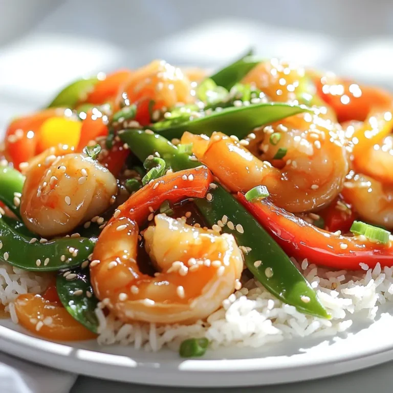 To make a delicious garlic honey shrimp stir fry, gather these simple ingredients: - 1 pound large shrimp, peeled and deveined - 2 tablespoons olive oil - 4 cloves garlic, minced - 1/4 cup honey - 2 tablespoons soy sauce - 1 tablespoon fresh ginger, grated - 1 bell pepper (any color), sliced - 1 cup snap peas - 2 green onions, sliced (for garnish) - Sesame seeds (for garnish) - Cooked jasmine rice (for serving) These ingredients come together to create a meal that is quick and full of flavor. I love how the shrimp pairs with the sweet honey and salty soy sauce. The fresh ginger adds a nice kick, while the vegetables keep the dish vibrant and healthy. Remember to use large shrimp for this dish. They cook quickly and stay juicy. To start, you need to prep the shrimp. Use large shrimp, as they cook faster and taste great. Peel and devein them if not done already. Rinse them under cold water. Pat them dry with a paper towel. This helps them cook better. Next, let’s cut the vegetables. Slice the bell pepper into thin strips. This makes it easy to stir-fry. Snap peas can be left whole, but trim the ends. This keeps them fresh and crunchy. Fresh ginger adds flavor, so grate it finely to release its aroma. Heat 2 tablespoons of olive oil in a large skillet or wok over medium-high heat. Once the oil is hot, add 4 cloves of minced garlic and the grated ginger. Sauté them for about 30 seconds. You want the kitchen to smell amazing! Now, toss in the shrimp. Cook them for about 2 to 3 minutes. They will turn pink and start to curl. This means they are nearly done. Make sure to stir them often to avoid burning. After the shrimp are cooked, it’s time to add the veggies. Toss in the sliced bell pepper and snap peas. Stir-fry everything for another 2 to 3 minutes. You want the vegetables to be tender but still crisp. Now, for the tasty part! In a small bowl, mix 1/4 cup of honey and 2 tablespoons of soy sauce. Pour this honey-soy mixture over the shrimp and veggies. Toss everything to coat well. Cook for an extra 1 to 2 minutes. This allows the sauce to thicken a bit. Finally, remove the skillet from the heat. Garnish with sliced green onions and sesame seeds. This adds a nice crunch and flavor. Serve the stir fry over cooked jasmine rice for a complete meal. Enjoy your flavorful dish! To balance sweetness and savoriness, use the right amount of honey. Start with 1/4 cup, then taste as you cook. If it’s too sweet, add a splash more soy sauce. The saltiness of soy sauce adds depth. You can also add a dash of lime juice for brightness. This will enhance the flavor without making it too sweet. For the best stir-fry, keep your pan hot. Use high heat to quickly cook the shrimp. This helps them stay tender. Stir often to cook everything evenly. To prevent overcooking shrimp, watch for color change. Cook shrimp until they turn pink and curl. This usually takes 2-3 minutes. Remove them from the pan as soon as they are done. While jasmine rice is a great side, you can try more options. Serve with quinoa for a nutty flavor. Cauliflower rice is a low-carb choice. Steamed broccoli or stir-fried bok choy also work well. These sides add color and nutrition to your meal. Enjoy mixing and matching to find your favorite! {{image_2}} You can swap shrimp for other proteins. Chicken works great, too. Just cut it into small pieces. Cook it until it's no longer pink. Tofu is a fantastic vegetarian option. Use firm tofu, and sauté it until golden brown. This adds a nice texture. Feel free to change the veggies in this dish. Bell peppers are colorful and sweet. Snap peas add a nice crunch. You can use seasonal veggies like zucchini or carrots. Just cut them into bite-sized pieces. This keeps cooking time quick and even. Want to spice things up? Add some red pepper flakes for heat. You can also mix in sesame oil for extra flavor. Try adding a splash of lime juice. This gives a fresh twist and brightens the dish. These small changes can really make a big difference! To store leftovers, place the stir fry in a sealed container. Make sure it cools down first. Refrigerate it within two hours of cooking. This keeps the shrimp fresh for up to three days. Keeping the sauce separate helps maintain the texture of the shrimp and veggies. When reheating, use a skillet over medium heat. Add a splash of water or broth to keep it moist. Stir gently until it’s warm, about five minutes. You can also microwave it for two minutes, stirring halfway. This step helps keep the shrimp tender and prevents it from becoming rubbery. You can freeze the stir fry if you want to save some for later. Place it in a freezer-safe container. It can last up to three months in the freezer. When ready to eat, thaw it in the fridge overnight. Reheat it in a skillet or microwave. The veggies may soften a bit, but the flavor stays great! You can use maple syrup or agave nectar instead of honey. These options add sweetness and work well in this dish. Brown sugar mixed with water also makes a good alternative. Adjust the amount based on your taste. Yes, this recipe can be gluten-free! Use tamari instead of soy sauce. Tamari has a similar flavor but is made without wheat. Always check labels for hidden gluten ingredients. This way, you keep the dish safe for everyone. Yes, you can make this dish ahead of time. Cook the shrimp and veggies, then store them in the fridge. Reheat before serving. The flavors will mix well, making it even tastier. Just be sure to cook the shrimp until they are pink and firm. This article covered a delicious shrimp stir fry recipe. We went through the key ingredients and step-by-step cooking instructions. You learned tips for flavor balance and cooking techniques. I offered alternatives for proteins and veggies, plus storage and reheating methods. In the end, this dish offers great taste and flexibility. You can create a meal you love, every time. Enjoy making it your own!