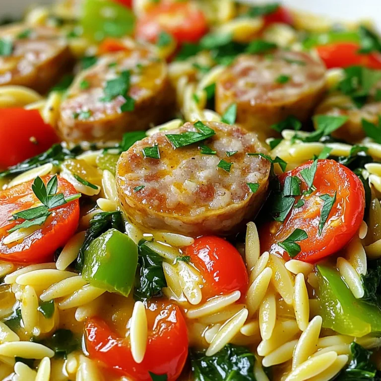 - 1 cup orzo pasta - 2 tablespoons olive oil - 1 pound chicken sausage, sliced - 1 small onion, diced - 3 cloves garlic, minced - 1 red bell pepper, diced - 1 green bell pepper, diced - 1 cup cherry tomatoes, halved - 2 teaspoons Cajun seasoning - 4 cups chicken broth - 1 cup corn kernels - 1 cup spinach, chopped - Salt and pepper to taste - Fresh parsley, for garnish When I make Cajun Chicken Sausage Orzo, I love to gather all my ingredients first. This dish is colorful and full of flavor. You start with orzo pasta, which has a nice bite and absorbs flavor well. The chicken sausage gives a rich taste and a bit of spice. I slice it up and get it ready. Next, I use olive oil to cook the sausage. Then, I add a small onion and minced garlic to the pot. These two create a great base with their smell. Then, I toss in diced red and green bell peppers for crunch and sweetness. Cherry tomatoes add a burst of juicy flavor. The Cajun seasoning brings that bold kick we love. I also like to include corn and spinach for extra nutrition and color. Finally, I finish with salt and pepper to taste. A sprinkle of fresh parsley adds a nice touch on top. Each ingredient plays a role in making this meal vibrant and tasty. - Heat 2 tablespoons of olive oil in a large pot over medium heat. - Add 1 pound of sliced chicken sausage. Cook until the sausage is browned, about 5-7 minutes. - Once browned, remove the sausage from the pot and set it aside. - In the same pot, add 1 small diced onion. Cook for 2-3 minutes until it turns soft and clear. - Next, add 3 minced garlic cloves and 1 diced red bell pepper and 1 diced green bell pepper. Cook for another 3-4 minutes until the peppers soften. - Stir in 1 cup of halved cherry tomatoes. Let them cook for 2 minutes until they start to soften. - Add 2 teaspoons of Cajun seasoning and mix well with the vegetables. - Now, add 1 cup of orzo pasta. Stir it in for 1-2 minutes to let it toast a bit. - Pour in 4 cups of chicken broth. Bring everything to a boil, then reduce the heat to low. Cover and simmer for 10-12 minutes, stirring occasionally. - After the orzo is cooked, stir in 1 cup of corn kernels and 1 cup of chopped spinach. - Add the cooked sausage back to the pot. Cook for another 2-3 minutes until the spinach wilts. - Season with salt and pepper to taste. Let it rest for a minute before serving. To avoid mushy orzo, watch the cooking time closely. Orzo cooks in about 10 to 12 minutes. Stir it often while it cooks. This helps it cook evenly and prevents sticking. For extra flavor, consider adding spices like smoked paprika or cayenne pepper. These spices can boost the dish's depth. Adjust heat levels by adding more or less Cajun seasoning. Start with two teaspoons and taste as you go. Garnish your dish with fresh parsley for a bright touch. A sprinkle of parsley adds color and flavor. Serve the orzo with a side salad or crusty bread. These sides complement the meal and make it more filling. {{image_2}} You can swap the chicken sausage for turkey or pork sausage. This change keeps the meal tasty while altering the flavor profile. If you want a lighter option, try using quinoa instead of orzo. Quinoa cooks quickly and gives a nice nutty taste. To make this dish vegetarian or vegan, replace the chicken sausage with plant-based sausage. You can also skip the sausage altogether and add more veggies. For a gluten-free version, use gluten-free orzo or quinoa. This way, everyone can enjoy this hearty meal. Seasonal vegetables can enhance the dish. In summer, add zucchini or squash. In fall, try sweet potatoes or carrots. These changes keep the dish fresh and exciting all year long. Adapt your ingredients based on what’s in season for the best taste. Store your Cajun chicken sausage orzo in an airtight container. This keeps it fresh and tasty. It's best to let it cool to room temperature before sealing. When stored this way, it lasts about 3 to 4 days in the fridge. To freeze the orzo, divide it into portions. Use freezer-safe containers or bags. Make sure to remove as much air as possible to prevent freezer burn. Label each container with the date. It keeps well for up to 3 months. To reheat, simply thaw in the fridge overnight. Heat it in a pot over medium heat. Add a splash of broth or water to help with moisture. Batch cooking is a smart way to save time. You can make a large pot of this dish and store it in portions. Use glass or plastic containers that seal well. For best results, avoid stacking them too tightly in the fridge. This allows for proper air circulation. Remember, keeping your meals organized helps with meal planning! Yes, you can use regular pasta. However, cooking times will vary. Orzo cooks quickly, about 10-12 minutes. If you use larger pasta, it may take longer. Check the package for the right cooking time. Cooking regular pasta may change the dish's texture. Orzo gives a creamy, comforting feel. Cajun Chicken Sausage Orzo has a medium spice level. The Cajun seasoning packs flavor without overwhelming heat. Chicken sausage often adds a nice kick too. If you want more heat, add extra seasoning or hot sauce. Adjust to your taste. Everyone has different spice preferences. This dish pairs well with simple sides. A fresh green salad adds crunch and brightness. Garlic bread complements the meal nicely. For drinks, consider iced tea or a light beer. These options balance the meal's rich flavors. You can also serve it with a glass of white wine. Yes, you can make it ahead. Cook the dish and let it cool. Store it in an airtight container in the fridge. It stays fresh for about 3-4 days. To reheat, warm it on the stove or microwave. Add a splash of broth if it feels dry. This keeps the dish tasty and moist. This blog post showed you how to make Cajun Chicken Sausage Orzo. We covered the key ingredients, step-by-step instructions, and helpful tips to enhance your dish. Variations let you adapt the recipe to your taste and diet. Proper storage ensures your leftovers stay fresh. Cooking should be fun and easy. With this recipe, you can enjoy a tasty meal any night. Remember, small changes can make a big difference. Get creative!