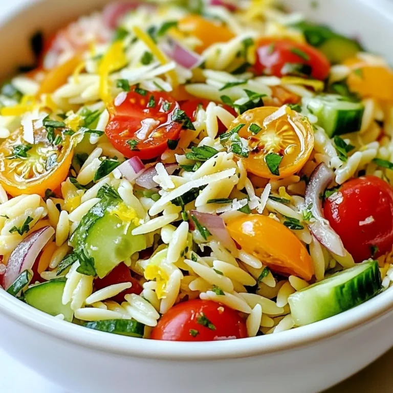 - 1 cup orzo pasta - 2 cups vegetable broth - 1 cup cherry tomatoes, halved - 1/2 cucumber, diced - 1/3 cup red onion, finely chopped - 1/2 cup grated Parmesan cheese - 1/4 cup fresh parsley, chopped - 1/4 cup olive oil - 2 tablespoons lemon juice - Zest of 1 lemon - Salt and pepper to taste The base of this salad starts with orzo pasta. It cooks quickly and gives a nice texture. I use vegetable broth instead of water for richer flavor. The cherry tomatoes add sweetness, while cucumber brings crunch. Red onion gives a little bite. Parmesan cheese is key. It adds creaminess and umami. Fresh parsley brightens the dish with color and flavor. Olive oil acts as the dressing base, while lemon juice and zest provide a zesty kick. You can adjust salt and pepper to your taste. It's all about balance. This salad is fresh, light, and perfect for any meal. Enjoy mixing these simple, bright ingredients! - Additional parsley - Extra Parmesan cheese Adding extra parsley or cheese on top makes the dish pop. It looks nice and adds more flavor. Plus, it makes a great presentation. {{ingredient_image_1}} To start, you need to boil the vegetable broth. Pour two cups of broth into a medium pot. Bring it to a rolling boil over medium heat. Once it boils, add one cup of orzo pasta. Cook the orzo according to the package instructions. I usually aim for it to be al dente, which takes about 8 to 10 minutes. After cooking, drain the orzo and set it aside to cool. Make sure it cools down completely before mixing it with other ingredients. In a large mixing bowl, combine the cooled orzo with colorful veggies. Add one cup of halved cherry tomatoes, half a diced cucumber, one-third cup of finely chopped red onion, and one-quarter cup of chopped fresh parsley. Stir gently to mix everything well. Next, you’ll prepare the dressing. In a small bowl, whisk together a quarter cup of olive oil, two tablespoons of lemon juice, the zest of one lemon, and salt and pepper to taste. Pour the dressing over the salad and toss gently to coat all the ingredients. For the best flavor, let the salad sit in the refrigerator for at least 30 minutes before serving. This helps all the flavors blend nicely. When serving, I recommend using a large bowl or individual plates. Garnish with extra parsley and a sprinkle of grated Parmesan for a nice touch. Serve it cool or at room temperature for a refreshing experience. To make sure your orzo is al dente, follow the package instructions. Usually, it takes about 8-10 minutes. Test it a minute or two before the time is up. It should be firm but not hard. Once cooked, drain it quickly. Cooling the orzo is key. Rinse it under cold water. This stops the cooking and keeps it from getting mushy. You can boost flavor by adding spices or fresh herbs. Try basil, dill, or even a pinch of red pepper flakes. They add depth and make the dish pop. For more zing, adjust the lemon. If you want it tart, add a little more lemon juice. Taste as you go, and make it yours. To serve the orzo salad nicely, use a large bowl or individual plates. A big bowl lets everyone scoop their own. If you use plates, it looks fancy. Garnish with extra parsley and a sprinkle of Parmesan cheese. This adds color and makes the dish more inviting. Enjoy your beautiful creation! Pro Tips Use Fresh Ingredients: For the best flavor, opt for fresh cherry tomatoes and parsley. They enhance the salad's overall taste and appearance. Chill Before Serving: Allowing the salad to sit in the refrigerator for at least 30 minutes lets the flavors meld together, making it even more delicious. Experiment with Add-ins: Feel free to customize your salad by adding ingredients like olives, bell peppers, or even grilled chicken for added protein and flavor. Adjust the Dressing: If you prefer a tangier taste, increase the lemon juice slightly. Always taste and adjust seasoning to suit your palate. {{image_2}} You can make this salad even better by adding protein. Grilled chicken or shrimp pairs well with the fresh flavors. Simply slice the cooked chicken or shrimp and mix it in. If you want a vegetarian option, use chickpeas. They add protein and a nice texture without meat. You can use one cup of chickpeas for a hearty meal. Feel free to switch up the veggies in this salad. Seasonal vegetables like bell peppers, zucchini, or spinach can add color and flavor. Adjust the amount of each veggie to suit your taste. If you love cucumbers, add more! The key is to create a mix that you enjoy. To change the flavor, try adding different herbs like basil or dill. Fresh herbs can really brighten the dish. You can also substitute vinegar for lemon juice. A splash of balsamic vinegar gives a sweet touch. Experiment to find what you love best! To store your Lemon Parmesan Orzo Salad, place it in an airtight container. This helps keep it fresh and tasty. If you store it well, it will last about three to four days in the fridge. Before serving, give it a good stir. The flavors blend nicely after resting. If it seems dry, add a little olive oil or lemon juice to freshen it up. Can you freeze orzo salad? Yes, but it may change texture. To freeze, place the salad in a freezer-safe container. Leave space at the top since it expands when frozen. It’s best to eat it within one month for the best taste. When you’re ready to eat, thaw it in the fridge overnight. Once thawed, stir it well and taste. You may need to add more lemon juice or olive oil to revive the flavors. Lemon Parmesan Orzo Salad stays fresh for about three to five days in the fridge. To keep it tasty, store it in an airtight container. Make sure to check for any signs of spoilage, like an off smell or discoloration. If you notice any changes, it’s best to toss it. Yes, you can make this salad ahead of time! I often prepare it a day in advance. This allows the flavors to blend nicely. If you choose to do this, cover it and chill it in the fridge. Just remember to add the cheese right before serving for the best texture. If you can’t find orzo, other grains work well. Try using quinoa or couscous for a different texture. You can also use small pasta shapes like ditalini or acini di pepe. These options keep the salad light and fresh, just like the orzo. This blog post covered a delightful Lemon Parmesan Orzo Salad. We explored essential ingredients, instructions, tips, variations, and storage information. You can enjoy this salad fresh or adjust it to your taste. Remember to keep it colorful and flavorful with your chosen veggies. Don’t hesitate to experiment with different proteins or dressings. This dish is not just a meal; it’s versatile and easy. Enjoy trying these tips and making your orzo salad shine in every bite.