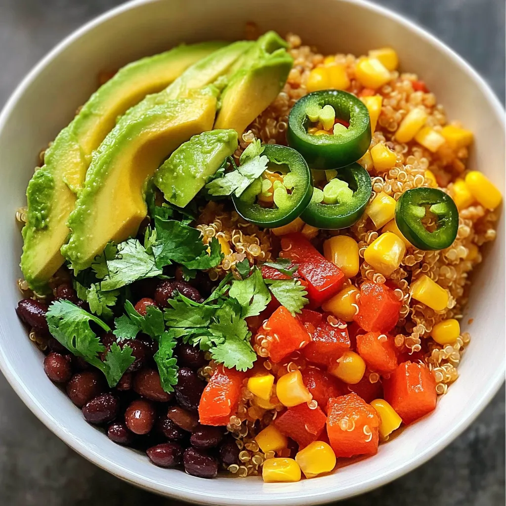 - 1 cup quinoa, rinsed and drained - 2 cups vegetable broth - 1 tablespoon olive oil - 1 small onion, diced - 3 cloves garlic, minced - 1 red bell pepper, diced - 1 can (15 oz) black beans, rinsed and drained - 1 can (15 oz) corn, drained Quinoa is the star of this dish. It is a tasty grain full of protein. I always rinse it first to remove any bitter taste. The vegetable broth brings great flavor. I love using a low-sodium version for a balanced taste. Olive oil adds richness and helps sauté the veggies. - 1 tablespoon ground cumin - 1 tablespoon chili powder - ½ teaspoon smoked paprika - 1 teaspoon salt - ½ teaspoon black pepper Spices make this quinoa bowl special. Cumin adds a warm, earthy flavor. Chili powder gives it a nice kick. Smoked paprika adds depth with its smoky taste. Salt and black pepper enhance all the flavors. - 1 avocado, diced - 1 lime, juiced - Fresh cilantro, chopped (for garnish) - Jalapeño slices (optional, for extra heat) Fresh ingredients brighten the bowl. Diced avocado adds creaminess and balances the spice. Lime juice gives a zesty touch. Fresh cilantro adds a burst of flavor. If you like heat, jalapeño slices are a fun addition. {{ingredient_image_1}} 1. Rinsing and draining the quinoa Start by rinsing the quinoa under cold water. This removes the bitter coating. Drain it well. 2. Cooking quinoa in vegetable broth In a medium saucepan, combine the rinsed quinoa and vegetable broth. Bring it to a boil over medium-high heat. Then, reduce the heat to low. Cover the pot and let it simmer for about 15 minutes. The quinoa will absorb the broth. 3. Fluffing the quinoa after cooking Once the liquid is absorbed, remove the pot from heat. Let it sit covered for 5 minutes. Use a fork to fluff the quinoa before serving. 1. Heating olive oil and sautéing onion In a large skillet, heat 1 tablespoon of olive oil over medium heat. Add the diced onion. Sauté for about 3-4 minutes until it becomes soft. 2. Adding garlic and red bell pepper Next, add 3 cloves of minced garlic and 1 diced red bell pepper to the skillet. Cook for another 3-4 minutes until they soften. 3. Mixing in black beans and corn Stir in 1 can of black beans and 1 can of corn. Add the ground cumin, chili powder, smoked paprika, salt, and black pepper. Cook this mixture for 5-7 minutes until heated through. 1. Mixing cooked quinoa with sautéed vegetables Combine the cooked quinoa with the sautéed vegetable mixture. Stir well to ensure even mixing. 2. Adding lime juice for flavor Squeeze the juice of one lime over the mixture. Stir again to blend the flavors together. Now your Spicy Mexican Quinoa Bowl is ready to serve! You can add diced avocado and fresh cilantro on top for a burst of flavor. Enjoy! To get perfect quinoa, rinse it well. This removes the bitter coating. Use two cups of vegetable broth for one cup of quinoa. Bring it to a boil, then lower the heat. Cover it and let it simmer for about 15 minutes. After that, let it rest for five minutes. Fluff it with a fork to make it light and airy. For sautéing vegetables, start with medium heat. Heat your olive oil in a large skillet. Add diced onion first and cook for three to four minutes. It should soften but not brown. Then, add minced garlic and red bell pepper. Sauté for another three to four minutes. This builds great flavor in your dish. If you want more heat, try adding cayenne pepper or extra chili powder. You can also use fresh jalapeños for a spicy kick. For more depth, consider adding smoked paprika or even chipotle powder. For toppings, think beyond avocado and cilantro. You can add crumbled feta cheese or fresh lime wedges. Sliced radishes can add a nice crunch. You could also sprinkle some pumpkin seeds for texture. To serve the quinoa bowl attractively, use deep, colorful bowls. Layer the quinoa first, then add your sautéed veggies. Top with diced avocado and a sprinkle of cilantro. Drizzle some lime juice on top for a fresh touch. Consider using rustic dishes like wooden bowls or colorful ceramics. These enhance the visual appeal of your meal. You can also serve it on a large platter, letting everyone scoop their own portions. Pro Tips Rinse Quinoa: Always rinse quinoa before cooking to remove its natural coating, called saponin, which can make it taste bitter. Flavorful Broth: Using vegetable broth instead of water adds depth and richness to the quinoa, enhancing the overall flavor of the dish. Customize Veggies: Feel free to add or substitute any of your favorite vegetables, such as zucchini or spinach, for added nutrition and flavor. Serving Suggestions: This quinoa bowl is versatile; serve it warm or cold, and it pairs well with grilled chicken or shrimp for added protein. {{image_2}} You can switch up the grains in your Spicy Mexican Quinoa Bowl. Brown rice or farro works well. Both add a nutty flavor and different textures. You can also use millet or couscous for a fun twist. For beans, black beans are great, but feel free to use pinto or kidney beans. They add their own taste and texture. You can also mix in chickpeas for extra protein. When it comes to veggies, the choices are endless! Try corn, diced zucchini, or even roasted sweet potatoes for added sweetness. If you're looking to make this bowl vegan, you're in luck! The recipe is already plant-based. Just ensure your vegetable broth is vegan. For a gluten-free option, check your broth and spices to ensure they are free of gluten. Want a low-carb meal? Swap quinoa for cauliflower rice. It cooks quickly and absorbs flavors well. You can also cut down on the beans or corn for fewer carbs. Herbs and spices can change the whole dish. Try adding fresh cilantro or parsley for a bright taste. You can also use dried oregano or thyme for a different flavor. To adjust heat, use different peppers. For a milder taste, try bell peppers or poblano peppers. If you love spice, add serrano or habanero peppers. Just remember to taste as you go to find your perfect level of heat! To store your Spicy Mexican Quinoa Bowl, let it cool first. Place leftovers in airtight containers. Use glass or BPA-free plastic containers to keep it fresh. This bowl stays good in the fridge for up to four days. Always label your containers with the date to track freshness. To freeze the quinoa bowl, use freezer-safe containers. Portion out servings for easy use later. Make sure to leave some space at the top, as the quinoa expands when frozen. For best results, eat it within three months. Thaw the bowl in the fridge overnight before reheating. You can also use the microwave for quick thawing. Reheat until it's hot all the way through. The Spicy Mexican Quinoa Bowl lasts four days in the fridge. If frozen, it maintains quality for about three months. Always check for any off smells or changes in color before consuming. Keeping it stored properly helps ensure you enjoy every bite! To make quinoa less sticky, rinse it well before cooking. Use a fine mesh strainer. This removes the natural coating called saponin. Rinse until the water runs clear. For cooking, use a 2:1 ratio of broth to quinoa. This helps it cook evenly. After cooking, let it sit for five minutes. Then, fluff it gently with a fork. This keeps the grains separate. Yes, you can prepare this dish ahead of time. Cook the quinoa and sauté the veggies in advance. Store them in separate containers in the fridge. This keeps flavors fresh. When ready to serve, mix them together and heat as needed. You can also pack the bowl for lunch. Just add the avocado and lime juice just before eating. You can serve many sides with a Spicy Mexican Quinoa Bowl. Here are some ideas: - Fresh salsa or pico de gallo - Guacamole or spicy avocado dip - Tortilla chips for crunch - A side salad with lime dressing - Grilled corn on the cob - Jicama sticks with chili powder These sides add flavor and make the meal more fun! This blog post shared a delicious Spicy Mexican Quinoa Bowl recipe. We explored its main ingredients like quinoa, black beans, and fresh veggies. I provided step-by-step instructions, cooking tips, and storage info. Variations allow you to customize the bowl to fit your taste and dietary needs. Enjoy making this hearty meal! It’s full of flavor, healthy, and easy to organize. Try it out, and have fun with the variations! Your dinner plans just got a tasty upgrade.