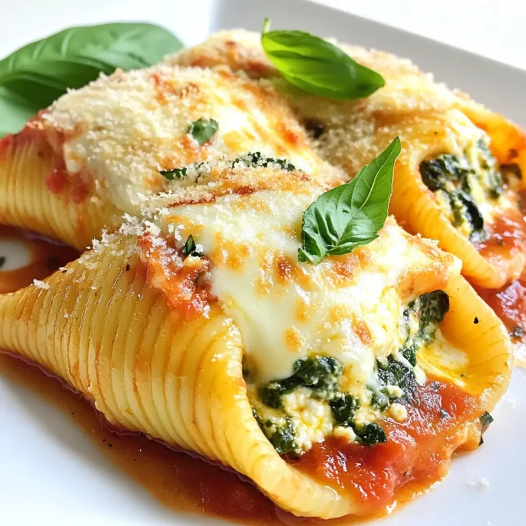 To make spinach ricotta stuffed shells, you need a few key ingredients. Start with 12 jumbo pasta shells. These shells hold all the tasty filling. You will also need 2 cups of fresh spinach, chopped. Fresh spinach adds flavor and nutrition. Finally, use 1 cup of ricotta cheese. This cheese gives the filling a creamy texture. Cheese makes this dish rich and delicious. You will use 1 cup of shredded mozzarella cheese. This cheese melts beautifully and adds a gooey texture. You also need 1/2 cup of grated Parmesan cheese for a salty kick. For seasoning, include 1 teaspoon of garlic powder and 1 teaspoon of onion powder. These spices enhance the flavors. Add 1/2 teaspoon of salt and 1/4 teaspoon of black pepper for extra taste. No dish is complete without sauce. You need 2 cups of marinara sauce. You can use store-bought or homemade sauce. It adds moisture and flavor to the dish. Lastly, fresh basil leaves are a great garnish. They add a pop of color and fresh taste. {{ingredient_image_1}} First, you need to cook the jumbo pasta shells. Boil water in a large pot. Add the shells and cook them for about 10 minutes. Check the package for exact times. You want them al dente, which means they should be firm but not hard. Drain the shells and set them aside to cool. In a big bowl, mix the chopped spinach and ricotta cheese. Add half of the mozzarella cheese and 1/4 cup of Parmesan cheese. Then, sprinkle in the garlic powder, onion powder, salt, and black pepper. Mix everything well until it looks creamy. This filling is tasty and very easy to make. Now it’s time to stuff the shells. Take a shell and fill it with about 2 tablespoons of the spinach and ricotta mix. Place each stuffed shell in a 9x13 inch baking dish, open side up. Spread 1 cup of marinara sauce on the bottom of the dish. After that, pour the rest of the marinara sauce over the shells. Top it off with the remaining mozzarella and Parmesan cheese. Cover the dish with aluminum foil and bake at 375°F (190°C) for 25 minutes. After that, remove the foil and bake for another 10 to 15 minutes. This will make the cheese bubbly and golden. Let it cool for a bit, then garnish with fresh basil leaves. Enjoy your savory delight! To make the filling creamy, mix ricotta cheese with your spinach well. Use fresh spinach for the best taste. Chop it finely to blend smoothly. You can add a bit of extra mozzarella for more creaminess as well. If you want a richer flavor, try adding a pinch of nutmeg. This secret twist can elevate your dish to new heights. For perfect melted cheese, cover your dish with foil for the first part of baking. This keeps moisture in, making the cheese gooey. Remove the foil in the last 10-15 minutes to get that golden crust. If you want even more flavor, add a sprinkle of Italian seasoning on top before baking. This small step can enhance the overall taste. Serve your Spinach Ricotta Stuffed Shells with a fresh side salad. A mix of greens and a light vinaigrette pairs nicely. You can also add garlic bread for a comforting touch. For a garnish, use fresh basil leaves to add color and flavor. Keep the meal light and enjoyable with these simple sides! Pro Tips Choose the Right Shells: Make sure to use jumbo pasta shells for the best filling and presentation. Smaller shells may not hold enough filling. Fresh Spinach vs. Frozen: Fresh spinach gives a brighter flavor and texture, but if using frozen, be sure to drain it well to avoid excess moisture. Layering Marinara Sauce: For extra flavor, mix a little of the marinara sauce with the ricotta filling before stuffing the shells. Rest Before Serving: Allow the dish to rest for a few minutes after baking. This helps the cheese set a bit, making it easier to serve. {{image_2}} You can change the cheese mix for a unique taste. Try using gouda or feta. These cheeses add new flavors and textures. Mixing in cream cheese gives a richer filling. You can also use a blend of cheeses for more depth. For a sharper taste, add aged cheddar. Each cheese choice makes the dish special. Adding veggies boosts nutrition and flavor. You can mix in cooked mushrooms or zucchini. These add moisture and a nice earthiness to the shells. Bell peppers provide sweetness, while artichokes add a tangy bite. For a fresh twist, try adding chopped sun-dried tomatoes. Their flavor shines through the creamy filling and marinara sauce. Herbs can truly elevate your dish. Fresh basil adds a sweet aroma that pairs well with ricotta. Try mixing in chopped parsley or oregano for a savory kick. You can also sprinkle some red pepper flakes for heat. For a unique twist, add a pinch of nutmeg. This spice enhances the creamy filling and adds warmth. After you cook the spinach ricotta stuffed shells, let them cool. Cover the dish with plastic wrap or foil. Store it in the fridge for up to three days. If you want to keep them longer, consider freezing. To freeze the stuffed shells, first cool them completely. Place them in a freezer-safe container. You can also use an airtight bag. They will last for up to three months in the freezer. When you want to eat them, thaw in the fridge overnight before reheating. For reheating, preheat your oven to 350°F (175°C). Place the stuffed shells in an oven-safe dish. Cover with foil to keep them moist. Bake for about 20 to 25 minutes until heated through. You can also microwave them for quicker results, but they may not be as crispy. Enjoy your delicious dish! Yes, you can use frozen spinach. Just thaw it first. Squeeze out the water. This helps keep the filling from being too soggy. Frozen spinach is a great time-saver. It still packs a lot of flavor. If you don’t have ricotta cheese, you can use cottage cheese. It has a similar taste and texture. You can also blend it for a smoother feel. Cream cheese works well too, but it is richer. Adjust the seasoning to balance the taste. To make this dish gluten-free, use gluten-free pasta shells. For a vegan option, try cashew cheese or tofu instead of ricotta. Replace mozzarella and Parmesan with dairy-free cheese. Adjust the seasonings to keep the flavor. Always check labels for hidden allergens. This blog post covered how to make a delicious spinach and ricotta dish. We explored the key ingredients, from the pasta shells to the tasty sauce. I shared step-by-step instructions that guide you in preparing and baking it. Tips on perfecting the filling and serving ideas add extra value. You can also customize the dish with various cheeses and veggies. Lastly, I included storage tips for freshness. With everything you learned today, you’re ready to try this recipe and impress everyone at the table. Enjoy!