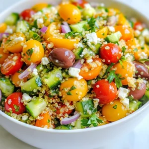 - 1 cup quinoa, rinsed - 1 cup cherry tomatoes, halved - 1 cucumber, diced - 1/2 red onion, finely chopped - 1/2 cup Kalamata olives, pitted and sliced - 1/2 cup feta cheese, crumbled - 1/4 cup fresh parsley, chopped In this salad, quinoa acts as a great base. It’s light, fluffy, and packed with protein. Using fresh vegetables adds crunch and vibrant colors. Cherry tomatoes bring sweetness, while cucumbers add a refreshing bite. Red onion gives a nice sharpness, balancing the flavors well. Kalamata olives add a salty depth, and feta cheese provides a creamy texture. The fresh parsley brings it all together with its bright flavor. - 1/4 cup olive oil - 2 tablespoons lemon juice - 1 teaspoon dried oregano - Salt and pepper to taste The dressing is simple yet flavorful. Olive oil adds richness, while lemon juice gives it a zesty kick. Dried oregano brings an earthy note that ties in the Mediterranean theme. Salt and pepper enhance all the flavors, making the salad pop. - Approximately 250 calories per serving - 10g protein, 15g fat, 25g carbs per serving - Quinoa is a complete protein, making it great for vegetarians. This salad is not just tasty; it’s also nutritious. Quinoa is packed with protein and fiber. The fresh veggies provide vitamins and minerals. Feta cheese adds calcium, while olives offer healthy fats. Together, these ingredients create a wholesome dish that supports a healthy diet. {{ingredient_image_1}} Start by rinsing 1 cup of quinoa under cold water. This helps remove any bitter taste. Next, take a saucepan and combine the rinsed quinoa with 2 cups of vegetable broth. Bring this mixture to a boil. Once it boils, reduce the heat to low, cover, and let it simmer for about 15 minutes. You will know it’s done when the quinoa is fluffy and the liquid is absorbed. Afterward, use a fork to fluff the quinoa and set it aside to cool. While the quinoa cools, chop your vegetables and herbs. You will need 1 cup of halved cherry tomatoes, 1 diced cucumber, and 1/2 finely chopped red onion. Add 1/2 cup of sliced Kalamata olives and 1/4 cup of chopped fresh parsley to the bowl. Once everything is chopped, mix these ingredients in a large bowl. In a small bowl, whisk together 1/4 cup of olive oil, 2 tablespoons of lemon juice, and 1 teaspoon of dried oregano. Season with salt and pepper to taste. This dressing will bring all the flavors together. If you want a bolder taste, adjust the lemon juice or oil to your liking. After mixing, pour the dressing over the salad and add the cooled quinoa. Gently toss all the ingredients together until well combined. Let the salad sit for at least 15 minutes. This allows the flavors to meld beautifully before serving. To make your quinoa salad shine, start with the right technique. Fluffing quinoa correctly is key. Once the quinoa is cooked, use a fork to gently separate the grains. This helps prevent clumping and gives a light texture. Let it cool to room temperature before mixing it with your veggies. For marinating, let your salad sit for at least 15 minutes. This time allows the flavors to blend well. The longer you wait, the better the taste! Presentation can elevate your dish. Serve the salad in a large bowl. Top it with extra feta and a sprinkle of fresh parsley for color. For a fun twist, use clear cups for individual servings. This way, you can showcase all the vibrant layers. Pair your salad with grilled meats. Chicken or lamb works great and adds protein. You can also serve it with pita bread for a complete meal. Watch out for overcooking your quinoa. If you cook it too long, it can become mushy. Stick to about 15 minutes for perfect results. Don't skimp on seasoning! A little salt and pepper can make a huge difference. Taste your salad after mixing and adjust as needed. This ensures every bite is full of flavor. Pro Tips Rinse the Quinoa: Always rinse quinoa thoroughly before cooking to remove its natural coating, called saponin, which can taste bitter. Use Fresh Herbs: Fresh parsley adds a vibrant flavor to the salad, but you can also experiment with other herbs like mint or basil for a different twist. Chill Before Serving: For the best flavor, let the salad chill in the refrigerator for at least 30 minutes before serving; this allows the ingredients to marinate. Customize Your Ingredients: Feel free to add or substitute ingredients based on your preference, such as bell peppers, chickpeas, or avocado for added texture and nutrition. {{image_2}} You can easily switch grains in this salad. Couscous or bulgur works well, too. These grains offer a different texture and flavor. For a vegetarian option, keep the feta. If you want it vegan, replace the feta with avocado or a nut-based cheese. Want to add crunch? Toss in some nuts or seeds like almonds or sunflower seeds. They add great texture and taste. You can also mix up the dressing. Try balsamic vinegar or tahini for a new twist. Each dressing gives the salad a unique flair. This salad shines in summer. Add seasonal veggies like bell peppers, zucchini, or corn for fresh flavors. In winter, roast vegetables like sweet potatoes or Brussels sprouts. They add warmth and depth to the dish. Each season brings new life to your Mediterranean quinoa salad! To keep your Mediterranean quinoa salad fresh, store it in an airtight container. Place the salad in the fridge as soon as you finish eating. This method helps keep flavors intact. Your salad will stay fresh for about three to five days. Check for any signs of spoilage before eating. You can freeze quinoa salad, but be aware it may lose some texture. To freeze, place the salad in a freezer-safe container. Make sure to leave space for expansion. When you want to eat it, move the salad to the fridge to thaw overnight. For a quicker option, you can thaw it in a bowl of cold water. Reheat quinoa salad gently to keep its texture. Use the microwave or a stovetop pan. If using a microwave, heat in short bursts, stirring often. On the stovetop, add a splash of water to keep it moist. This method helps maintain the salad's fresh flavors. You can add proteins to make your salad heartier. Here are some great options: - Grilled chicken or shrimp - Chickpeas or black beans - Hard-boiled eggs - Tofu or tempeh - Sliced turkey or ham Adding these ingredients boosts the protein content. This makes the meal more satisfying. You can mix and match these proteins based on your taste. Yes, you can prepare this salad ahead. Make it a day before serving for great flavor. Here are some tips for meal prep: - Cook the quinoa and let it cool. - Chop the veggies and store them in the fridge. - Mix the dressing separately and keep it sealed. - Combine everything just before serving. This helps keep the salad fresh and crisp. Mediterranean Quinoa Salad has many serving styles. Here are some ideas: - Serve in a large bowl for sharing. - Use clear cups for individual servings. - Garnish with extra feta and parsley for flair. - Pair it with grilled meats for a complete meal. This salad works well for picnics, potlucks, and gatherings. It’s a colorful and tasty dish that everyone will enjoy! This blog post covered how to make a delicious Mediterranean quinoa salad. We discussed key ingredients like quinoa, fresh veggies, herbs, and a tasty dressing. I shared step-by-step cooking instructions and tips to perfect your salad. Remember, adjusting flavors and exploring variations can keep your meals exciting. By storing properly, you can enjoy leftovers later. Make this dish a staple for any occasion—healthy, tasty, and easy to prepare. You'll love how it brightens your table and your meals!