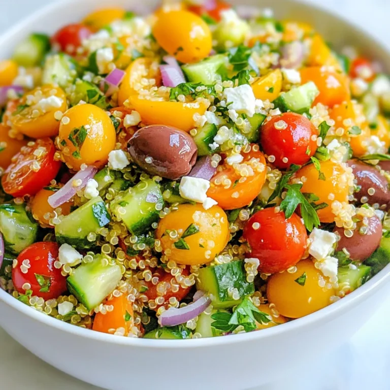 - 1 cup quinoa, rinsed - 1 cup cherry tomatoes, halved - 1 cucumber, diced - 1/2 red onion, finely chopped - 1/2 cup Kalamata olives, pitted and sliced - 1/2 cup feta cheese, crumbled - 1/4 cup fresh parsley, chopped In this salad, quinoa acts as a great base. It’s light, fluffy, and packed with protein. Using fresh vegetables adds crunch and vibrant colors. Cherry tomatoes bring sweetness, while cucumbers add a refreshing bite. Red onion gives a nice sharpness, balancing the flavors well. Kalamata olives add a salty depth, and feta cheese provides a creamy texture. The fresh parsley brings it all together with its bright flavor. - 1/4 cup olive oil - 2 tablespoons lemon juice - 1 teaspoon dried oregano - Salt and pepper to taste The dressing is simple yet flavorful. Olive oil adds richness, while lemon juice gives it a zesty kick. Dried oregano brings an earthy note that ties in the Mediterranean theme. Salt and pepper enhance all the flavors, making the salad pop. - Approximately 250 calories per serving - 10g protein, 15g fat, 25g carbs per serving - Quinoa is a complete protein, making it great for vegetarians. This salad is not just tasty; it’s also nutritious. Quinoa is packed with protein and fiber. The fresh veggies provide vitamins and minerals. Feta cheese adds calcium, while olives offer healthy fats. Together, these ingredients create a wholesome dish that supports a healthy diet. {{ingredient_image_1}} Start by rinsing 1 cup of quinoa under cold water. This helps remove any bitter taste. Next, take a saucepan and combine the rinsed quinoa with 2 cups of vegetable broth. Bring this mixture to a boil. Once it boils, reduce the heat to low, cover, and let it simmer for about 15 minutes. You will know it’s done when the quinoa is fluffy and the liquid is absorbed. Afterward, use a fork to fluff the quinoa and set it aside to cool. While the quinoa cools, chop your vegetables and herbs. You will need 1 cup of halved cherry tomatoes, 1 diced cucumber, and 1/2 finely chopped red onion. Add 1/2 cup of sliced Kalamata olives and 1/4 cup of chopped fresh parsley to the bowl. Once everything is chopped, mix these ingredients in a large bowl. In a small bowl, whisk together 1/4 cup of olive oil, 2 tablespoons of lemon juice, and 1 teaspoon of dried oregano. Season with salt and pepper to taste. This dressing will bring all the flavors together. If you want a bolder taste, adjust the lemon juice or oil to your liking. After mixing, pour the dressing over the salad and add the cooled quinoa. Gently toss all the ingredients together until well combined. Let the salad sit for at least 15 minutes. This allows the flavors to meld beautifully before serving. To make your quinoa salad shine, start with the right technique. Fluffing quinoa correctly is key. Once the quinoa is cooked, use a fork to gently separate the grains. This helps prevent clumping and gives a light texture. Let it cool to room temperature before mixing it with your veggies. For marinating, let your salad sit for at least 15 minutes. This time allows the flavors to blend well. The longer you wait, the better the taste! Presentation can elevate your dish. Serve the salad in a large bowl. Top it with extra feta and a sprinkle of fresh parsley for color. For a fun twist, use clear cups for individual servings. This way, you can showcase all the vibrant layers. Pair your salad with grilled meats. Chicken or lamb works great and adds protein. You can also serve it with pita bread for a complete meal. Watch out for overcooking your quinoa. If you cook it too long, it can become mushy. Stick to about 15 minutes for perfect results. Don't skimp on seasoning! A little salt and pepper can make a huge difference. Taste your salad after mixing and adjust as needed. This ensures every bite is full of flavor. Pro Tips Rinse the Quinoa: Always rinse quinoa thoroughly before cooking to remove its natural coating, called saponin, which can taste bitter. Use Fresh Herbs: Fresh parsley adds a vibrant flavor to the salad, but you can also experiment with other herbs like mint or basil for a different twist. Chill Before Serving: For the best flavor, let the salad chill in the refrigerator for at least 30 minutes before serving; this allows the ingredients to marinate. Customize Your Ingredients: Feel free to add or substitute ingredients based on your preference, such as bell peppers, chickpeas, or avocado for added texture and nutrition. {{image_2}} You can easily switch grains in this salad. Couscous or bulgur works well, too. These grains offer a different texture and flavor. For a vegetarian option, keep the feta. If you want it vegan, replace the feta with avocado or a nut-based cheese. Want to add crunch? Toss in some nuts or seeds like almonds or sunflower seeds. They add great texture and taste. You can also mix up the dressing. Try balsamic vinegar or tahini for a new twist. Each dressing gives the salad a unique flair. This salad shines in summer. Add seasonal veggies like bell peppers, zucchini, or corn for fresh flavors. In winter, roast vegetables like sweet potatoes or Brussels sprouts. They add warmth and depth to the dish. Each season brings new life to your Mediterranean quinoa salad! To keep your Mediterranean quinoa salad fresh, store it in an airtight container. Place the salad in the fridge as soon as you finish eating. This method helps keep flavors intact. Your salad will stay fresh for about three to five days. Check for any signs of spoilage before eating. You can freeze quinoa salad, but be aware it may lose some texture. To freeze, place the salad in a freezer-safe container. Make sure to leave space for expansion. When you want to eat it, move the salad to the fridge to thaw overnight. For a quicker option, you can thaw it in a bowl of cold water. Reheat quinoa salad gently to keep its texture. Use the microwave or a stovetop pan. If using a microwave, heat in short bursts, stirring often. On the stovetop, add a splash of water to keep it moist. This method helps maintain the salad's fresh flavors. You can add proteins to make your salad heartier. Here are some great options: - Grilled chicken or shrimp - Chickpeas or black beans - Hard-boiled eggs - Tofu or tempeh - Sliced turkey or ham Adding these ingredients boosts the protein content. This makes the meal more satisfying. You can mix and match these proteins based on your taste. Yes, you can prepare this salad ahead. Make it a day before serving for great flavor. Here are some tips for meal prep: - Cook the quinoa and let it cool. - Chop the veggies and store them in the fridge. - Mix the dressing separately and keep it sealed. - Combine everything just before serving. This helps keep the salad fresh and crisp. Mediterranean Quinoa Salad has many serving styles. Here are some ideas: - Serve in a large bowl for sharing. - Use clear cups for individual servings. - Garnish with extra feta and parsley for flair. - Pair it with grilled meats for a complete meal. This salad works well for picnics, potlucks, and gatherings. It’s a colorful and tasty dish that everyone will enjoy! This blog post covered how to make a delicious Mediterranean quinoa salad. We discussed key ingredients like quinoa, fresh veggies, herbs, and a tasty dressing. I shared step-by-step cooking instructions and tips to perfect your salad. Remember, adjusting flavors and exploring variations can keep your meals exciting. By storing properly, you can enjoy leftovers later. Make this dish a staple for any occasion—healthy, tasty, and easy to prepare. You'll love how it brightens your table and your meals!