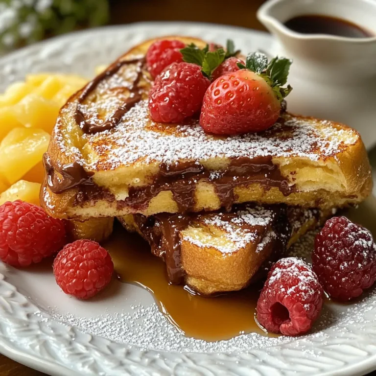 To make Nutella Stuffed French Toast, gather these simple ingredients: - 4 slices thick bread (brioche or challah) - 4 tablespoons Nutella - 2 large eggs - 1/2 cup milk - 1 teaspoon vanilla extract - 1/2 teaspoon ground cinnamon - 1 tablespoon butter (for cooking) - Powdered sugar (for dusting) - Fresh berries (for garnish, optional) - Maple syrup (for serving, optional) Using thick bread like brioche or challah gives the best texture. Nutella adds rich flavor and creamy goodness. Eggs and milk create a custard base, while vanilla and cinnamon enhance the taste. Butter helps achieve a golden crust when cooking. You can dust with powdered sugar for a sweet touch. Fresh berries and maple syrup are great for serving. Each ingredient plays a role in making this dish a delight. {{ingredient_image_1}} - Take two slices of thick bread. - Spread 2 tablespoons of Nutella on each slice. - Top with the remaining bread slices to form two Nutella sandwiches. - In a mixing bowl, whisk together 2 large eggs. - Add 1/2 cup of milk, 1 teaspoon of vanilla extract, and 1/2 teaspoon of ground cinnamon. - Mix until fully combined and smooth. - Place a non-stick skillet on medium heat. - Melt 1 tablespoon of butter in the skillet. - Ensure the butter coats the bottom evenly. - Carefully dip each Nutella sandwich into the egg mixture. - Make sure each side is well-coated but not too soggy. - Place the soaked sandwiches into the heated skillet. - Cook for about 3-4 minutes on each side. - Look for a golden brown color and slight crispiness on the outside. - Once cooked, remove the sandwiches from the skillet. - Let them rest on a cutting board for a moment. - Dust with powdered sugar and slice them diagonally for a nice look. - Serve warm, and add fresh berries or maple syrup if you like. To make Nutella stuffed French toast, spread Nutella evenly. Use two tablespoons on each slice. This ensures every bite is rich and chocolaty. Press the slices together gently to seal. This helps keep the Nutella inside during cooking. Cook on medium heat for the best texture. If the heat is too high, the outside burns before the inside cooks. Aim for 3-4 minutes per side. Look for a golden brown color. This means it is crispy outside and soft inside. Presentation matters! After cooking, dust with powdered sugar. This adds a nice touch. Cut the toast diagonally for a beautiful look. Serve with fresh berries on the side. Drizzle with maple syrup for extra sweetness. It makes the dish inviting and fun! Pro Tips Choose the Right Bread: Using thick, airy bread like brioche or challah will give your French toast a fluffy texture and absorb the egg mixture without becoming soggy. Perfect Egg Mixture: Make sure to whisk the eggs and milk thoroughly to create a smooth batter, ensuring each bite is rich and flavorful. Controlled Cooking Temperature: Cooking on medium heat allows the toast to get golden brown without burning. Adjust the heat as needed while cooking. Serving Suggestions: For an elegant presentation, slice the French toast diagonally and serve with a side of fresh berries and a drizzle of maple syrup. {{image_2}} You can make Nutella stuffed French toast even better by adding fruits or nuts. Fresh berries, like strawberries or blueberries, add a burst of flavor. You can also slice bananas and place them inside with the Nutella. If you love crunch, toss in some chopped nuts, like walnuts or hazelnuts. They give a great contrast to the creamy Nutella. Try using flavored breads to change the taste. Cinnamon raisin or chocolate bread can give your toast a new twist. Adding a drop of almond or hazelnut extract to the egg mixture can also enhance the flavor. These small changes can turn a simple dish into something special. If you need gluten-free options, use gluten-free bread. Many brands offer tasty choices. For a vegan version, swap the eggs and milk with almond milk and flaxseed meal. This way, you can enjoy this treat while sticking to your dietary needs. Store leftover Nutella stuffed French toast in an airtight container. Place a piece of parchment paper between layers to keep them from sticking. You can keep them in the fridge for up to three days. This helps maintain their taste and texture. For the best results, reheat French toast in a skillet. Heat the pan over medium-low heat. Add a little butter and place the toast in the pan. Cook for about two to three minutes on each side until warm. You can also use a microwave, but this may make them a bit soggy. To freeze, wrap each piece of French toast tightly in plastic wrap. Place them in a freezer bag. They will stay fresh for up to two months. When ready to eat, thaw in the fridge overnight. Then, reheat in a skillet or toaster for that fresh taste. Yes, you can use regular bread. However, thick bread helps hold the filling better. Thin bread may become soggy when soaked. You might lose some of the rich flavors, too. If you use regular bread, try to toast it first. This will add some crispness to each bite. You can make small changes for a healthier dish. Use whole grain bread for more fiber. You can also swap Nutella for a nut butter with less sugar. Use almond milk instead of regular milk for a lighter option. Lastly, skip the powdered sugar or use less maple syrup. Yes, this recipe can be easily doubled. Just use eight slices of thick bread and adjust the Nutella. You will need more eggs and milk, too. Keep the same ratios for a delicious result. Make sure your skillet is big enough to cook all the sandwiches at once. Nutella-stuffed French toast is a fun and tasty treat. We covered the ingredients you need and step-by-step instructions for making it. You learned tips for perfecting your French toast and ideas for variations. Plus, we looked at storage tips to keep leftovers fresh. Give this recipe a try in your kitchen. Enjoy each sweet bite!