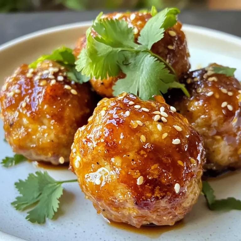 To make teriyaki chicken meatballs, you'll need these key items: - 1 pound ground chicken - 1/4 cup breadcrumbs - 1/4 cup green onions, finely chopped - 1 tablespoon ginger, grated - 2 cloves garlic, minced - 1 tablespoon sesame oil - 2 tablespoons soy sauce (low sodium) - 2 tablespoons honey or maple syrup - 1 tablespoon rice vinegar - 1 teaspoon cornstarch mixed with 1 teaspoon cold water (for thickening the sauce) - Sesame seeds (for garnish) - Fresh cilantro (for garnish) Each ingredient plays a role in creating tasty meatballs. The ground chicken is juicy and tender. Breadcrumbs help bind the meatballs. Green onions add a fresh crunch, while ginger and garlic bring bold flavors. Sesame oil gives a nutty taste that pairs well with the other ingredients. You can boost flavor with a few fun additions: - Red pepper flakes for heat - Pineapple chunks for sweetness - Chopped bell peppers for crunch These extras add unique twists to your dish. Try mixing in red pepper flakes if you like spice. Pineapple can add a tropical flair. Bell peppers can enhance texture and taste. If you have dietary needs, here are some swaps: - Use turkey instead of chicken for leaner meat - Substitute gluten-free breadcrumbs for a gluten-free option - Replace honey with agave syrup for vegan diets These substitutions make the recipe flexible. They allow more people to enjoy these meatballs, regardless of their dietary choices. Each swap maintains the flavor while catering to different needs. {{ingredient_image_1}} First, grab a large bowl. In this bowl, combine the ground chicken, breadcrumbs, chopped green onions, grated ginger, and minced garlic. Add in the sesame oil too. Mix everything well until it looks even. This step is key to getting tasty meatballs. You want to make sure each bite has a bit of everything. Next, preheat your oven to 400°F (200°C). While the oven heats up, line a baking sheet with parchment paper. This makes clean-up easy. Now, form small meatballs from your chicken mixture. Each ball should be about 1 to 1.5 inches wide. Place them on the baking sheet. Bake in your hot oven for 15 to 20 minutes. Look for them to turn golden brown and cook through. While your meatballs bake, it's time to make the teriyaki sauce. In a small saucepan, mix soy sauce, honey or maple syrup, and rice vinegar. Heat this over medium heat until it starts to simmer. Then, add the cornstarch mixed with cold water. Stir constantly for about 2 to 3 minutes. You want the sauce to thicken nicely. Once thick, take it off the heat. When your meatballs are ready, toss them in the teriyaki sauce or serve the sauce on the side for dipping. Enjoy your meal! To make sure your meatballs are juicy and tender, use ground chicken with some fat. A little fat helps keep them moist. Mix the ingredients gently. Don’t overwork the meat. This keeps the meatballs light and fluffy. Form them into small balls, about 1 to 1.5 inches wide. Uniform size helps them cook evenly. For a thicker teriyaki sauce, use cornstarch mixed with water. This simple trick works well. After simmering the sauce, add the cornstarch mix slowly. Stir constantly as it heats. This will create a nice glaze that coats the meatballs perfectly. If the sauce is too thick, add a splash of water to loosen it up. Presentation is key for any dish. After tossing the meatballs in the sauce, place them on a nice serving plate. Sprinkle sesame seeds on top for crunch. Add fresh cilantro for a pop of color and flavor. You can also serve with extra sauce on the side for dipping. This makes your meal look and taste even better! Pro Tips Use Fresh Ingredients: Fresh ginger and garlic will enhance the flavor of your meatballs significantly, making them more aromatic and delicious. Don’t Overmix: When combining the ingredients for the meatballs, mix just until combined to keep them tender and prevent them from becoming tough. Experiment with Sauces: Feel free to adjust the teriyaki sauce with additional ingredients like chili paste or pineapple juice for a unique twist. Serve with Sides: Pair these meatballs with steamed rice or a fresh salad to create a well-rounded meal that complements the flavors. {{image_2}} You can swap ground chicken for lean turkey. Turkey has less fat and keeps the meatballs light. If you want even less fat, try ground chicken breast. It tastes great and stays juicy when cooked right. For a plant-based option, use ground tofu or tempeh. Both options work well. Mix in breadcrumbs and your favorite spices. You can also use lentils or chickpeas as a base. They give the meatballs a hearty texture. Make sure to add some soy sauce for flavor! Add some heat by mixing in red pepper flakes or Sriracha. It gives a nice kick! For a fresh twist, add lime or orange zest to the meatball mix. You can even try adding fresh herbs like basil or mint for a unique flavor. Experimenting with spices can take your meatballs to the next level! After your meal, let the meatballs cool down. Place them in an airtight container. These meatballs stay fresh in the fridge for about 3 to 4 days. If you want to keep them longer, consider freezing them. Avoid stacking them inside the container; this helps keep their shape. To freeze, first let the meatballs cool completely. Arrange them on a baking sheet in a single layer. Freeze them for about an hour. After they freeze, transfer them to a freezer bag. Remove as much air as possible. These meatballs can last in the freezer for up to 3 months. Just label the bag with the date for easy reference. When you're ready to enjoy your meatballs again, reheat them safely. You can use the oven or microwave. For the oven, preheat to 350°F (175°C) and bake for about 10-15 minutes. If using a microwave, place them in a safe dish with a little water, cover it, and heat for about 2-3 minutes. Always check that they are heated through before serving. This way, you keep their tasty teriyaki flavor! To make teriyaki chicken meatballs gluten-free, use gluten-free breadcrumbs. Check the soy sauce label too. Many brands offer gluten-free versions. You can swap regular soy sauce with tamari, which is gluten-free. This change keeps the flavor strong while fitting your diet. Yes, you can easily make teriyaki sauce from scratch. Combine low-sodium soy sauce, honey or maple syrup, and rice vinegar. Heat this mixture in a small pan over medium heat. Add cornstarch mixed with cold water to thicken. Stir until your sauce gets nice and thick. This fresh sauce tastes great on your meatballs. Great sides for teriyaki chicken meatballs include steamed rice or quinoa. You can also serve them with stir-fried veggies, like broccoli or bell peppers. A fresh salad with a light dressing works well too. These sides balance the rich flavors of the meatballs and keep your meal colorful. In this blog post, we covered how to make teriyaki chicken meatballs. We explored key ingredients, step-by-step cooking instructions, and helpful tips. I also shared variations for different diets and tastes. Lastly, I provided storage methods to keep your meatballs fresh. Teriyaki chicken meatballs are versatile and easy to customize. With these tips, you can create a dish that fits your needs and tastes great. Enjoy your cooking, and don’t be afraid to experiment!
