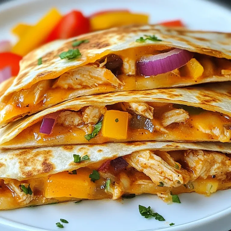 To make BBQ Ranch Chicken Quesadillas, gather these simple items: - 2 cups cooked chicken, shredded - 1 cup BBQ sauce (your choice of heat level) - 1/2 cup ranch dressing - 1 cup shredded cheddar cheese - 1 cup shredded mozzarella cheese - 1 medium red onion, thinly sliced - 1 bell pepper (red or green), thinly sliced - 8 flour tortillas - Olive oil, for grilling - Fresh cilantro, optional for garnish These ingredients create a tasty flavor mix. You can adjust the BBQ sauce to suit your taste. Use mild sauce for kids or spicy for adults. The ranch dressing adds a creamy touch. The blend of cheddar and mozzarella gives the quesadillas a cheesy goodness. You can add your favorite vegetables to make it even better! Enjoy the simple prep and delicious outcome. {{ingredient_image_1}} To start, take a large bowl. Combine 2 cups of shredded chicken with 1 cup of BBQ sauce and 1/2 cup of ranch dressing. Mix well until the chicken is fully coated. This mixture adds a tangy and sweet flavor that pairs perfectly with the quesadillas. Now, let’s get cooking! Preheat a non-stick skillet over medium heat. Drizzle a little olive oil into the skillet. Take one flour tortilla and lay it flat in the skillet. Sprinkle half of the tortilla with a mix of 1 cup of shredded cheddar cheese and 1 cup of shredded mozzarella cheese. Next, add a generous scoop of the BBQ ranch chicken mixture on top of the cheese. Layer on some thinly sliced red onion and bell pepper. Top it all off with a little more cheese. Then, fold the tortilla over to create a half-moon shape. Cook the quesadilla for about 4-5 minutes until it’s golden and crispy. Carefully flip it and cook for another 4-5 minutes. You want both sides crispy and the cheese to be melted. Repeat this process for the remaining tortillas and filling. Once done, remove the quesadillas from the skillet. Let them cool for a moment before cutting them into wedges. Serve warm with extra ranch or BBQ sauce on the side. If you like, garnish with fresh cilantro for that extra touch of flavor! To make a great quesadilla, focus on two key steps: melting the cheese evenly and cooking at the right temperature. - Ensuring even cheese melt: Use a mix of cheddar and mozzarella cheese. These cheeses melt well together. Spread the cheese evenly on the tortilla. This helps it melt perfectly when you cook it. - Ideal cooking temperature for crispy tortillas: Preheat your skillet over medium heat. A non-stick skillet works best. If it’s too hot, you could burn the tortilla. If it’s not hot enough, the quesadilla may become soggy. A good rule is to cook for about 4-5 minutes on each side, until golden and crispy. Enhancing the flavor can take your quesadilla from good to great. Here are some fun ideas. - Adding spices or other ingredients: You can add spices like paprika or cumin for a kick. Sliced jalapeños can also add heat. If you like extra crunch, try adding corn or black beans to the chicken mixture. - Recommended dipping sauces: Serve your quesadillas with ranch or BBQ sauce for dipping. You can also try a spicy salsa or guacamole. These sauces add even more flavor and make each bite exciting. Pro Tips Use Leftover Chicken: Shredded rotisserie chicken works perfectly for this recipe, saving you time and effort. Customize Your Heat: Choose a BBQ sauce that matches your taste – mild for a family-friendly option or spicy for a kick! Perfectly Crispy Quesadillas: Don’t rush the cooking process; allow the tortillas to get golden brown for that ideal crunch. Serve with Dips: Enhance the flavor by serving these quesadillas with extra ranch or BBQ sauce for dipping. {{image_2}} You can easily make these quesadillas meat-free. Just swap the chicken for grilled vegetables or beans. Grilled zucchini, bell peppers, and mushrooms work great. You can also use black beans or pinto beans for extra protein. This twist still gives you that tasty BBQ ranch flavor. If you like heat, add jalapeños or hot sauce to your chicken mix. Slice fresh jalapeños and layer them inside the quesadilla. For an extra boost, drizzle some hot sauce over the filling. This adds a fun kick that spice lovers will enjoy. Feel free to mix up the cheese. Try pepper jack for a spicy twist or gouda for a smoky flavor. You can even blend in some feta for a tangy bite. Mixing cheeses adds depth and keeps each quesadilla unique and delicious. After you enjoy your BBQ Ranch Chicken Quesadillas, store leftovers in the fridge. Place them in an airtight container. This keeps them fresh for about three days. If you want to keep them longer, consider freezing them. Wrap each quesadilla in plastic wrap and then place them in a freezer bag. They can last up to three months in the freezer. Just remember to label the bag with the date for easy tracking. To enjoy your quesadillas again, reheating is key. The best way to reheat them is in a skillet. Heat the skillet over medium heat. Place your quesadilla in the pan without oil. Cook for about three minutes on each side. This keeps the tortilla crispy and warms the filling evenly. You can also use an oven. Preheat to 350°F (175°C) and place the quesadilla on a baking sheet for about 10 minutes. This method works well for multiple quesadillas at once. Enjoy every bite just like the first time! Yes, you can prepare the filling in advance. Combine the shredded chicken, BBQ sauce, and ranch dressing in a bowl. Store this mixture in the fridge for up to two days. When ready to cook, just assemble the quesadillas. You can also cook them in advance and reheat them later. If you do this, keep them in an airtight container in the fridge. Reheat in a skillet for best results. To keep your quesadillas crispy, follow these steps: - Use a non-stick skillet and preheat it before adding the tortillas. - Avoid overloading the filling; a little goes a long way. - Cook on medium heat, so the tortillas get crispy without burning. - Drain any excess liquid from the filling. This helps keep the quesadillas dry and crunchy. These quesadillas pair well with several side dishes: - Fresh salsa or pico de gallo adds a nice kick. - Guacamole gives a creamy texture to the meal. - A simple green salad adds freshness. - Chips and dip can make for a fun snack. Feel free to mix and match based on your taste! To sum up, making BBQ Ranch Chicken Quesadillas is simple and fun. You start with tasty ingredients like chicken, BBQ sauce, and plenty of cheese. Follow the steps to get that perfect crispy quesadilla. Use tips to enhance flavors and avoid sogginess. You can even customize your quesadillas to suit your taste. Now, you have all you need to create a delicious meal that everyone will love. Enjoy your cooking adventure!