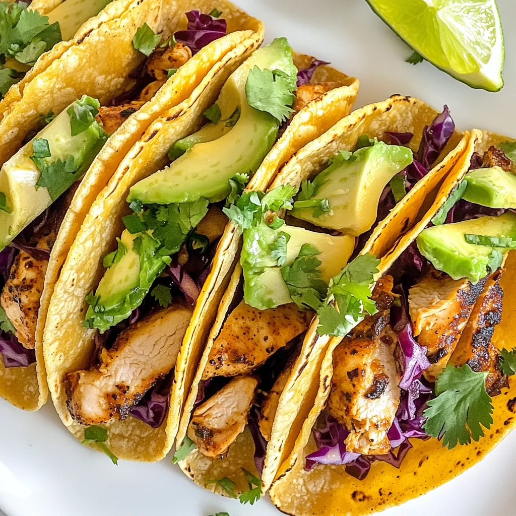 To make the best Zesty Lime Chicken Tacos, you'll need a few key ingredients: - 2 boneless, skinless chicken breasts - 1 tablespoon olive oil - Juice and zest of 2 limes - 1 teaspoon ground cumin - 1 teaspoon chili powder - 1 teaspoon garlic powder - Salt and pepper, to taste - 8 small corn tortillas - 1 cup shredded red cabbage - 1 ripe avocado, sliced - Fresh cilantro, for garnish - Lime wedges, for serving These ingredients bring out the bright, zesty flavors that make these tacos special. The lime juice adds freshness, while the spices give it a nice kick. Feel free to get creative with toppings and sides. Here are some ideas: - Diced tomatoes for extra freshness - Sour cream for creaminess - Jalapeños for heat - Pickled onions for tang - Rice or beans as a side dish These additions let you customize your tacos to match your taste. They can enhance the meal and make it even more enjoyable. These tacos are not just tasty; they are also healthy. Each serving of Zesty Lime Chicken Tacos has: - Calories: Approximately 350 - Protein: About 30 grams - Carbs: Around 30 grams - Fat: Roughly 15 grams This meal gives you a good balance of protein and healthy fats. It’s a hearty meal that won't weigh you down. Enjoy each bite knowing you're eating something great for your body! {{ingredient_image_1}} To start, gather your ingredients. In a bowl, mix the olive oil, lime juice, lime zest, cumin, chili powder, garlic powder, salt, and pepper. This mix adds great flavor. Next, add the chicken breasts. Ensure they are coated well in the marinade. Cover the bowl and let it sit for at least 30 minutes. For even more flavor, refrigerate for up to 2 hours. Once your chicken is ready, get your grill or skillet hot over medium-high heat. Remove the chicken from the marinade. Cook it for about 6-7 minutes on each side. You want it to reach an internal temperature of 165°F (75°C). Look for a nice golden brown color. After cooking, let the chicken rest for 5 minutes. This helps keep it juicy. While the chicken rests, warm your corn tortillas. You can do this on the grill or in a skillet until they are soft. Thinly slice the chicken against the grain. Now, it’s time to build your tacos! Place a few slices of chicken in each warm tortilla. Top them with shredded red cabbage and sliced avocado. For the finishing touch, add fresh cilantro on top. Serve with lime wedges on the side for that extra zesty kick. Enjoy! Grilling chicken requires attention to detail. Start with a clean grill. This helps prevent sticking. Preheat your grill to medium-high. This temperature cooks the chicken well without burning. - Use a meat thermometer to check the chicken's doneness. Aim for 165°F. - Let the chicken rest after grilling. This keeps it juicy and tender. Marinades are key to great flavor. For these tacos, lime juice is a star. It adds zest and brightness. Combine lime juice, zest, and spices in a bowl. - Use olive oil to help the marinade stick. - Let the chicken marinate for at least 30 minutes. Longer is better, up to 2 hours. Fresh tortillas make a big difference. Keep them warm so they stay pliable. - Warm tortillas on a grill for a few seconds on each side. - Wrap them in a clean towel to keep the heat in. These steps lead to tasty tacos every time! Pro Tips Marinate Longer for Flavor: For the best flavor, marinate the chicken for at least 2 hours or overnight. This allows the spices and lime to penetrate the meat effectively. Check Doneness with a Thermometer: To ensure your chicken is perfectly cooked, use a meat thermometer. The internal temperature should reach 165°F (75°C). Warm Tortillas Properly: Warm your tortillas until they are pliable but not crispy. You can do this on a hot skillet or directly on the grill for added flavor. Customize Your Toppings: Feel free to get creative with toppings! Consider adding diced tomatoes, jalapeños, or a drizzle of lime crema for extra flavor. {{image_2}} You can swap chicken for shrimp or tofu. Shrimp cooks fast and adds flavor. Just marinate it like chicken. Grill until pink and tender. For tofu, use firm blocks. Press and slice it. Marinate and grill until golden. Both options keep the zest alive. Want some heat? Add fresh jalapeños. Slice them thin and toss them in. You can mix them into the chicken marinade. Grill the jalapeños alongside the chicken. They add a spicy kick to the tacos. Just adjust the amount to your taste. If you need a vegetarian choice, try grilled vegetables. Bell peppers, zucchini, and onions work great. Toss them in olive oil and spices. Grill until soft and charred. Place these veggies in tacos instead of chicken. They bring a hearty and fresh taste. To store leftover chicken, let it cool first. Place it in an airtight container. You can keep it in the fridge for up to three days. Make sure to label it with the date. This way, you won’t forget how long it’s been there. When reheating tacos, keep them crisp. Use an oven to warm them. Preheat the oven to 350°F (175°C) and place tacos on a baking sheet. Heat for about 10 minutes. Check to see if they are warm enough. You can also microwave them for quick meals. Just use a damp paper towel to cover them. This keeps the tortillas from getting too tough. To freeze the components, start with the chicken. Slice it and place it in a freezer bag. Remove as much air as you can before sealing. You can freeze it for up to three months. For the tortillas, stack them and wrap tightly in foil. Store them in the freezer too. When ready to use, thaw in the fridge overnight. Then, warm them before making your tacos. You should marinate the chicken for at least 30 minutes. This gives the chicken time to soak up the flavors. If you have more time, marinating for up to 2 hours will make it even tastier. Use lime juice and zest, along with spices, to create a zesty burst in every bite. Yes, you can use flour tortillas if you prefer. They are softer and easier to fold. However, corn tortillas bring a nice texture and a slightly sweet flavor. Try both to see which one you like best. Each type of tortilla can change the taco experience. You can serve many sides with these tacos. Here are some great options: - Mexican rice - Black beans - Fresh salsa - Guacamole - Chips - A simple green salad These sides add flavor and texture. They also help balance the zesty chicken. Enjoy experimenting with different combinations! Zesty Lime Chicken Tacos are simple and fun to make. We covered the key ingredients, cooking steps, and helpful tips. Don’t forget the tasty variations for different diets. Storing leftovers wisely keeps your tacos fresh for later. Remember, marinating the chicken adds great flavor. Enjoy your cooking adventure and feel free to experiment with toppings. With these ideas, you can create a meal everyone will love. Dive into the joy of taco night!