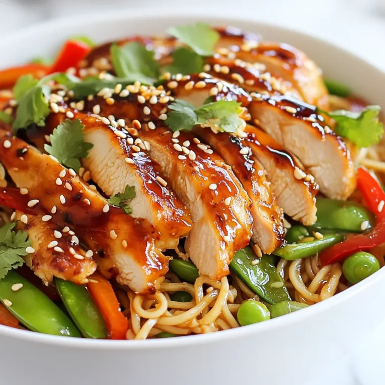 - 2 boneless skinless chicken breasts - 200g rice noodles - 2 tablespoons sesame oil - 1 tablespoon fresh ginger, grated - 2 cloves garlic, minced - 2 tablespoons soy sauce (or tamari for gluten-free) - 1 tablespoon honey or maple syrup - 1 red bell pepper, julienned - 1 cup snap peas, trimmed - 3 green onions, sliced - Optional garnishes: sesame seeds and fresh cilantro When I make Sesame Ginger Chicken Noodles, I start by gathering my main ingredients. You need two boneless skinless chicken breasts. These cook quickly and soak up the flavors well. Next, I grab 200 grams of rice noodles. They add a nice chewy texture to the dish. Finally, I use two tablespoons of sesame oil. This oil gives a rich, nutty taste. For flavor, I use fresh ginger. I grate one tablespoon for a bright kick. I also add two cloves of minced garlic. Garlic adds depth to the dish. To bring everything together, I mix in two tablespoons of soy sauce. If you want it gluten-free, use tamari instead. Lastly, I sweeten it with one tablespoon of honey or maple syrup. This balance of sweet and savory is key. Now, let’s talk about vegetables! I like to add one red bell pepper, sliced into thin strips. It adds color and crunch. I also include one cup of snap peas for their crispness. They cook quickly and stay vibrant. Finally, I slice three green onions for a fresh finish. I often sprinkle sesame seeds and fresh cilantro on top as optional garnishes. They add extra flavor and make the dish look great. {{ingredient_image_1}} First, cook the rice noodles according to the package instructions. This usually takes about 4-6 minutes. Once cooked, drain the noodles and set them aside. To prevent sticking, toss the noodles with a teaspoon of sesame oil. This simple step adds flavor and keeps your noodles nice and loose. Next, grab a large skillet or wok. Heat one tablespoon of sesame oil over medium-high heat. Add the sliced chicken breasts to the pan. Season with salt and pepper, then cook until the chicken turns golden brown. This should take about 5-7 minutes. Once done, remove the chicken from the skillet and set it aside. In the same skillet, add the remaining tablespoon of sesame oil. Toss in the grated ginger, minced garlic, and julienned red bell pepper. Sauté for about 2-3 minutes until the bell pepper starts to soften. Add the snap peas next. Stir-fry them for another 2 minutes, making sure all the veggies stay vibrant and tender-crisp. Now, return the cooked chicken to the skillet. Pour in the soy sauce and honey or maple syrup. Mix everything well to ensure the sauce coats all the ingredients. Heat through for another 2 minutes. This lets all the flavors blend nicely together. Gently fold in the cooked rice noodles and sliced green onions. Toss everything together until the noodles are heated through and well mixed. Be sure to adjust the seasoning if necessary. Finally, sprinkle sesame seeds on top for that extra crunch. If you like, add fresh cilantro as a garnish. Serve your dish immediately to enjoy the best flavors. Enjoy your delightful Sesame Ginger Chicken Noodles! - Cook chicken until it is fully done and tender. You want it juicy, not dry. - Avoid overcooking your veggies. They should stay bright and crunchy for the best bite. - To boost flavor, add more ginger or garlic. They both add a punch. - Consider using extra soy sauce or a dash of chili sauce for more zest. - Plate the dish with care. Use a large bowl and twirl the noodles for a nice look. - Pair it with fresh vegetables or a light salad. A cold drink also complements the dish well. Pro Tips Prepping Ahead: Slice the chicken and vegetables ahead of time to save on cooking time during the weeknight rush. Marinate for Flavor: For an extra flavor boost, marinate the chicken in soy sauce and ginger for 30 minutes before cooking. Vegetable Variations: Feel free to add or substitute other vegetables such as broccoli, carrots, or zucchini to customize your dish. Leftover Storage: Store any leftovers in an airtight container in the fridge, and enjoy them within 2-3 days for the best taste. {{image_2}} You can easily make this dish vegetarian. Swap the chicken for tofu or tempeh. Both options soak up the sauce well. Use firm tofu for the best texture. You can also add more veggies. Try mushrooms, carrots, or broccoli for extra flavor and nutrients. To make this dish gluten-free, choose gluten-free noodles. Rice noodles work great here. For soy sauce, use tamari. This sauce is gluten-free and adds the same rich flavor. Don't forget to taste as you cook. Adjust the seasoning to keep it flavorful. Want some heat? Add chili paste or red pepper flakes. Start with a small amount, then taste and adjust. If you prefer milder flavors, skip the spice. You can also use sweet bell peppers for a fresh taste without heat. This way, everyone can enjoy the dish! To keep your Sesame Ginger Chicken Noodles fresh, cool them down first. Place the noodles in an airtight container. This helps prevent moisture loss. Store them in the fridge for up to three days. Use clear containers so you can see what’s inside. This makes it easy to grab a quick meal later. You can freeze the noodles if you want to save some for later. Divide the dish into portions. Use freezer-safe bags or containers to store them. Make sure to squeeze out as much air as possible. This step helps avoid freezer burn. When you're ready to eat, thaw overnight in the fridge. Reheat on the stove or microwave for best results. To reheat your Sesame Ginger Chicken Noodles, use low heat. A skillet works best to keep them from overcooking. Add a splash of water or broth to help them steam. Stir often until heated through. If using a microwave, place the noodles in a bowl. Cover with a lid or paper towel to trap steam. Heat in short bursts, stirring in between. This keeps the noodles moist and tasty. Cooking this dish takes about 30 minutes total. You will spend 15 minutes on prep. Cooking will take about 15 minutes. It’s quick and fits well in a busy schedule. Yes, you can use different noodles! Rice noodles work great, but you can try egg noodles too. Soba noodles or even whole wheat noodles are also tasty options. Just cook them according to package instructions. This recipe is perfect for meal prep! You can cook a big batch and store it. Divide it into portions for easy lunches or dinners. Just keep it in airtight containers in the fridge. It will stay fresh for about 3-4 days. Absolutely! To add spice, try adding chili flakes or sriracha. You can mix in a dash of hot sauce while cooking. Adjust the spice level to your taste. Start with a little and add more if you want it hotter. Pair this dish with a fresh salad or steamed veggies. A cucumber salad or a simple green salad complements it well. You can also serve it with spring rolls for a fun meal. This post showed you how to make quick and tasty Sesame Ginger Chicken Noodles. We covered tasty ingredients like chicken, rice noodles, and fresh veggies. You learned step-by-step how to cook and combine everything. I shared tips for making it even better, plus storage info for leftovers. Whether you adapt the recipe for diet needs or make it spicier, this dish pleases all. Enjoy your cooking and the delicious meal ahead!