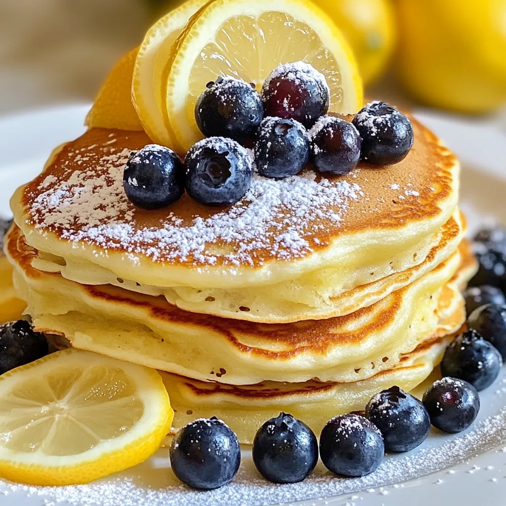 Ricotta cheese is the star of these pancakes. It gives them a soft texture and a rich taste. I use 1 cup of whole milk ricotta for the best results. This cheese helps the pancakes stay moist and fluffy. You can find ricotta at most grocery stores. If you want a lighter option, look for part-skim ricotta. Here are the other ingredients I use for these Lemon Blueberry Ricotta Pancakes: - 1 cup all-purpose flour - 2 large eggs - 1/2 cup milk - 1 tablespoon lemon zest - 2 tablespoons lemon juice - 2 tablespoons sugar - 1 tablespoon baking powder - 1/4 teaspoon salt - 1 cup fresh blueberries - Butter or oil for cooking Each of these ingredients plays an important role. The flour gives the pancakes structure. The eggs add richness and help the pancakes rise. The milk keeps the batter smooth. Lemon zest and juice add a bright flavor. Sugar balances the tartness and enhances sweetness. Baking powder makes the pancakes fluffy, while salt brings out all the flavors. Fresh blueberries add a burst of sweetness in every bite. Getting the measurements right is key. I recommend using a kitchen scale for accuracy, especially for flour. If you don’t have a scale, use the spoon and level method. Spoon flour into a measuring cup and level it with a knife. Avoid packing the flour down. This keeps the pancakes light and airy. For liquid ingredients, use a liquid measuring cup for precision. Remember, too much flour can lead to dense pancakes, while too much liquid makes them too thin. Stick to the measurements above for a perfect batch every time. {{ingredient_image_1}} Start by grabbing a large mixing bowl. Add 1 cup of ricotta cheese, 2 large eggs, and 1/2 cup of milk. Next, toss in 1 tablespoon of lemon zest and 2 tablespoons of lemon juice. Add 2 tablespoons of sugar for some sweetness. Whisk all these ingredients together until the mixture is smooth and creamy. This part is key for fluffy pancakes. The ricotta gives them a lovely texture. In a separate bowl, mix together 1 cup of all-purpose flour, 1 tablespoon of baking powder, and 1/4 teaspoon of salt. Stir these dry ingredients well. This step helps to evenly distribute the baking powder and salt. Once mixed, you will add these dry ingredients to your ricotta mixture. Do this gradually and stir gently. Be sure not to overmix; a few lumps are okay. Heat a non-stick skillet or griddle over medium heat. Lightly grease it with butter or oil. Pour about 1/4 cup of batter for each pancake onto the skillet. Cook until you see bubbles form on the surface, which takes about 2-3 minutes. Carefully flip the pancakes and cook for another 2-3 minutes until they turn golden brown. Repeat this with the rest of the batter, greasing the skillet as needed. Serve these pancakes warm, topped with extra blueberries and a drizzle of maple syrup if you like. To make fluffy pancakes, start with room-temperature ingredients. This helps create a better batter. Use fresh ricotta cheese; it adds a nice creaminess. When mixing, be gentle. Overmixing can lead to dense pancakes. Just stir until the dry and wet ingredients blend. The batter should have small lumps. Use a non-stick skillet or griddle for even cooking. Preheat it on medium heat. Grease it lightly with butter or oil. Pour about 1/4 cup of batter for each pancake. Watch for bubbles to form on the surface. This tells you it’s time to flip. Cook until both sides are golden brown. If you want a crisp edge, let them cook a bit longer. Serve pancakes warm for the best taste. Stack them high on a plate. Add fresh blueberries on top. For a sweet touch, drizzle maple syrup over them. A dusting of powdered sugar adds charm, too. You can also garnish with lemon slices for a bright look. Enjoy these pancakes with a cup of tea or coffee for a perfect breakfast! Pro Tips Use Room Temperature Ingredients: Ensure your ricotta cheese and eggs are at room temperature for a smoother batter and fluffier pancakes. Don’t Overmix: Gently fold the dry ingredients into the wet ingredients to maintain a light and airy texture. Overmixing can result in dense pancakes. Fresh Blueberries: For the best flavor and texture, use fresh blueberries instead of frozen. If using frozen, fold them in gently to avoid color bleeding. Keep Pancakes Warm: If making multiple batches, keep the pancakes warm in a low oven (about 200°F/93°C) until all are cooked and ready to serve. {{image_2}} You can easily change the fruit in these pancakes. Try strawberries, raspberries, or peaches. Each fruit gives a unique taste. For berries, use fresh if possible. If you use strawberries, slice them thin. Add about one cup of your chosen fruit to the batter. This will keep the pancakes fun and exciting. If you need gluten-free pancakes, use gluten-free flour. Many brands offer blends that work well. Just swap out the all-purpose flour in the recipe. You can also use almond flour or oat flour. These add different flavors and textures. Keep in mind that the pancakes might be denser, but they will still be tasty. For a vegan version, replace the ricotta cheese and eggs. Use silken tofu blended with a bit of lemon juice instead of ricotta. For eggs, use flaxseed meal. Mix one tablespoon of flaxseed meal with three tablespoons of water. Let it sit for a few minutes until it thickens. Use plant-based milk for the liquid. These changes make the pancakes just as fluffy and delicious! You can store leftover pancakes in the fridge. Let them cool down first. Place them in an airtight container. They stay fresh for about three days. When you want to eat them, just take out what you need. To freeze the pancakes, stack them with parchment paper between each one. This method stops them from sticking together. Wrap the stack in plastic wrap and then place it in a freezer bag. They can last up to two months in the freezer. When you want to enjoy them, take out the desired amount. To reheat, you have a few options. You can use a microwave. Heat them for about 30 seconds to one minute. A toaster oven works well too. Just toast them until they are warm. If you prefer, you can also reheat them in a skillet for a few minutes on each side. This makes them crispy again. Yes, you can use frozen blueberries. They work well in pancakes. Just add them straight from the freezer. This saves time and makes cooking easy. However, frozen blueberries may make your batter a bit wetter. To counter this, you can add a tiny bit more flour. This keeps your pancakes fluffy and delicious. To make these pancakes healthier, try a few simple swaps. Use whole wheat flour instead of all-purpose flour. This adds fiber and nutrients. You can also cut back on sugar. Try using a natural sweetener like honey or maple syrup. Another option is to add more fruit. Extra blueberries or even sliced bananas boost flavor and health. Serve these pancakes warm for the best taste. Stack them high on a plate. For a tasty touch, dust with powdered sugar. Add fresh blueberries and lemon slices on top. A drizzle of maple syrup makes them even better. You can also serve them with yogurt for extra creaminess. Try different toppings for variety! This blog post covered how to make delicious lemon blueberry ricotta pancakes. We talked about key ingredients, like ricotta cheese, and shared precise measurements for perfect pancakes. The step-by-step guide made cooking easy. You learned tips for fluffy textures and different serving ideas. We explored fun variations, including gluten-free and vegan options. Finally, we shared storage tips to keep your pancakes fresh. Enjoy making your own pancakes and experiment with flavors!