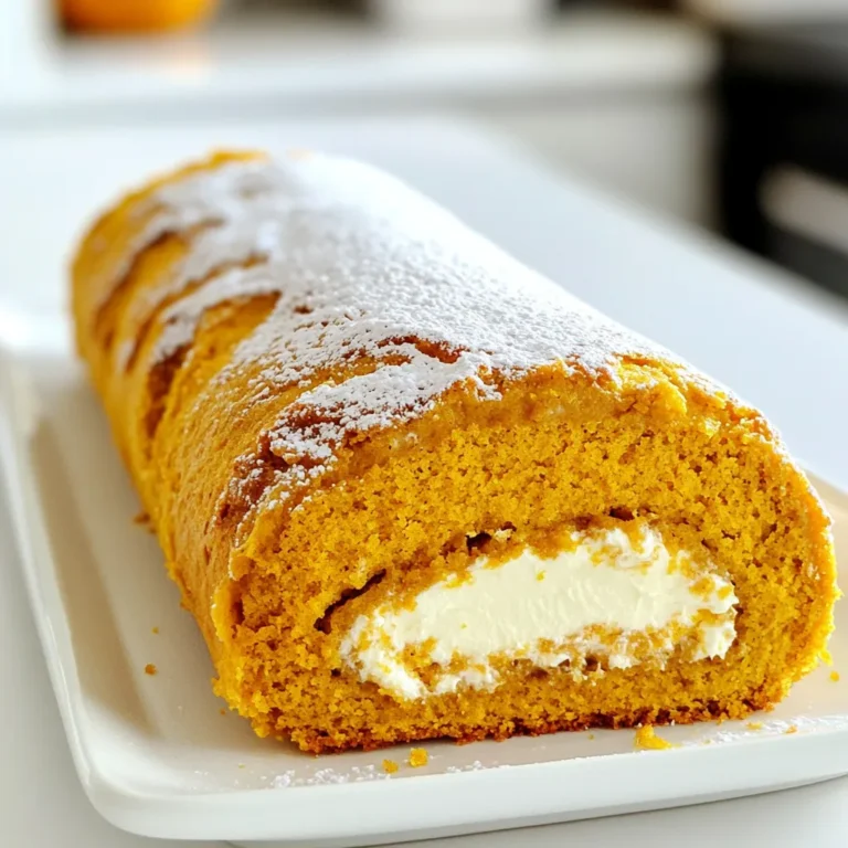 To make a Pumpkin Cream Cheese Roll Cake, you need the following items: - 3/4 cup all-purpose flour - 1 teaspoon baking powder - 1 teaspoon ground cinnamon - 1/2 teaspoon ground nutmeg - 1/4 teaspoon ground ginger - 1/4 teaspoon salt - 3 large eggs - 1 cup granulated sugar - 2/3 cup canned pumpkin puree - 1 teaspoon vanilla extract - 8 oz cream cheese, softened - 1/2 cup powdered sugar - 1 teaspoon lemon juice - 1/2 teaspoon vanilla extract (for filling) - Powdered sugar for dusting Gather these ingredients before you start. Each one plays an important role in the flavor and texture of the cake. The pumpkin puree gives it moisture and a lovely autumn taste. The spices, like cinnamon and nutmeg, add warmth. Cream cheese fills it with rich, creamy goodness. Make sure your cream cheese is softened. Cold cream cheese won’t mix well and can cause lumps. This makes your filling less smooth. Use fresh eggs for better volume when you beat them. Also, have some extra powdered sugar on hand for dusting when you finish. It adds a nice touch and helps to keep the roll from sticking. With these ingredients ready, you can create a delicious, seasonal treat that everyone will love! First, preheat your oven to 350°F (175°C). This is key for a great bake. Line a 15x10 inch jelly roll pan with parchment paper. Let the edges hang over; this helps with easy removal later. In a medium bowl, whisk together the dry ingredients. Combine 3/4 cup all-purpose flour, 1 teaspoon baking powder, 1 teaspoon ground cinnamon, 1/2 teaspoon ground nutmeg, 1/4 teaspoon ground ginger, and 1/4 teaspoon salt. Set this mixture aside. Now, take a large mixing bowl. Beat 3 large eggs and 1 cup granulated sugar together. Use an electric mixer on high speed for about 5 minutes. You want the mixture to be thick and pale. Next, gently fold in the 2/3 cup canned pumpkin puree and 1 teaspoon vanilla extract. Mix until everything is well combined. Gradually fold the dry ingredients into the wet mixture. Do this just until combined. Be careful not to overmix; this keeps the cake light. Spread the batter evenly in the prepared jelly roll pan. Bake for 12-15 minutes. The cake is done when it springs back when touched lightly or when a toothpick comes out clean. Once baked, take the cake out of the oven. Sprinkle a thin layer of powdered sugar over the cake. Then, carefully flip the cake onto a clean kitchen towel that has more powdered sugar on it. Start rolling the cake from one end while it is still warm. Keep the towel inside. This helps the cake keep its shape. Let it cool completely in this rolled shape. In a medium bowl, beat 8 oz softened cream cheese and 1/2 cup powdered sugar together until smooth. Add 1 teaspoon lemon juice and 1/2 teaspoon vanilla extract. Mix until creamy and well combined. Once the cake cools, gently unroll it and remove the towel. Spread the cream cheese mixture evenly over the cake surface. Carefully roll the cake back up without the towel. Wrap it tightly in plastic wrap. Refrigerate for at least 1 hour to let it set. Slice the pumpkin roll into individual servings. Dust with additional powdered sugar before serving. Enjoy this tasty treat! To keep your pumpkin cream cheese roll cake smooth, avoid overbaking. Bake just until a toothpick comes out clean. If you let it bake too long, it cracks easily. Also, when rolling, use a clean kitchen towel dusted with powdered sugar. This helps the cake slide out easily. If you roll it while warm, it holds its shape. Let the cake cool in its rolled shape. After baking, flip it onto a towel and roll it up right away. This method helps it keep the round form. You can leave it like this for about an hour. Once it cools completely, unroll it slowly. This ensures a nice, even surface for your cream cheese filling. Here are some tools that make baking easier: - Jelly roll pan (15x10 inches) - Parchment paper - Clean kitchen towel - Electric mixer - Whisk - Measuring cups and spoons These tools help you get the best results. Each item plays a key role in making your cake a success. Happy baking! {{image_2}} You can easily make this cake gluten-free. Just swap the all-purpose flour for a gluten-free blend. Make sure it has xanthan gum, which helps with texture. The taste will still be great, and the cake will be just as soft. To make this cake dairy-free, use a dairy-free cream cheese. Many brands offer tasty alternatives. For the filling, try using coconut cream instead of cream cheese. This change keeps the flavor rich and creamy without dairy. You can mix things up with fun flavors. Add chocolate chips for a sweet surprise. A hint of orange zest gives a fresh twist. You might even try a bit of maple syrup in the filling for added sweetness. Each option brings a new taste to your pumpkin cream cheese roll. To store your pumpkin cream cheese roll cake, wrap it tightly in plastic wrap. This keeps the cake moist and fresh. Place it in the fridge for up to four days. If you want to keep it longer, freezing is a good option. To freeze the pumpkin roll, wrap it well in plastic wrap and then in aluminum foil. This double layer prevents freezer burn. You can freeze it for up to three months. When ready to eat, let it thaw in the fridge overnight before serving. The pumpkin cream cheese roll cake lasts about four days in the fridge. If frozen, it stays good for up to three months. Always check for signs of spoilage before eating, even if it’s within the time frame. Enjoy your cake at its best! Yes, you can use fresh pumpkin. Just roast and puree it first. Use the same amount as canned. Fresh pumpkin adds a brighter flavor. It may need more straining to get rid of extra moisture. To prevent sticking, always line your baking pan with parchment paper. Let the cake cool on a towel dusted with powdered sugar. This helps create a non-stick surface. Also, sprinkle more sugar on the cake before rolling. You can use leftover cream cheese filling in many ways. Spread it on toast or bagels. You can also use it in cupcakes or as a dip for fruit. It adds a sweet touch to many snacks. You can store the pumpkin roll in the fridge for up to five days. Wrap it tightly in plastic wrap to keep it fresh. If you want to enjoy it later, freeze it for up to three months. Yes, you can make this pumpkin roll ahead of time. Prepare it a day or two before serving. Just keep it wrapped in the fridge. This lets the flavors meld together for a more delicious treat. This blog post covered how to make a delicious pumpkin cream cheese roll. You learned about the key ingredients, step-by-step instructions, tips for success, and fun variations. Remember, practice makes perfect when baking. Don't be afraid to experiment with flavors and options. Store your cake well to enjoy it for days. With these tips, you'll create a treat everyone loves. Happy baking!