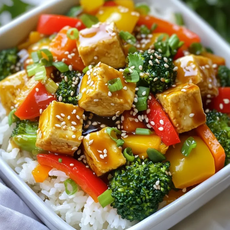 - 1 block (14 oz) firm tofu, drained and pressed - 2 tablespoons cornstarch - 2 tablespoons vegetable oil - 1 bell pepper (red or yellow), sliced - 1 cup broccoli florets - 1 carrot, julienned - 3 green onions, chopped - 2 cloves garlic, minced - 1-inch ginger, grated - 1/4 cup soy sauce (or tamari for gluten-free) - 2 tablespoons maple syrup or honey - 1 tablespoon sesame oil - 1 tablespoon rice vinegar The main ingredients create the heart of this dish. Firm tofu gives a great texture. I love using vegetable oil for frying. It helps make everything crispy and tasty. Fresh vegetables like bell pepper, broccoli, and carrots add color and crunch. The garlic and ginger bring a warm, bold flavor. - Sesame seeds - Fresh cilantro Garnishes make your stir fry pop. I often sprinkle sesame seeds over the dish. Fresh cilantro adds a bright note. Both make the meal look and taste even better. - Gluten-free alternatives - Vegan replacements For gluten-free options, use tamari instead of soy sauce. If you want a different protein, try tempeh or seitan. Both work well and keep the dish plant-based. You can also swap in any fresh veggie you love. This recipe is flexible and allows you to be creative! - First, drain the tofu. Place it on paper towels or a clean cloth. - Press down gently to remove extra moisture. - After pressing, cut the tofu into small cubes. Aim for bite-sized pieces. - Next, coat the tofu cubes with cornstarch. Toss them in a bowl until covered. - Heat vegetable oil in a large skillet or wok. Use medium-high heat for best results. - Add the tofu cubes to the hot oil. Cook for about 5-7 minutes. - Turn the tofu often. Look for a golden, crispy surface on all sides. - In the same skillet, add sliced bell pepper, broccoli, and julienned carrot. - Stir-fry these veggies for 4-5 minutes. They should be tender but still crisp. - Use a spatula to keep the vegetables moving. This helps them cook evenly. To get crispy tofu, you need to press the water out first. Here’s how to do it: - After draining, wrap the tofu in paper towels or a clean cloth. - Place a heavy object on top for about 15-30 minutes. - Cut the tofu into cubes after pressing. The drier the tofu, the crispier it gets when cooked. Coat each cube in cornstarch. This step is key. It helps create a crunchy outer layer. Heat oil in a skillet until hot. Add the tofu and cook until golden brown, turning often. To make your teriyaki sauce pop, think about adding more ingredients. Try these: - Pineapple juice for sweetness. - Chili flakes for some heat. - Garlic powder for extra flavor. You can adjust the spice level by adding more or fewer chili flakes. Start small if you're unsure, and taste as you go. For a great meal, think about side dishes. Here are some ideas: - Serve the stir fry over steamed rice or quinoa. - Add a side of edamame for a protein boost. For presentation, use nice bowls. Drizzle extra sauce on top for a beautiful finish. Sprinkle with sesame seeds and fresh cilantro. This adds color and flavor! {{image_2}} You can switch tofu for other proteins. Tempeh and seitan are great choices. Tempeh has a nutty flavor and a firm texture. Seitan mimics meat well, making it a favorite for many. Both options soak up flavors nicely. If you prefer meat, chicken and shrimp work well too. Cut chicken into bite-sized pieces. Cook it until golden before adding the veggies. For shrimp, just cook until they turn pink. Both add a tasty twist to your stir fry. Seasonal vegetables can add variety to your dish. Use zucchini, snap peas, or mushrooms for a fresh taste. They can change the flavor while keeping it colorful. Frozen vegetables offer a quick option too. They are convenient and can save time. Just toss them in the pan without thawing. This saves you prep time and keeps the stir fry easy. You can change the sauce to fit your taste. If you like spicy food, add sriracha or chili flakes. A sweet version with extra maple syrup or honey is delicious too. For a homemade teriyaki sauce, mix soy sauce, maple syrup, sesame oil, and rice vinegar. Adjust the flavors until you like it. This allows you to create your own unique sauce. To store your leftover teriyaki tofu stir fry, let it cool first. Then, place it in an airtight container. This keeps it fresh and tasty. You can store it in the fridge for up to three days. I recommend using glass containers. They are sturdy and do not absorb odors. When you are ready to eat, reheat the stir fry. The best way is to use a skillet. Heat it on medium-low. Add a splash of water or oil to keep it moist. Stir it often. This helps maintain the texture and flavor. If you use a microwave, heat in short bursts. Stir between each burst to avoid overcooking. You can freeze leftover stir fry too! Place it in a freezer-safe container. It can last for about three months in the freezer. When you want to eat it, take it out and thaw it in the fridge overnight. For a quicker option, use the microwave. Just make sure it is heated through before serving. To make teriyaki sauce, mix these ingredients: - 1/4 cup soy sauce (or tamari for gluten-free) - 2 tablespoons maple syrup or honey - 1 tablespoon sesame oil - 1 tablespoon rice vinegar Combine them in a bowl. Stir until well blended. This sauce adds sweet and savory notes to your stir fry. Yes, you can use frozen vegetables! They are convenient and quick to prepare. Just make sure to thaw them before adding to the wok. This helps them cook evenly. They may release some water, so adjust your cooking time. To reduce sponginess, press the tofu well. Wrap it in paper towels. Place a heavy object on top for about 15-20 minutes. This removes excess moisture. The tofu will become firmer and absorb flavors better. Serve your teriyaki tofu stir fry over steamed rice or quinoa. It looks great in bowls. Drizzle any leftover sauce on top for extra flavor. Garnish with green onions and sesame seeds for a nice touch. Yes, it can be gluten-free! Use tamari instead of soy sauce. Check the labels of your ingredients to ensure they are gluten-free. This way, everyone can enjoy this delicious dish. Making teriyaki tofu stir fry is simple and rewarding. We covered essential ingredients, like firm tofu and fresh vegetables, and explored helpful cooking tips. You can easily customize your dish with alternative proteins and sauces. Remember to store leftovers properly for the best taste later. Healthy, tasty meals can be quick! Enjoy your cooking journey as you experiment with flavors and techniques. Dive in, and have fun creating your perfect stir fry!