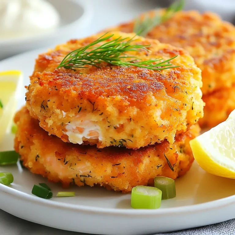 - 1 lb fresh salmon fillet, skin removed - 1 cup breadcrumbs (preferably panko) - 1/4 cup fresh dill, finely chopped - 1/4 cup green onions, finely sliced The main ingredients form the heart of our lemon dill salmon cakes. Fresh salmon fillet provides a rich taste and a tender texture. I prefer using panko breadcrumbs for their light and crispy finish. Fresh dill and green onions add bright flavors that make the cakes pop. - 2 cloves garlic, minced - Zest of 1 lemon - Juice of 1 lemon - 2 tablespoons mayonnaise - 2 tablespoons Dijon mustard Flavor enhancers truly elevate these cakes. Garlic brings warmth, while lemon zest and juice add zing. Mayonnaise keeps the cakes moist, and Dijon mustard introduces a subtle tang that complements the salmon perfectly. - Salt and pepper to taste - 2 tablespoons olive oil (for frying) Seasoning is key to a great taste. Salt and pepper round out the flavors of the cakes. I recommend using olive oil for frying, as it gives a lovely golden crisp and a hint of fruitiness. {{ingredient_image_1}} To start, we need to poach the salmon fillet. Add a splash of water to a large skillet and bring it to a simmer. Place the salmon fillet in the skillet and cover it. Cook for about 8 to 10 minutes until the salmon is cooked through. Once done, take it out and let it cool. Use a fork to flake the salmon into smaller pieces. This step makes it easier to mix later. Now, grab a large mixing bowl. Combine the flaked salmon with breadcrumbs, chopped dill, green onions, and minced garlic. Add the lightly beaten egg, mayonnaise, Dijon mustard, lemon zest, and lemon juice. Mix everything well. Don't forget to season with salt and pepper to taste. This mixture is where all the flavors come together. With the mixture ready, use your hands to shape it into small patties. Aim for about 3 inches in diameter. Place these patties on a plate. Chilling is next! Refrigerate the formed salmon cakes for at least 30 minutes. This step is key. Chilling helps the cakes hold together better while frying. For cooking, heat olive oil in a large skillet over medium heat. Once the oil is hot, carefully add the salmon cakes in batches. Make sure not to overcrowd the pan. Fry each cake for about 4 to 5 minutes on each side. You want them golden brown and crispy. After cooking, transfer the salmon cakes to a plate lined with paper towels. This helps drain any excess oil. For a nice presentation, serve the lemon dill salmon cakes hot with a wedge of lemon. You can also add a dollop of extra mayonnaise or a yogurt dill sauce on the side. Enjoy your tasty creation! To make your salmon cakes hold together, you need the right balance. Use fresh ingredients and the right amount of breadcrumbs. If the mixture feels too wet, add more breadcrumbs. Chilling the cakes is key. When you chill them for at least 30 minutes, they firm up. This makes them easier to fry without falling apart. If you don't have fresh dill, try using dried dill. You can also use parsley or tarragon for a different taste. For extra flavor, add spices like paprika or cumin. These can give your cakes a nice kick. A dash of cayenne can also add some heat if you like it spicy. You can bake or grill your salmon cakes instead of frying. Baking at 375°F for 15-20 minutes gives a nice crisp. Just brush them with olive oil first. If grilling, make sure to keep the heat medium to avoid burning. For even cooking, turn the cakes gently and check that they brown on all sides. Pro Tips Use Fresh Salmon: For the best flavor and texture, use fresh salmon fillets instead of canned or frozen salmon. Chill Before Cooking: Chilling the formed salmon cakes in the refrigerator for at least 30 minutes helps them hold their shape during frying. Don’t Overcrowd the Pan: Cook the salmon cakes in batches to ensure even cooking and to achieve that perfect crispiness. Experiment with Herbs: Feel free to add other herbs such as parsley or cilantro for a different flavor profile. {{image_2}} You can change some ingredients in this recipe. Using canned salmon works well. It saves time and is easy to find. Just make sure to drain it well. For herbs, you can swap dill with parsley or chives. These will add a fresh taste too. If you want a spicy kick, add some red pepper flakes. When serving lemon dill salmon cakes, dips make a great addition. Try a creamy yogurt dill sauce or a zesty lemon aioli. Both add flavor and moisture. For sides, consider a fresh salad or roasted vegetables. These pair nicely and keep the meal light. If you're gluten-free, you can use gluten-free breadcrumbs. Many brands offer great options. For a lower-fat version, replace mayonnaise with yogurt. Greek yogurt works best. It adds creaminess without the extra calories. These swaps help everyone enjoy the dish. Lemon dill salmon cakes stay fresh in the fridge for up to three days. To keep them tasty, store them in an airtight container. This will help prevent them from drying out or absorbing other flavors in your fridge. Always let the cakes cool before sealing them in the container. You can freeze both cooked and uncooked salmon cakes. For the best results, freeze them uncooked. Shape the patties, then place them on a baking sheet. Freeze until solid, then transfer to a freezer bag. This method keeps them from sticking together. Cooked cakes can also freeze, but they may lose some crispness. When you’re ready to eat, it’s easy to reheat. If frozen uncooked, cook them straight from the freezer, adding a few extra minutes to the cooking time. If reheating cooked cakes, bake them in the oven until heated through. This helps keep them crispy. You can tell salmon cakes are done by their color and texture. They should be golden brown on both sides. When you press them lightly, they should feel firm. You can also check the inside. It should be hot throughout and flake easily with a fork. If you see any raw salmon, give them more time in the pan. Yes, you can prepare salmon cakes in advance. Mix the ingredients and shape the patties. Then, cover them and refrigerate for up to 24 hours. This helps the flavors blend. If you want to freeze them, place the uncooked cakes on a baking sheet. Freeze them until firm, then transfer to a bag. They can be frozen for up to three months. When you’re ready, cook them from frozen, adding a few extra minutes to the cooking time. Lemon dill salmon cakes taste great with many dips. A classic choice is a creamy dill sauce. You can mix yogurt, lemon juice, and fresh dill for a simple dip. Another option is a tangy tartar sauce, which adds zest. If you prefer something lighter, try a lemon wedge on the side. It brightens the flavor and adds freshness. You can also serve with a spicy aioli for a kick! We've covered how to make tasty lemon dill salmon cakes from start to finish. You learned about key ingredients, cooking steps, and variations to suit your taste. Remember to chill the patties for the best texture. Also, consider using different herbs or cooking methods for variety. These cakes are versatile and can be made ahead of time or frozen for later. Enjoy experimenting with flavors and find your favorite ways to serve them!