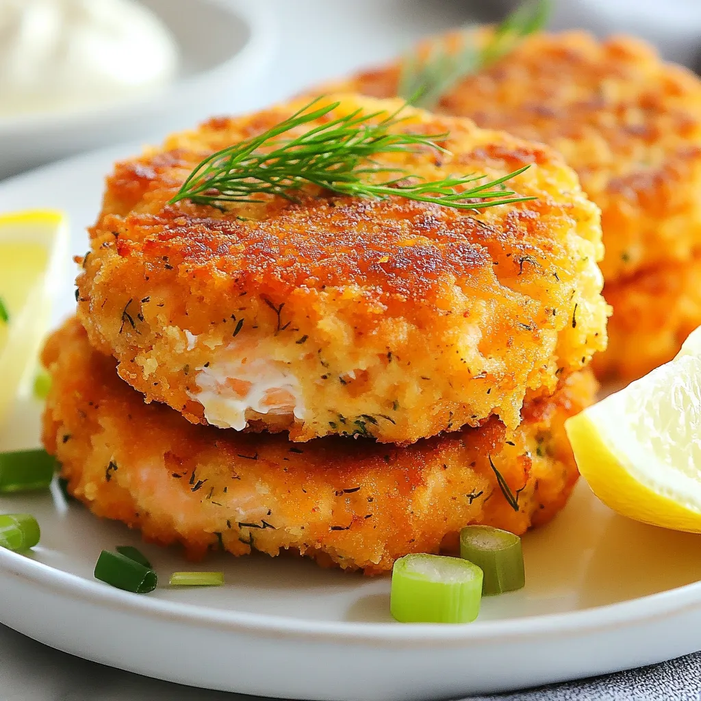 - 1 lb fresh salmon fillet, skin removed - 1 cup breadcrumbs (preferably panko) - 1/4 cup fresh dill, finely chopped - 1/4 cup green onions, finely sliced The main ingredients form the heart of our lemon dill salmon cakes. Fresh salmon fillet provides a rich taste and a tender texture. I prefer using panko breadcrumbs for their light and crispy finish. Fresh dill and green onions add bright flavors that make the cakes pop. - 2 cloves garlic, minced - Zest of 1 lemon - Juice of 1 lemon - 2 tablespoons mayonnaise - 2 tablespoons Dijon mustard Flavor enhancers truly elevate these cakes. Garlic brings warmth, while lemon zest and juice add zing. Mayonnaise keeps the cakes moist, and Dijon mustard introduces a subtle tang that complements the salmon perfectly. - Salt and pepper to taste - 2 tablespoons olive oil (for frying) Seasoning is key to a great taste. Salt and pepper round out the flavors of the cakes. I recommend using olive oil for frying, as it gives a lovely golden crisp and a hint of fruitiness. {{ingredient_image_1}} To start, we need to poach the salmon fillet. Add a splash of water to a large skillet and bring it to a simmer. Place the salmon fillet in the skillet and cover it. Cook for about 8 to 10 minutes until the salmon is cooked through. Once done, take it out and let it cool. Use a fork to flake the salmon into smaller pieces. This step makes it easier to mix later. Now, grab a large mixing bowl. Combine the flaked salmon with breadcrumbs, chopped dill, green onions, and minced garlic. Add the lightly beaten egg, mayonnaise, Dijon mustard, lemon zest, and lemon juice. Mix everything well. Don't forget to season with salt and pepper to taste. This mixture is where all the flavors come together. With the mixture ready, use your hands to shape it into small patties. Aim for about 3 inches in diameter. Place these patties on a plate. Chilling is next! Refrigerate the formed salmon cakes for at least 30 minutes. This step is key. Chilling helps the cakes hold together better while frying. For cooking, heat olive oil in a large skillet over medium heat. Once the oil is hot, carefully add the salmon cakes in batches. Make sure not to overcrowd the pan. Fry each cake for about 4 to 5 minutes on each side. You want them golden brown and crispy. After cooking, transfer the salmon cakes to a plate lined with paper towels. This helps drain any excess oil. For a nice presentation, serve the lemon dill salmon cakes hot with a wedge of lemon. You can also add a dollop of extra mayonnaise or a yogurt dill sauce on the side. Enjoy your tasty creation! To make your salmon cakes hold together, you need the right balance. Use fresh ingredients and the right amount of breadcrumbs. If the mixture feels too wet, add more breadcrumbs. Chilling the cakes is key. When you chill them for at least 30 minutes, they firm up. This makes them easier to fry without falling apart. If you don't have fresh dill, try using dried dill. You can also use parsley or tarragon for a different taste. For extra flavor, add spices like paprika or cumin. These can give your cakes a nice kick. A dash of cayenne can also add some heat if you like it spicy. You can bake or grill your salmon cakes instead of frying. Baking at 375°F for 15-20 minutes gives a nice crisp. Just brush them with olive oil first. If grilling, make sure to keep the heat medium to avoid burning. For even cooking, turn the cakes gently and check that they brown on all sides. Pro Tips Use Fresh Salmon: For the best flavor and texture, use fresh salmon fillets instead of canned or frozen salmon. Chill Before Cooking: Chilling the formed salmon cakes in the refrigerator for at least 30 minutes helps them hold their shape during frying. Don’t Overcrowd the Pan: Cook the salmon cakes in batches to ensure even cooking and to achieve that perfect crispiness. Experiment with Herbs: Feel free to add other herbs such as parsley or cilantro for a different flavor profile. {{image_2}} You can change some ingredients in this recipe. Using canned salmon works well. It saves time and is easy to find. Just make sure to drain it well. For herbs, you can swap dill with parsley or chives. These will add a fresh taste too. If you want a spicy kick, add some red pepper flakes. When serving lemon dill salmon cakes, dips make a great addition. Try a creamy yogurt dill sauce or a zesty lemon aioli. Both add flavor and moisture. For sides, consider a fresh salad or roasted vegetables. These pair nicely and keep the meal light. If you're gluten-free, you can use gluten-free breadcrumbs. Many brands offer great options. For a lower-fat version, replace mayonnaise with yogurt. Greek yogurt works best. It adds creaminess without the extra calories. These swaps help everyone enjoy the dish. Lemon dill salmon cakes stay fresh in the fridge for up to three days. To keep them tasty, store them in an airtight container. This will help prevent them from drying out or absorbing other flavors in your fridge. Always let the cakes cool before sealing them in the container. You can freeze both cooked and uncooked salmon cakes. For the best results, freeze them uncooked. Shape the patties, then place them on a baking sheet. Freeze until solid, then transfer to a freezer bag. This method keeps them from sticking together. Cooked cakes can also freeze, but they may lose some crispness. When you’re ready to eat, it’s easy to reheat. If frozen uncooked, cook them straight from the freezer, adding a few extra minutes to the cooking time. If reheating cooked cakes, bake them in the oven until heated through. This helps keep them crispy. You can tell salmon cakes are done by their color and texture. They should be golden brown on both sides. When you press them lightly, they should feel firm. You can also check the inside. It should be hot throughout and flake easily with a fork. If you see any raw salmon, give them more time in the pan. Yes, you can prepare salmon cakes in advance. Mix the ingredients and shape the patties. Then, cover them and refrigerate for up to 24 hours. This helps the flavors blend. If you want to freeze them, place the uncooked cakes on a baking sheet. Freeze them until firm, then transfer to a bag. They can be frozen for up to three months. When you’re ready, cook them from frozen, adding a few extra minutes to the cooking time. Lemon dill salmon cakes taste great with many dips. A classic choice is a creamy dill sauce. You can mix yogurt, lemon juice, and fresh dill for a simple dip. Another option is a tangy tartar sauce, which adds zest. If you prefer something lighter, try a lemon wedge on the side. It brightens the flavor and adds freshness. You can also serve with a spicy aioli for a kick! We've covered how to make tasty lemon dill salmon cakes from start to finish. You learned about key ingredients, cooking steps, and variations to suit your taste. Remember to chill the patties for the best texture. Also, consider using different herbs or cooking methods for variety. These cakes are versatile and can be made ahead of time or frozen for later. Enjoy experimenting with flavors and find your favorite ways to serve them!