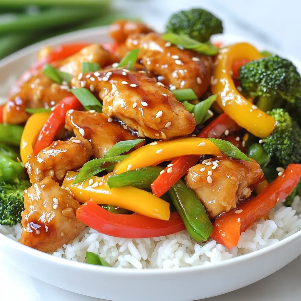 - 1 lb boneless, skinless chicken thighs, sliced into thin strips - 2 tablespoons soy sauce - 2 tablespoons honey - 1 tablespoon rice vinegar - 1 tablespoon sesame oil - 1 red bell pepper, sliced - 1 yellow bell pepper, sliced - 1 cup sugar snap peas - 1 small broccoli head, cut into florets - 2 cloves garlic, minced - 1 tablespoon freshly grated ginger - Cooked jasmine rice (for serving) For the teriyaki chicken stir fry, the main ingredients focus on fresh and vibrant flavors. The chicken thighs offer rich taste and tenderness. The mix of colorful vegetables adds crunch and nutrients. The teriyaki sauce blends sweet and savory notes. This creates a perfect balance in every bite. - 2 green onions, sliced (for garnish) - Sesame seeds (for garnish) Garnishing your dish makes it look appealing. Green onions add a fresh crunch. Sesame seeds bring a nutty flavor. Both make your stir fry pop with color and taste. - Chicken Alternatives: You can use chicken breasts or firm tofu for a vegetarian option. - Vegetable Variations: Feel free to swap in carrots, bell peppers, or any seasonal veggies. If you want to switch things up, consider using different proteins. Tofu is a great meatless option. You can also mix in any vegetables you have on hand. This flexibility lets you enjoy teriyaki chicken stir fry in many ways! {{ingredient_image_1}} Mixing Ingredients in a Bowl To make the teriyaki sauce, grab a small bowl. Add 2 tablespoons of soy sauce, 2 tablespoons of honey, 1 tablespoon of rice vinegar, and 1 tablespoon of sesame oil. Stir these ingredients well until they blend into a smooth sauce. Setting Aside the Sauce After mixing, set the sauce aside. This allows the flavors to meld. You will add it to the chicken and veggies later. Sautéing Techniques Heat a large skillet or wok over medium-high heat. Add a splash of oil to the pan. Once hot, add the sliced chicken thighs. Cook them for about 5-7 minutes. Stir often to ensure they brown evenly. Timing for Perfectly Cooked Chicken Check that the chicken is golden brown and cooked through. Use a meat thermometer if you have one. The chicken should reach 165°F. This step ensures safe and tasty meat. Stir-Frying Techniques Once the chicken is ready, add 2 cloves of minced garlic and 1 tablespoon of grated ginger. Stir for 1-2 minutes until fragrant. Next, toss in the sliced red and yellow bell peppers, sugar snap peas, and broccoli florets. Ensuring Tender-Crisp Texture Stir-fry the vegetables with the chicken for about 3-4 minutes. You want them to be bright and tender-crisp. Watch them closely to keep that perfect texture. Now you are ready to add the teriyaki sauce and finish this delicious dish! Heat Control Tips Start with a hot skillet or wok. Preheat it for a few minutes. This helps the chicken cook quickly and evenly. Use medium-high heat for best results. If the heat is too low, the chicken will steam instead of brown. This can affect the flavor and texture. Cooking Order for Best Results Cook the chicken first. It needs the most time to cook through. After the chicken is done, add garlic and ginger. They only need a minute to release their flavor. Then, add your veggies. Start with harder ones like broccoli. Follow with softer ones like bell peppers. This way, all ingredients stay crisp and fresh. Adjusting Sweetness and Saltiness The teriyaki sauce has sweet and salty flavors. If you want it sweeter, add more honey. If it’s too sweet, add a splash of soy sauce. Taste the sauce as you go. This helps you find a balance that you love. Adding Spice for Heat Want some heat? Add red pepper flakes or sriracha. Start with a small amount and taste. You can always add more if needed. This gives your dish an exciting kick! Best Foods to Pair with Teriyaki Chicken Serve your teriyaki chicken over fluffy jasmine rice. The rice soaks up the sauce well. You can also add a side of steamed vegetables. This keeps your meal healthy and colorful. Plate Presentation Tips Make your plate look fun! Use a white plate to make the colors pop. Arrange the chicken on one side and rice on the other. Sprinkle green onions and sesame seeds on top. This makes your dish look fancy and inviting! Pro Tips Marinate for More Flavor: Allow the chicken to marinate in the teriyaki sauce for at least 30 minutes before cooking to enhance its flavor. Use Fresh Vegetables: Opt for fresh, seasonal vegetables to ensure maximum flavor and nutrients in your stir fry. High Heat for Quick Cooking: Stir-frying on high heat helps to sear the chicken and vegetables quickly, keeping them tender and juicy. Garnish for Presentation: Don’t skip the garnishes like green onions and sesame seeds; they add a burst of flavor and make your dish visually appealing. {{image_2}} Making it Vegetarian If you want to make a vegetarian version, use tofu. Tofu absorbs flavors well. Press it to remove water, then cut it into cubes. Sauté it just like you would chicken. This gives you a tasty and filling meal. Using Different Meats You can swap chicken for beef, pork, or shrimp. For beef, use flank steak, sliced thin. For pork, try tenderloin or shoulder. If you prefer shrimp, use large shrimp and sauté them until they turn pink. Seasonal Vegetable Ideas Feel free to add seasonal vegetables. In spring, try asparagus or snap peas. In summer, zucchini and bell peppers work great. In fall, add carrots or mushrooms. In winter, use kale or Brussels sprouts. Each season brings fresh tastes. Using Frozen Vegetables Frozen vegetables are handy. They are quick to use and often just as tasty as fresh. Use a mix of frozen stir-fry vegetables. They cook fast and add color and crunch to your dish. Adding Nuts or Seeds For extra crunch, add nuts or seeds. Cashews or almonds work well. Just toss them in at the end. They add a nice texture and flavor to the dish. Experimenting with Different Sauces Try different sauces for new tastes. You can mix teriyaki with hoisin or sweet chili sauce. This gives your stir fry a unique twist. Don't be afraid to adjust flavors to your liking. For storing leftovers, choose airtight containers. Glass or plastic works well. These keep your teriyaki chicken fresh. Always let the dish cool before sealing. This helps prevent moisture buildup. Keep your leftovers in the fridge. They stay good for about 3 to 4 days. If you want to enjoy them later, consider freezing. To reheat your stir fry, use a skillet. Heat it on medium. Add a splash of water or broth. This keeps the chicken juicy and tender. Stir often, so everything heats evenly. You can also use the microwave. Place the stir fry in a bowl, cover it, and heat in short bursts. Stir in between to maintain texture and flavor. To freeze teriyaki chicken stir fry, let it cool completely. Then, divide it into portions. Use freezer-safe containers or bags. Squeeze out excess air to prevent freezer burn. When ready to enjoy, thaw the stir fry overnight in the fridge. For a quick option, use the microwave. Just make sure to reheat it thoroughly before serving. Making teriyaki sauce is easy and fun. Here’s a simple recipe: - 2 tablespoons soy sauce - 2 tablespoons honey - 1 tablespoon rice vinegar - 1 tablespoon sesame oil 1. In a small bowl, mix all the ingredients. 2. Stir until the honey dissolves. 3. Set aside while you cook. This sauce is sweet and salty. It adds great flavor to your stir fry. Yes! You can use different cuts of chicken. Here are some options: - Boneless, skinless chicken breasts - Chicken tenders - Thighs with skin (for extra flavor) Each cut offers a unique taste. Thighs are juicy and tender. Breasts are lean and cook quickly. Choose what you like best! Teriyaki chicken stir fry can be healthy. Here’s why: - Chicken provides protein for muscle growth. - Veggies add fiber, vitamins, and minerals. - Using honey gives a natural sweetness. Portion control is key. Serve it over jasmine rice for carbs. This meal is balanced and delicious! In this blog post, we explored how to create a delicious teriyaki chicken stir fry. We covered key ingredients, from the chicken to vegetables and sauce. I shared step-by-step cooking instructions, tips for perfecting your stir fry, and ways to adjust flavors. We also discussed variations like protein substitutes and vegetable combinations, plus storage and reheating tips. Embrace the creativity in your cooking. This recipe is adaptable, so don't hesitate to make it your own!