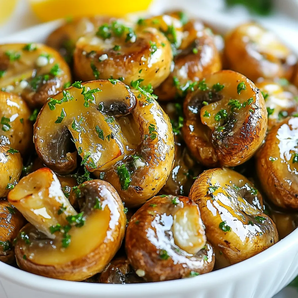 - 500g fresh button mushrooms, cleaned and trimmed - 4 tablespoons unsalted butter - 5 garlic cloves, minced - 2 tablespoons fresh parsley, chopped - 1 teaspoon lemon juice - 1/2 teaspoon red pepper flakes (optional) - Salt and pepper to taste Using fresh ingredients makes a big difference in flavor. Fresh button mushrooms have a nice, mild taste that works well with garlic and butter. The unsalted butter adds richness. Minced garlic brings strong flavor that makes the dish shine. I like to use parsley for color and freshness. The lemon juice adds a bright kick that balances the butter. For those who enjoy heat, red pepper flakes add a nice touch. Finally, salt and pepper enhance all the flavors. Gather all these ingredients before you start cooking. This will help you stay organized and make the dish easier to prepare. When you have everything ready, you can enjoy the cooking process without rushing. {{ingredient_image_1}} - Melting the Butter Start by placing a large skillet on medium heat. Add 4 tablespoons of unsalted butter. Watch it carefully as it melts. You want it to foam a bit but not turn brown. - Adding and Sautéing Garlic Once the butter is melted, add 5 minced garlic cloves. Stir them in and let them cook for 1-2 minutes. The aim is to release a nice aroma. Do not let the garlic burn; this can ruin your dish. - Coating with Garlic Butter Now, it's time to add 500g of cleaned button mushrooms. Stir them well in the garlic butter. Make sure each mushroom is coated evenly. - Cooking Time and Techniques Cook the mushrooms for about 5-7 minutes. Stir them occasionally so they cook evenly. You will notice the mushrooms becoming tender and releasing their juices. - Seasoning and Adding Lemon Juice After cooking, season the mushrooms with salt, pepper, and red pepper flakes if you want some heat. Let them cook for another 2-3 minutes. Then, remove the skillet from the heat. Drizzle 1 teaspoon of lemon juice over the mushrooms. - Incorporating Fresh Parsley Finally, add 2 tablespoons of chopped fresh parsley. Give everything a good stir to mix all the flavors. Your garlic butter mushrooms are ready to serve! - Avoiding Overcooking To keep mushrooms firm, cook them for just 5-7 minutes. Stir gently to let them soak up the butter and garlic. This helps preserve their rich taste and texture. If you cook them too long, they can turn mushy and lose their flavor. - Achieving Maximum Flavor Start by melting butter on medium heat. Add minced garlic right after. This brings out the garlic's sweet notes. Make sure not to burn the garlic; it should just soften. The goal is to let the mushrooms soak in the garlic butter for a deep, savory taste. Adding lemon juice at the end brightens the dish and enhances the flavor. - Best Practices for Leftovers After cooking, let the mushrooms cool completely. Store them in an airtight container in the fridge. They will stay fresh for up to 3 days. Avoid leaving them at room temperature for too long. This helps keep them safe to eat. - Reheating Instructions When you want to enjoy leftovers, reheat them in a skillet over low heat. Add a little butter to keep them moist. Stir gently so they warm evenly. You can also microwave them for a quick option, but the skillet gives better texture. - Presentation Ideas Serve garlic butter mushrooms in a rustic wooden bowl. This adds charm to your meal. You can also use a white dish for a clean, modern look. Sprinkle extra chopped parsley on top for a fresh touch. - Pairing with Other Dishes These mushrooms go well with grilled meats or pasta. They also make a great topping for toast. Try adding them to a salad for an extra layer of flavor. Each bite will be a delightful experience. Pro Tips Choose Fresh Mushrooms: Always opt for fresh button mushrooms that are firm and plump. Check for any dark spots or sliminess, as these are signs of spoilage. Perfect Garlic Sauté: To avoid burning the garlic, keep the heat at medium and stir frequently. This will enhance the flavors without creating a bitter taste. Enhance the Flavor: For an extra layer of flavor, consider adding a splash of white wine after the mushrooms have cooked for a few minutes. Let it reduce before adding the seasonings. Serving Suggestions: These garlic butter mushrooms pair wonderfully with grilled meats or can be served over pasta or rice for a hearty meal. Don't forget to sprinkle some extra parsley on top for presentation! {{image_2}} Adding Different Herbs You can change the taste of garlic butter mushrooms by using different herbs. Try thyme, rosemary, or basil for a unique twist. Each herb adds a new layer of flavor. Just chop the herbs finely and add them when you mix in the parsley. Introducing Protein Options You can also add protein to make this dish heartier. Shrimp or chicken works well with garlic butter. Cook the shrimp or chicken in the skillet first, then add the mushrooms and garlic. This way, you get a full meal with tasty flavors. Vegan Alternatives To make this dish vegan, replace butter with olive oil or vegan butter. Use the same amount of oil as butter. The flavor will still be rich and satisfying. You can also add nutritional yeast for a cheesy taste. Gluten-Free Modifications This recipe is naturally gluten-free. Just make sure any added ingredients, like sauces, are gluten-free. The mushrooms and butter keep the dish creamy without any gluten. Enjoy it with your favorite gluten-free bread or on its own! Nutritional Aspects of Mushrooms Mushrooms are low in calories and high in nutrients. They provide vitamins like B and D. They also contain minerals such as selenium and potassium. These nutrients support your immune system and heart health. Plus, the fiber in mushrooms aids digestion. This makes them a great addition to any diet. Benefits of Garlic and Butter Garlic offers many health perks. It may help lower blood pressure and improve heart health. Garlic also has antioxidants that fight free radicals. On the other hand, butter provides a rich flavor. It contains fat-soluble vitamins A, D, E, and K. Use unsalted butter for better control of salt in your dish. The combination of garlic and butter enhances the taste of mushrooms, making them irresistible. Information per Serving This recipe serves four people. Each serving has about 140 calories. It includes healthy fats and lots of flavor. This makes it a tasty side dish or appetizer. Adjustments for Different Diets If you want fewer calories, use less butter. You can also try olive oil for a lighter option. For a vegan dish, replace butter with a plant-based alternative. This keeps the flavor while meeting dietary needs. Adjusting these ingredients can help fit your meal plan. I recommend using fresh button mushrooms. They are mild and soak up flavors well. You can also try cremini or shiitake mushrooms for a deeper taste. These mushrooms add a nice texture and flavor to your dish. You can use garlic powder, but fresh garlic has a better taste. Fresh garlic gives a strong, bright flavor that makes the dish shine. If you use garlic powder, use less. About 1/4 teaspoon of garlic powder equals one clove of fresh garlic. To keep mushrooms firm, use high heat when cooking. Start with a dry skillet and avoid crowding the pan. Cook them in batches if needed. Stir them gently to let moisture escape. This helps them brown nicely without getting soggy. Yes, garlic butter mushrooms are healthy in moderation. Mushrooms are low in calories and high in nutrients. They provide vitamins like B and D. Garlic has health benefits too, like boosting the immune system. Just watch the butter and salt for a balanced diet. This blog post covered making delicious garlic butter mushrooms. We discussed the ingredients, including fresh mushrooms, garlic, and parsley. I shared step-by-step instructions for preparation and cooking. Key tips help you avoid overcooking and ensure great flavor. We explored variations to suit your taste, including dietary adjustments. Lastly, we looked at the health benefits of the main ingredients. Enjoy creating this simple dish that enhances any meal and brings joy to your table.