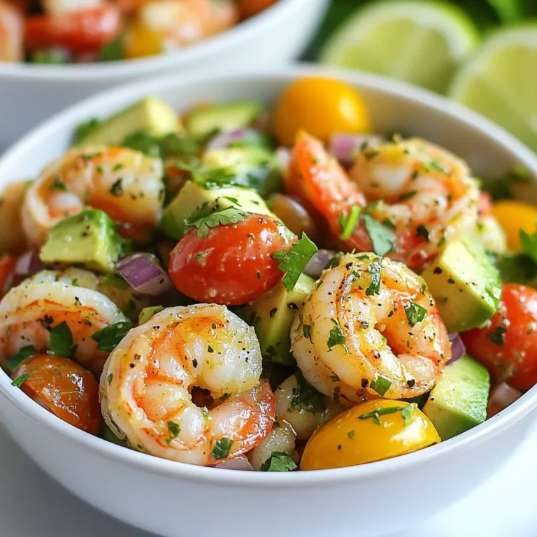 - 1 lb large shrimp, peeled and deveined - 2 ripe avocados, diced - 1 cup cherry tomatoes, halved - 1 small red onion, finely chopped - 1/4 cup fresh cilantro, chopped - Juice of 2 limes - 3 tablespoons olive oil - Salt and pepper to taste - 1 teaspoon cumin - 1/2 teaspoon garlic powder These ingredients create a fresh and tasty salad. Each adds its own unique flavor. The shrimp provides protein. The avocados offer creaminess. Cherry tomatoes add sweetness. The onion gives a crunch. Cilantro gives a fresh taste. Lime juice adds a zesty kick. - 1 jalapeño pepper, minced (optional for spice) Adding jalapeño gives the salad a spicy touch. If you like heat, include it. If not, skip it for a milder dish. You can also try adding different herbs or spices. Experiment to find your favorite mix! - Medium bowl - Large bowl - Skillet - Whisk - Cutting board - Knife These tools help make the cooking process smooth. A medium bowl is great for marinating shrimp. The large bowl is perfect for mixing salad ingredients. A skillet cooks the shrimp quickly and evenly. Having the right tools makes cooking fun and easy! {{ingredient_image_1}} Start by placing one pound of large shrimp in a medium bowl. Peel and devein the shrimp first. Then, add one tablespoon of olive oil, a teaspoon of cumin, and half a teaspoon of garlic powder. Sprinkle salt and pepper to taste. Toss the shrimp well to coat them in the spices. Let this mix sit for about 10 minutes to let the flavors blend. Next, heat a skillet over medium-high heat. Once hot, add the marinated shrimp to the skillet. Cook for 2 to 3 minutes on each side. The shrimp should turn pink and opaque when done. Remove them from the heat and let them cool for a bit. In a large bowl, combine two diced avocados, one cup of halved cherry tomatoes, and one finely chopped small red onion. If you like spice, add one minced jalapeño pepper. Finally, toss in a quarter cup of chopped fresh cilantro. In a small bowl, whisk together the juice of two limes, the remaining two tablespoons of olive oil, and a pinch of salt. Pour this dressing over the salad ingredients in the big bowl. Toss gently to make sure everything is well coated. Now, add the cooled shrimp to the salad mix. Toss gently again to combine all the ingredients well. This step makes sure each bite is full of flavor. Divide the salad into serving bowls or plates. For a fresh look, garnish with more cilantro leaves and lime wedges. Serve the salad chilled for the best taste. Enjoy your meal! To cook shrimp just right, start with fresh shrimp. Avoid overcooking, as this makes shrimp tough. Use a skillet over medium-high heat. Add the marinated shrimp and cook for 2-3 minutes on each side. Watch for the color change. The shrimp should turn pink and opaque. Once done, take them off the heat and let them cool. This keeps them tender. When picking avocados, look for firmness with a slight give when pressed. Ripe avocados should feel soft but not mushy. If they are too hard, let them sit at room temperature for a few days. Once ripe, you can put them in the fridge to slow down the ripening process. Use them within a few days for the best taste. To store leftovers, keep them in an airtight container. Place the salad in the fridge, where it will stay fresh for about 1-2 days. If possible, store the shrimp and salad separately. This helps prevent the avocados from browning too quickly. Adding extra lime juice can also slow browning. Enjoy your salad cold for the best flavor! Pro Tips Fresh Ingredients: Always use ripe avocados and fresh shrimp for the best flavor and texture in your salad. Marinate for Flavor: Letting the shrimp marinate for at least 10 minutes enhances the taste and allows the spices to penetrate. Chill Before Serving: Refrigerate the salad for about 30 minutes before serving to let the flavors meld together beautifully. Customize the Spice: Adjust the amount of jalapeño pepper based on your spice preference; remove the seeds for less heat. {{image_2}} You can switch up the shrimp in this salad for other proteins. Chicken works well and adds a nice texture. To use chicken, simply grill or sauté it until cooked. Cut it into bite-sized pieces and mix it in. Fish, like salmon or tuna, also suits this salad. Just make sure to cook the fish properly for safety. Tofu is another great option for a plant-based twist. Choose firm tofu, press it to remove extra water, and pan-fry it until golden. If you want a vegetarian version, leave out the shrimp. You can add chickpeas for protein. They give a nice crunch and nutty flavor. Black beans are another tasty option. They add fiber and heartiness to the salad. Adding more veggies, like bell peppers or corn, can boost the color and flavor. You can even toss in some nuts or seeds for extra crunch. The dressing can change the whole vibe of your salad. If you want a creamier texture, mix in some Greek yogurt or avocado. For a spicy kick, add a dash of hot sauce to the lime juice. You can also try a honey-lime dressing. Just mix honey with lime juice for a sweet twist. For a Mediterranean flair, use balsamic vinegar or a tahini dressing. This salad is very adaptable, so experiment with what you love! You should store Zesty Lime Shrimp Avocado Salad in the fridge. Place it in an airtight container. This keeps it fresh and safe to eat. Enjoy your salad within 2 days for the best taste. Avocados can brown quickly. To slow this down, sprinkle lime juice on the avocado before mixing. I do not recommend freezing this salad. The texture of the shrimp and avocado changes when frozen. If you freeze it, the shrimp may become rubbery, and the avocado will become mushy. If you want to save the shrimp, freeze it on its own before adding it to the salad. - Shrimp: Fresh shrimp lasts 1-2 days in the fridge. Cooked shrimp lasts 3-4 days. - Avocados: Ripe avocados stay fresh for 1-2 days. Once cut, use them within a day. - Cherry Tomatoes: These can last about a week in the fridge. - Red Onion: Whole red onions can last 2-3 weeks. Once chopped, use them within a week. - Cilantro: Fresh cilantro lasts about 1 week in the fridge. Understanding how to store your salad helps maintain its freshness and flavor. The best way to marinate shrimp is simple. Use olive oil, cumin, garlic powder, salt, and pepper. Mix them in a bowl. Add the shrimp and toss well. Let it sit for about 10 minutes. This short time helps the shrimp soak up flavors. Yes, you can make this salad ahead of time. Prepare the shrimp and salad parts separately. Store them in the fridge until you're ready to serve. This way, the flavors stay fresh. Just mix everything together before serving. You can add many other vegetables to the salad. Consider bell peppers for crunch or cucumbers for freshness. Corn adds a nice sweet touch. You can also use radishes for a peppery kick. Feel free to get creative! To adjust the spice level, simply add or reduce jalapeño. For less spice, leave the jalapeño out. For more heat, add extra minced jalapeño or even some chili flakes. Taste as you go to find the right heat for you. This blog post showed you how to make a tasty shrimp salad. We covered key ingredients and optional flavors. I shared step-by-step instructions to get it just right. You learned useful tips, like cooking shrimp perfectly. We also explored fun variations to keep things fresh. Finally, I gave storage info to keep your salad safe. Enjoy your meals and get creative with your own twists!