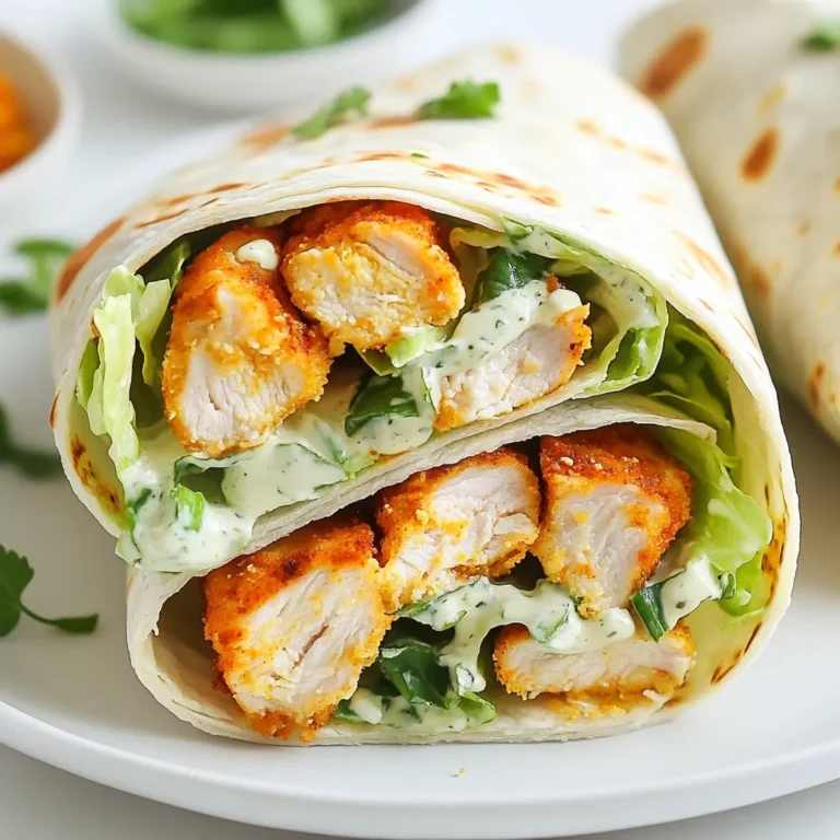 To make these wraps, you need a few key items: - 2 boneless, skinless chicken breasts - 2 tablespoons Cajun seasoning - 1 tablespoon olive oil - Salt and pepper to taste - 4 large flour tortillas - 2 cups Romaine lettuce, chopped - 1/2 cup Caesar dressing - 1/2 cup Parmesan cheese, grated These ingredients create a tasty mix. The chicken gets a spicy kick from the Cajun seasoning. The lettuce and cheese add crunch and creaminess. For the best flavor, use Cajun seasoning. It packs heat and depth. You should also add salt and pepper. These bring out the taste of the chicken. Feel free to adjust the seasoning to your liking. If you love spice, add more Cajun seasoning. You can enhance your wraps with a few extras: - 1/4 cup croutons, crushed (optional) - Fresh parsley, chopped for garnish Croutons add a nice crunch. They balance the soft chicken and salad. Chopped parsley makes the wraps look bright and fresh. These little touches can make a big difference! {{ingredient_image_1}} To start, you need to cook the chicken. First, preheat your grill or grill pan over medium-high heat. Grab your two boneless, skinless chicken breasts. Season them well with Cajun seasoning, salt, and pepper. Make sure to coat them evenly. Next, drizzle olive oil on the grill. Place the chicken on the grill and cook for about 6-7 minutes on each side. You want the chicken to be fully cooked and reach 165°F (75°C). After cooking, let the chicken rest for a few minutes. This helps keep it juicy. Now, slice the chicken into thin strips for easy wrapping. Now that your chicken is ready, it’s time to assemble the wraps. In a large bowl, mix 2 cups of chopped Romaine lettuce, 1/2 cup of Caesar dressing, and 1/2 cup of grated Parmesan cheese. Toss the mixture until the lettuce is well coated with dressing. Lay out your four large flour tortillas. In the center of each tortilla, evenly distribute the Caesar salad mixture. Top your salad with the sliced Cajun chicken. If you like, sprinkle crushed croutons on top for extra crunch. Now, roll up each tortilla tightly. Remember to fold in the sides as you go to create a neat wrap. Once finished, slice each wrap in half diagonally. Arrange them on a serving platter, and garnish with chopped parsley for a pop of color. These wraps make a great meal for lunch or dinner. Serve them with a side of fresh fruit or a light salad for a balanced meal. You can also pair them with extra Caesar dressing for dipping. This way, you can enjoy every bite! For a fun twist, try using different toppings, like avocado or sliced tomatoes. The options are endless! To cook chicken just right, start with good seasoning. I use Cajun seasoning, salt, and pepper. Coat the chicken breasts evenly. Heat your grill or pan to medium-high. Add a splash of olive oil to keep things from sticking. Place the chicken on the grill and cook for 6-7 minutes on each side. Use a meat thermometer to check for 165°F (75°C). Let the chicken rest before slicing. Resting keeps the juices inside. When wrapping, lay your tortilla flat. Place the filling in the center, leaving space at the edges. Start by folding in the sides. Next, roll the tortilla tightly from the bottom up. This helps keep all the tasty bits inside. If you want, you can use a toothpick to hold it together. It makes for neat serving and easy eating. To keep your wraps fresh, wrap them in plastic wrap or foil. This helps avoid sogginess. Store them in the fridge if you’re not eating them right away. For the best taste, eat them within a day. If you want to save them longer, consider freezing. Just remember to thaw them in the fridge before eating. This way, you enjoy that crispy texture. Pro Tips Marinating the Chicken: For an extra flavor boost, marinate the chicken in Cajun seasoning and olive oil for at least 30 minutes before grilling. Grill Marks: To achieve beautiful grill marks, avoid moving the chicken around too much while cooking. Let it sear before flipping. Fresh Ingredients: Using fresh Romaine lettuce and homemade croutons can elevate the taste of your wraps significantly. Wrap Tight: When rolling the tortillas, make sure to keep them tight and fold in the sides to prevent the filling from spilling out. {{image_2}} You can swap chicken for shrimp or tofu in this wrap. Shrimp adds a sweet taste. Just grill or sauté it with Cajun spices. Tofu is great for a plant-based meal. Press and cube the tofu, then marinate it in the Cajun seasoning. Cook until golden, and it will soak up all that flavor. For a vegetarian wrap, use grilled vegetables instead of meat. Bell peppers, zucchini, and mushrooms work well. Just toss them in olive oil and Cajun seasoning before grilling. If you want a vegan option, skip the Caesar dressing and cheese. Use a vegan mayo or tahini dressing instead. It keeps everything creamy and delicious. You can play with different spices to change the flavor. If you like heat, add more cayenne pepper. For a smoky taste, try smoked paprika. You can also mix in Italian herbs for a twist. Experimenting with spices makes your wraps exciting and personal. Don't be afraid to get creative! To store leftover Cajun Chicken Caesar wraps, keep them in an airtight container. This helps to keep the wraps fresh. You can also wrap them in plastic wrap. Make sure to place the wraps in the fridge. They stay good for about 2 to 3 days. If you notice any sogginess, use a paper towel to help absorb extra moisture. If you want to save wraps for later, freezing is a great option. First, wrap each wrap tightly in plastic wrap. Then, place the wrapped wraps in a freezer bag. Squeeze out as much air as you can to avoid freezer burn. They can last up to 2 months in the freezer. When you are ready to enjoy, thaw them in the fridge overnight before reheating. Reheating your Cajun Chicken Caesar wraps can bring back their great taste. You can use a microwave for quick reheating. Place a wrap on a microwave-safe plate and cover it with a damp paper towel. Heat it for about 30 seconds. For a crispier wrap, use an oven or a stovetop. Place the wrap in a preheated oven at 350°F for about 10 minutes. If using a skillet, heat it on medium for about 3-4 minutes on each side. This keeps the wrap warm and crispy. Cajun Chicken Caesar Wraps mix Cajun food from Louisiana with classic Caesar salad. Cajun food comes from early French settlers. They used local spices and ingredients. The Caesar salad started in Mexico but grew in the U.S. This wrap combines bold flavors and fresh veggies. It's a tasty twist on two beloved dishes. Yes, you can make the wraps ahead of time. Prepare the chicken and salad mix. Store them separately in the fridge. When ready to eat, assemble the wraps. This keeps the tortillas fresh and crisp. You can also wrap them tightly in foil. Just be sure to eat them within one day for the best taste. You can use ranch dressing instead of Caesar dressing. It offers a creamy taste that works well. Other good options are blue cheese dressing or yogurt dressing. You might also try a vinaigrette for a lighter flavor. Each choice will give the wrap a unique twist. Cajun Chicken Caesar Wraps blend bold flavors and fresh ingredients. We explored main ingredients, seasonings, and optional toppings that enhance taste. The step-by-step guide showed how to prepare chicken, assemble wraps, and serve them well. We shared tips for cooking chicken, wrapping effectively, and keeping your wraps fresh. Variations offered exciting protein choices and ways to cater to diets. Lastly, storage info covered how to keep and reheat your wraps. Enjoy making these wraps your own, and share the deliciousness with others!
