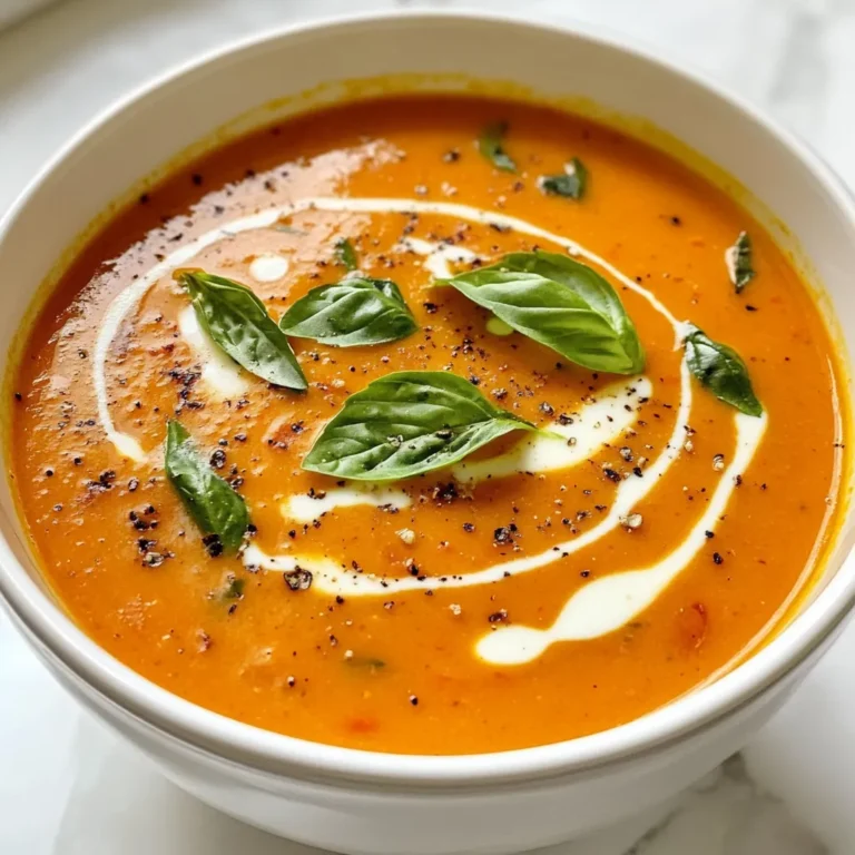 To make a rich and flavorful roasted tomato basil soup, you'll need the following ingredients: - 2 lbs ripe tomatoes, halved - 1 medium onion, quartered - 4 cloves garlic, unpeeled - 3 tablespoons olive oil - Salt and pepper to taste - 2 cups vegetable broth - 1 cup fresh basil leaves, packed - 1 teaspoon balsamic vinegar - ½ teaspoon sugar (optional) - Fresh cream for drizzling (optional) Each ingredient plays a key role in building the flavor of this soup. The ripe tomatoes give a sweet and tangy base. The onion adds depth, while the garlic brings warmth. Olive oil helps with roasting and adds richness. Salt and pepper enhance all the flavors. Vegetable broth rounds out the soup, making it hearty. Fresh basil adds a burst of freshness, and balsamic vinegar provides a hint of acidity. If you like a touch of sweetness, the sugar can balance the flavors. Finally, a drizzle of fresh cream gives a lovely finish. Using fresh, high-quality ingredients makes all the difference in taste. Always opt for ripe tomatoes when you can. They will ensure your soup shines with flavor. {{ingredient_image_1}} - Preheat your oven to 400°F (200°C). - Take a large baking sheet and arrange the halved tomatoes, quartered onion, and unpeeled garlic. - Drizzle everything with olive oil and sprinkle salt and pepper on top. - Roast the vegetables in the oven for 30-35 minutes, until the tomatoes are caramelized and tender. - Once done, let the mixture cool slightly before peeling the garlic cloves. - In a large pot, combine the roasted vegetables with 2 cups of vegetable broth. - Add in the fresh basil leaves and a teaspoon of balsamic vinegar. - For a sweeter taste, you can add the optional sugar here. - Use an immersion blender to puree the soup until smooth, or transfer it to a regular blender and blend until smooth. - Return the soup to the pot if you used a regular blender. - Taste the soup and adjust the seasoning as needed. Heat through for another 5 minutes before serving. How to choose the ripest tomatoes. Look for tomatoes that are bright and firm. Ripe tomatoes should feel heavy in your hand. Their skin should have a slight shine. Smell the stem end; a sweet aroma means they are fresh and flavorful. Importance of caramelization for flavor. Caramelization happens when the sugars in tomatoes cook down. This process creates a rich taste that enhances the soup. Roast your tomatoes until they get deep brown edges. This adds depth and sweetness to your dish. Using an immersion blender vs. a countertop blender. An immersion blender is great for pureeing soup directly in the pot. It’s quick and less messy. A countertop blender can create a super-smooth texture. Just remember to let the soup cool a bit first. Tips for safe blending. When using a countertop blender, never fill it too full. Hot liquids can expand and spill out. Blend in batches if needed. Always cover the lid with a towel to avoid burns. Adjusting sweetness with sugar. If your soup tastes a bit too acidic, add sugar to balance it out. Start with a half teaspoon. Taste as you go until it’s just right. Additional herbs or spices to consider. Experiment with herbs like thyme or oregano for added flavor. A pinch of crushed red pepper can add warmth. You can also toss in a bay leaf during cooking for depth. This soup is flexible, so let your taste guide you! Pro Tips Use Ripe Tomatoes: The flavor of your soup will significantly improve with ripe, in-season tomatoes. Look for tomatoes that are fragrant and slightly soft to the touch. Roast for Extra Flavor: Allowing the tomatoes, onions, and garlic to caramelize in the oven enhances their natural sweetness and adds depth to the soup. Adjusting Consistency: If you prefer a thicker soup, reduce the amount of vegetable broth. For a thinner soup, add more broth gradually until desired consistency is reached. Fresh Basil for Brightness: Always add fresh basil leaves towards the end of cooking to retain their vibrant flavor and color, making the soup more aromatic. {{image_2}} To make this soup vegan, you can easily swap out the cream. Use coconut cream instead. If you want a lighter soup, you can leave out the cream entirely. The flavor stays rich and satisfying without it. If you need a gluten-free soup, just check your vegetable broth. Make sure it is gluten-free. Most brands offer safe options. This way, everyone can enjoy this comforting dish. You can boost the taste by adding roasted red peppers. They bring a sweet, smoky flavor. Carrots also work well. They add a nice sweetness and depth. For those who love spice, try adding crushed red pepper flakes. Just a pinch can make your soup pop. These little tweaks can turn your soup into a unique delight. To store your leftover soup, let it cool first. You can transfer the soup to a pot and let it sit for about 30 minutes. Once cool, pour the soup into airtight containers. The best containers are glass or BPA-free plastic. These keep your soup fresh and let you see what’s inside. To freeze the soup, first cool it completely. Then, pour it into freezer-safe bags or containers. Leave some space at the top for the soup to expand. Seal tightly and label with the date. Your soup will last up to three months in the freezer. When you want to eat it, take it out and thaw in the fridge overnight. The best way to reheat the soup is on the stove. Pour it into a pot and heat over medium heat. Stir often to prevent sticking. If you want to use a microwave, place the soup in a microwave-safe bowl. Heat in short bursts, stirring in between. This keeps the flavor and texture just right. Yes, you can use canned tomatoes. They are often ripe and packed with flavor. Canned tomatoes save time. Choose whole or diced tomatoes in juice. Drain excess liquid if needed. You can use them directly in the soup. Just add them to the pot with broth. This method makes your soup quick and easy. To spice up your soup, add crushed red pepper flakes. Start with a pinch and taste as you go. You can also use fresh jalapeños for heat. Chop them finely and sauté with the onions. For a smoky kick, add smoked paprika. These simple changes will elevate the flavor. This soup pairs well with grilled cheese sandwiches. The crunch of the bread complements the soup's smoothness. You can also serve it with a fresh salad. A light arugula salad with lemon dressing works great. For a hearty option, try crusty bread or garlic bread. These sides will make your meal satisfying and complete. This blog post explores how to make a delicious roasted tomato basil soup. We discussed key ingredients, step-by-step prep, and helpful tips for roasting and pureeing. You learned variations for vegan and gluten-free options and how to store and reheat leftovers effectively. Soup can warm your heart and satisfy your taste buds. With this recipe, you can enjoy a tasty dish that fits your needs. Try it out and share it with friends and family.