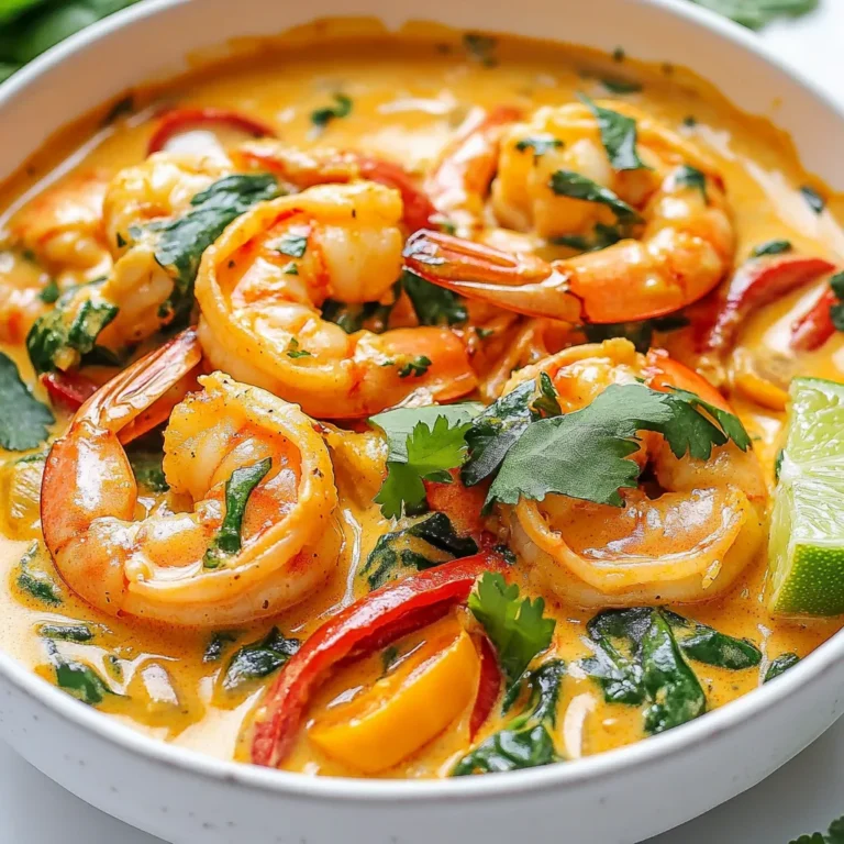 To make a tasty coconut shrimp curry, gather these items: - 1 pound large shrimp, peeled and deveined - 1 tablespoon coconut oil - 1 medium onion, chopped - 3 cloves garlic, minced - 1 tablespoon fresh ginger, grated - 1 tablespoon red curry paste - 1 can (14 oz) coconut milk - 1 cup vegetable broth - 1 tablespoon fish sauce (or soy sauce for a vegetarian option) - 1 tablespoon brown sugar - 1 cup bell peppers (red, yellow, green), sliced - 1 cup baby spinach - Fresh cilantro for garnish - Lime wedges for serving - Salt to taste You can switch some ingredients if you need to. For example, use chicken or tofu instead of shrimp. If you want a milder curry, skip the red curry paste. You can replace fish sauce with soy sauce for a vegetarian dish. For the broth, vegetable broth works well, but chicken broth is an option too. If you do not have fresh ginger, use ground ginger. It won’t taste the same, but it still adds flavor. Using fresh ingredients gives the best flavor. Fresh shrimp tastes better than frozen. Fresh ginger has a nice zing compared to dried. Canned coconut milk is easy and quick, so it’s a great choice if you’re short on time. Canned bell peppers don’t work as well as fresh ones. They lose their crunch and bright color. In this recipe, fresh herbs like cilantro make a big impact. Don't skip these. They add flavor and visual appeal. Always try to use fresh for the best results! {{ingredient_image_1}} 1. Heat 1 tablespoon of coconut oil in a large skillet over medium heat. 2. Add the chopped onion. Sauté until it’s soft, about 5 minutes. 3. Add 3 cloves of minced garlic and 1 tablespoon of grated ginger. Cook for 1-2 minutes. 4. Mix in 1 tablespoon of red curry paste. Stir for about 1 minute to boost the flavor. 5. Pour in 1 can of coconut milk and 1 cup of vegetable broth. Stir well to mix. 6. Add 1 tablespoon of fish sauce and 1 tablespoon of brown sugar. Bring to a gentle simmer. 7. Turn the heat to low. Let the curry simmer for about 10 minutes to let the flavors blend. 8. Add 1 cup of sliced bell peppers. Cook for 5 minutes until they are tender but still crisp. 9. Finally, stir in 1 pound of shrimp and 1 cup of baby spinach. Cook until the shrimp is pink, about 4-5 minutes. 10. Taste and add salt if needed. Remove from heat. - Step 1: 2 minutes - Step 2: 5 minutes - Step 3: 2 minutes - Step 4: 1 minute - Step 5: 2 minutes - Step 6: 1 minute - Step 7: 10 minutes - Step 8: 5 minutes - Step 9: 5 minutes - Step 10: 1 minute You can visualize each step to make cooking easier: 1. Picture the oil melting in the skillet. 2. See the onions turning from white to a soft golden color. 3. Imagine the aroma of garlic and ginger filling your kitchen. 4. Watch the vibrant red curry paste blend with the onions. 5. Visualize the creamy texture of coconut milk mixing with broth. 6. Picture the bubbling curry as it simmers. 7. See the bright colors of the peppers as they cook. 8. Imagine the shrimp turning pink and curling as they cook. Each step builds flavor and color. Enjoy the process! When making coconut shrimp curry, some common mistakes can ruin your dish. First, don't overcook the shrimp. They should turn pink and opaque in just 4-5 minutes. If you cook them longer, they can become tough. Second, avoid using too much salt at once. Taste as you go to find the right balance. Lastly, don’t skip the ginger and garlic. These add a lot of flavor, so always use fresh when possible. To boost the flavor of your curry, try these tips. Add a squeeze of lime juice right before serving. This brightens the dish. You can also mix in some fresh herbs like basil or mint for an extra layer of taste. If you want more heat, add sliced fresh chili peppers. A dash of coconut sugar can also enhance sweetness and balance the dish. For a complete meal, serve your coconut shrimp curry with steamed jasmine rice. The rice soaks up the rich sauce nicely. You can also add a side of naan bread for dipping. Garnish your dish with fresh cilantro and lime wedges. This adds color and freshness to the plate. Don’t forget to serve it in a nice bowl to show off those beautiful colors! Pro Tips Fresh Ingredients: Use fresh shrimp for the best flavor and texture in your coconut shrimp curry. Adjust Spice Level: Customize the heat by adding more or less red curry paste according to your preference. Vegetable Variations: Feel free to add other vegetables like zucchini or snap peas for added color and nutrition. Leftovers Delight: This dish tastes even better the next day, making it perfect for meal prep or leftovers! {{image_2}} You can easily make coconut shrimp curry vegetarian or vegan. Simply replace shrimp with tofu or chickpeas. Use vegetable broth and soy sauce for a rich flavor. The coconut milk keeps it creamy and delicious. You can also add more veggies, like zucchini or carrots. This makes the dish colorful and healthy. Spices can change the taste of your curry. Try adding cumin or coriander for a warm flavor. For heat, use chili powder or red pepper flakes. If you want a fresh taste, add lime juice or zest. You can also mix in fresh herbs like basil or mint. These small changes make a big difference. You can switch shrimp for other proteins too. Chicken or fish works well in this dish. If you prefer seafood, try scallops or crab. Each option brings its own flavor. Just cook them until they are tender. This way, you can enjoy coconut curry in many tasty forms. To store leftovers, let the curry cool down first. Place it in an airtight container. You can keep it in the fridge for up to three days. Make sure to label the container with the date. This way, you can track how fresh it is. When you are ready to eat, take the curry out of the fridge. You can reheat it on the stove or in the microwave. If using the stove, warm it over low heat. Stir it often to prevent sticking. If using the microwave, heat it in short bursts. Check every minute and stir. This helps it heat evenly. If you want to freeze the curry, use a freezer-safe container. Leave some space at the top, as liquids expand when frozen. The curry can last up to three months in the freezer. To thaw, place it in the fridge overnight. Reheat it as mentioned before. Enjoy your tasty coconut shrimp curry later! Coconut shrimp curry is a rich and creamy dish. It features shrimp cooked in coconut milk. The dish has bold flavors from garlic, ginger, and red curry paste. You can add vegetables like bell peppers and spinach for color and nutrition. This curry is both comforting and vibrant, making it a favorite in many homes. Yes, you can make coconut shrimp curry ahead of time. Cook the curry and let it cool. Store it in an airtight container in the fridge. It will stay fresh for up to three days. When ready to eat, reheat on the stove. Just be careful not to overcook the shrimp again. Coconut shrimp curry pairs well with steamed jasmine rice. The rice soaks up the sauce nicely. You can also serve it with naan bread for a fun twist. A fresh salad or steamed veggies can add lightness to your meal. Don't forget to garnish with cilantro and lime for extra flavor! We explored coconut shrimp curry, covering ingredients, cooking steps, and storage tips. You learned about ingredient swaps and techniques to boost flavor. I shared common mistakes to avoid for the best results. Enjoy experimenting with variations like vegetarian options and different spices. Remember, storing and reheating properly keeps your dish tasting great. With these tips, you're ready to make a mouth-watering meal everyone will love. Enjoy your cooking journey!