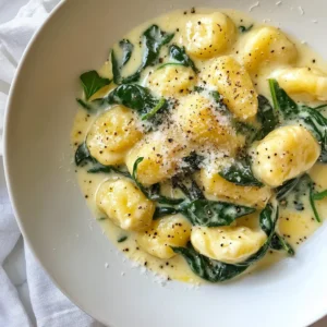 To make creamy spinach gnocchi, gather these key ingredients: - 1 pound store-bought gnocchi - 2 cups fresh spinach, chopped - 1 cup heavy cream - 1 tablespoon olive oil - 1 clove garlic, minced - 1/2 cup grated Parmesan cheese - 1/4 teaspoon nutmeg - Salt and pepper to taste - Freshly cracked black pepper for garnish - Optional: 1/4 cup sun-dried tomatoes, chopped These ingredients combine to create a rich and tasty dish. The gnocchi gives a soft texture while the spinach adds freshness. If you want to mix things up, consider these options: - Use frozen spinach instead of fresh. - Swap heavy cream for half-and-half for a lighter sauce. - Try different cheeses, like mozzarella or feta. - Add sun-dried tomatoes for a tangy twist. These swaps can change the dish's flavor while keeping it delicious. Each serving of creamy spinach gnocchi has about: - Calories: 450 - Protein: 15g - Carbohydrates: 40g - Fat: 25g - Fiber: 2g This dish is rich and filling. It provides a good balance of fats and carbs, making it a satisfying meal. Enjoy your creamy spinach gnocchi with a side salad for extra nutrients! {{ingredient_image_1}} First, fill a large pot with water and add salt. Bring it to a boil. Add the gnocchi to the pot. Cook them according to the package directions, usually for 2 to 3 minutes. You will know they are done when they float to the top. Drain them and set aside. Next, heat olive oil in a large skillet over medium heat. Add minced garlic to the hot oil. Sauté it for about 30 seconds until it smells great. Then, add the chopped spinach. Cook the spinach for 2 to 3 minutes until it wilts. If you want extra flavor, add sun-dried tomatoes at this stage. Stir everything well to mix. Now, lower the heat and pour in the heavy cream. Stir the cream as it heats up. Bring it to a gentle simmer. Add grated Parmesan cheese and nutmeg for a rich flavor. Season with salt and pepper to taste. Keep stirring until the cheese melts and the sauce becomes creamy. Add the cooked gnocchi to the creamy sauce in the skillet. Gently toss them to coat evenly. Heat everything through for another 2 to 3 minutes. This step helps the gnocchi soak up the flavors. To serve, divide the gnocchi among plates. Garnish with freshly cracked black pepper and more Parmesan cheese if you like. For a lovely touch, add fresh herbs like basil or parsley. You can also serve garlic bread on the side for a full meal. Enjoy! To boost the taste of your creamy spinach gnocchi, try these tips: - Use fresh garlic for a stronger flavor. - Add a squeeze of lemon juice for brightness. - Mix in crushed red pepper for a bit of heat. - Consider adding fresh herbs like basil or thyme. - Sun-dried tomatoes add a sweet, tangy kick. These small changes can make your dish even better. Avoid these common errors: - Overcooking the gnocchi makes them mushy. - Not salting the water can lead to bland gnocchi. - Skipping the nutmeg can dull the sauce's flavor. - Forgetting to toss the gnocchi gently can break them. By keeping these tips in mind, you'll have a delicious dish. Use these techniques for perfect gnocchi: - Cook gnocchi in boiling, salted water for 2-3 minutes. - Use a slotted spoon to remove gnocchi when they float. - Sauté garlic for just 30 seconds to avoid burning. - Add cream slowly to prevent splattering. - Toss the gnocchi and sauce carefully to avoid breakage. These techniques ensure your dish looks and tastes great. Pro Tips Fresh Spinach is Best: Use fresh spinach for a vibrant color and flavor. If you're using frozen spinach, make sure to thaw and drain it well to avoid excess water in the sauce. Perfectly Creamy Sauce: To achieve a rich and creamy sauce, add the heavy cream gradually and allow it to simmer gently. This will help prevent it from curdling. Customize with Protein: Consider adding grilled chicken or shrimp for extra protein. This transforms the dish into a hearty meal. Gnocchi Cooking Tip: Gnocchi is done when it floats to the surface of the boiling water. Be sure not to overcook to maintain its delicate texture. {{image_2}} You can make this dish fully plant-based. Replace the heavy cream with coconut cream or cashew cream. Use nutritional yeast instead of Parmesan for a cheesy taste. Add more veggies like mushrooms or bell peppers for extra flavor. For a heartier meal, add proteins like chicken or shrimp. Cook shrimp in the skillet until pink and tender. For chicken, sauté bite-sized pieces until cooked through. Toss the cooked protein with the gnocchi to create a filling dish. If you need a gluten-free version, use gluten-free gnocchi. You can find it in most stores. Make sure to check the labels for any hidden gluten. The rest of the recipe stays the same, so you still get that creamy goodness. After enjoying your creamy spinach gnocchi, store any leftovers in an airtight container. Make sure to let it cool down first. Place the container in your fridge. It will stay fresh for up to three days. For the best taste, eat it within two days. To reheat your gnocchi, you can use the stove or microwave. If using the stove, place the gnocchi in a skillet. Add a splash of cream or water. Heat over low heat, stirring gently. This helps keep the sauce creamy. If you choose the microwave, heat in short bursts. Stir in between to ensure it warms evenly. You can freeze creamy spinach gnocchi for later. To do this, let it cool completely. Then, transfer it to a freezer-safe container. It can last for up to three months. When you're ready to eat it, thaw it overnight in the fridge. Reheat using the instructions above. Yes, you can use frozen gnocchi. Frozen gnocchi cooks quickly and is very easy to use. Just drop them into boiling water. Cook them until they float, usually about 2-3 minutes. Then, follow the same steps in the recipe. It will taste great! Creamy spinach gnocchi pairs well with many sides. Try garlic bread or a fresh salad. A simple green salad adds crunch and freshness. You can also serve it with grilled chicken or shrimp for extra protein. To know if gnocchi is done, watch for them to float. When they rise to the top, they are ready. It usually takes about 2-3 minutes. You want them soft but not mushy. If you don’t have Parmesan, try Pecorino Romano or Grana Padano. Both offer a nice sharp flavor. You can also use mozzarella for creaminess or nutritional yeast for a vegan option. This keeps the dish rich and tasty! This blog post covered how to make creamy spinach gnocchi, including key ingredients, step-by-step instructions, and tips. You learned about optional ingredients and variations to suit your taste. I shared simple ways to store and reheat leftovers. Cooking should be fun and tasty. Experiment with your flavors and enjoy this dish! Remember, the best meals come from trying new things.