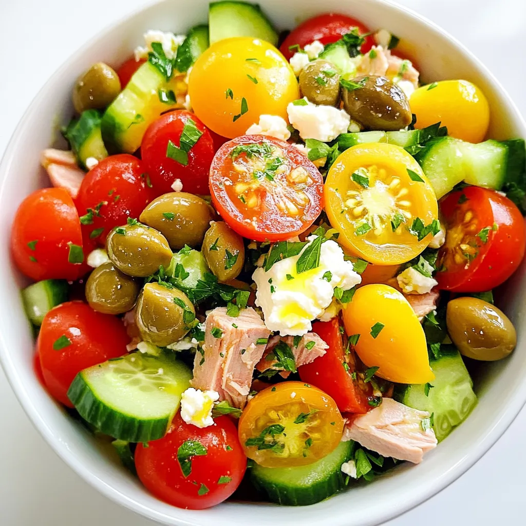 - 2 cans of good quality tuna in olive oil, drained - 1 cup cherry tomatoes, halved - 1/2 cup cucumber, diced - 1/4 cup red onion, finely chopped - 1/3 cup Kalamata olives, pitted and sliced - 1/4 cup feta cheese, crumbled - 2 tablespoons capers, rinsed and drained - 3 tablespoons fresh parsley, chopped - 3 tablespoons lemon juice - 2 tablespoons extra virgin olive oil - Salt and pepper to taste Choosing the best quality tuna Look for tuna packed in olive oil. It tastes better than water-packed tuna. Check labels for "line caught" or "pole caught" for sustainability. This choice enhances flavor and supports ocean health. Importance of fresh vegetables Fresh vegetables make a big difference. Use ripe cherry tomatoes and crisp cucumbers. These add crunch and brightness to your salad. Always pick veggies that feel firm and smell fresh. Selecting authentic Kalamata olives Kalamata olives should be dark purple and shiny. Buy them pitted for convenience. Look for jars labeled "Greek" or "authentic" to ensure quality. Their rich, fruity flavor elevates your salad to a new level. {{ingredient_image_1}} 1. Start with a large bowl. Add the drained tuna first. 2. Next, toss in the halved cherry tomatoes and diced cucumber. 3. Add the finely chopped red onion and sliced Kalamata olives. 4. Then, sprinkle in the crumbled feta cheese and rinsed capers. 5. Finally, add the chopped parsley. To mix the salad, use a large spoon. Gently fold the ingredients together. Be careful not to break the tuna too much. You want nice chunks in your salad. Letting the salad rest is key. After mixing, leave it for about 10 minutes. This time helps all the flavors blend well. The salad will taste better after resting. For serving, you can chill the salad in the fridge. It tastes great cold, but room temperature works too. Pair it with crusty bread or a light wine for a perfect meal. Enjoy! Chopping ingredients evenly helps your salad look great. Use a sharp knife for smooth cuts. For tomatoes, cut them in half and place them cut-side down. This way, they stay stable while you chop. Dice the cucumber into small pieces for a crunchy bite. Finely chop the red onion to mix well without overpowering the taste. Adjusting seasoning is crucial. Start with a pinch of salt and pepper. Taste the salad before serving. You can always add more salt if needed. Remember, feta and olives are salty. This makes it easy to add too much salt. Prepping ingredients ahead of time can save you minutes. You can chop the veggies and store them in the fridge. This way, when you’re ready to make the salad, it takes less time. Using canned tuna is a great choice. It is quick and still very tasty. If you have fresh tuna, you can grill or sear it for a different flavor. Both options work well. Just drain the canned tuna well to avoid excess oil. Pro Tips Quality Tuna Matters: Use good quality tuna packed in olive oil for the best flavor and texture. Fresh Ingredients: Opt for fresh vegetables and herbs to enhance the salad's taste and freshness. Let It Rest: Allow the salad to sit for about 10 minutes before serving to let the flavors meld together. Serve It Right: Enjoy the salad chilled or at room temperature for a refreshing dish. {{image_2}} If you want a vegetarian version, you can use chickpeas instead of tuna. Chickpeas offer a great texture and protein. You can also try using white beans or lentils for a similar effect. They add heartiness and flavor to the salad. Adding more vegetables enhances color and taste. You can include bell peppers, radishes, or even artichoke hearts. These additions offer crunch and freshness. Fresh herbs like basil or mint can also brighten the dish. To kick up the heat, add diced jalapeños or a sprinkle of red pepper flakes. This adds a spicy kick to each bite. If you prefer a milder flavor, try adding diced avocado. It gives a creamy texture without heat. Herbs can really change the flavor. Besides parsley, you can try dill or cilantro. Each herb brings its own unique flavor. Experimenting with these options can make your salad even more enjoyable. To store your Mediterranean tuna salad, use an airtight container. Glass or plastic containers work well. They keep the flavors sealed in and the salad fresh. If you have leftovers, separate the salad from any extra dressing. This helps keep the salad crisp. When you store the salad, place it in the fridge right away. To keep the ingredients fresh longer, try covering the container with plastic wrap or a lid. This prevents air from getting in. If you notice any cut vegetables, wrap them in a damp paper towel. This helps maintain moisture and keeps them from wilting. In the fridge, your Mediterranean tuna salad lasts about 3 days. Make sure to check the smell and look of the salad before eating. If you see any signs of spoilage, such as a sour smell or slimy texture, throw it away. Additionally, if the tomatoes or cucumbers start to get soggy, it's time to let go. Fresh ingredients are key to a tasty salad. Always remember: when in doubt, toss it out! Can you use different types of tuna? Yes, you can use different types of tuna. I recommend solid white albacore or skipjack. Both offer great taste and texture. Just ensure they are packed in olive oil for richness. You can also try tuna packed in water if you seek a lighter option. How to make the salad more filling? To make the salad more filling, add some cooked quinoa or chickpeas. These ingredients boost protein and fiber levels. You can also serve the salad on a bed of greens like spinach or arugula. This adds volume and more nutrients. What are the nutritional benefits of this salad? This salad is packed with nutrients. Tuna provides lean protein and omega-3 fatty acids, which are good for heart health. Cherry tomatoes add vitamins A and C. Cucumbers provide hydration. Feta cheese gives calcium and flavor, while olives add healthy fats. Overall, it's a balanced meal rich in vitamins and minerals. This article covered all you need to know about making a delicious tuna salad. We discussed key ingredients like tuna, fresh veggies, and feta cheese. Quality matters, so choose the best ingredients. I shared steps for mixing and flavoring the salad, along with tips for prep and storage. Remember, you can customize this salad to fit your taste. Try different veggies or spices for fun variations. With these tips, you can enjoy a fresh, tasty dish with confidence. Happy cooking!