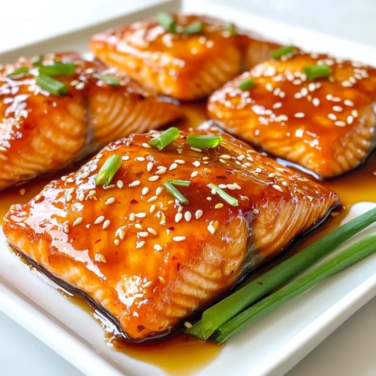 To make Sriracha honey glazed salmon, you will need the following ingredients: - 4 salmon fillets - 3 tablespoons honey - 2 tablespoons Sriracha sauce - 1 tablespoon soy sauce - 2 cloves garlic, minced - 1 tablespoon fresh ginger, grated - Juice of 1 lime - Salt and pepper to taste - 2 tablespoons sesame seeds - 3 green onions, chopped (for garnish) Each ingredient plays a key role in the flavor. The salmon gives richness, while honey adds sweetness. Sriracha brings heat, and soy sauce adds depth. Garlic and ginger provide zest. Lime juice brightens the dish, and sesame seeds add crunch. Green onions finish it off with freshness. Using fresh, high-quality ingredients makes a big difference. Look for salmon with bright color and firm texture. Fresh ginger and garlic will enhance the flavor, too. Enjoy each step as you gather your ingredients to create this delightful dish! {{ingredient_image_1}} To make the glaze, take a small bowl. Whisk together these ingredients: - 3 tablespoons honey - 2 tablespoons Sriracha sauce - 1 tablespoon soy sauce - 2 cloves garlic, minced - 1 tablespoon fresh ginger, grated - Juice of 1 lime - Salt and pepper to taste Mix until smooth. This glaze adds sweet and spicy flavors to the salmon. Next, preheat your oven. Set the broiler to high. Line a baking sheet with aluminum foil. This makes for easy cleanup later. Now it’s time to cook. Place the salmon fillets on the baking sheet, skin side down. Brush a generous amount of the glaze over the fillets. Don’t forget to save some glaze for later. Broil the salmon for about 6 to 8 minutes. Keep an eye on it to prevent burning. The salmon should be cooked through and flake easily with a fork. In the last minute, brush the remaining glaze over the salmon. This gives it a sticky, shiny finish. Once it’s done, remove the salmon from the oven. Sprinkle sesame seeds and chopped green onions on top for garnish. Your Sriracha honey glazed salmon is now ready to serve! To pick the best salmon, look for bright color. The flesh should be firm and moist. Do not choose fish with a dull appearance or dry spots. Fresh salmon has a clean smell, not a fishy one. Ask your fishmonger about the source to ensure quality. Wild-caught salmon often has a richer flavor than farmed types. Timing is key for the glaze. Apply it generously before broiling. Brush more on during the last minute for a sticky finish. This adds layers of flavor that elevate the dish. If you want more heat, increase the Sriracha. Adjust the honey for sweetness to balance the spice. You can pan-sear or grill your salmon if you prefer. For pan-searing, heat oil in a skillet over medium-high heat. Cook skin-side down for a crispy finish. Grill the salmon for a smoky flavor. Just be sure to watch for flare-ups. Both methods can give you that great glaze! Pro Tips Use Fresh Ingredients: Always opt for fresh salmon, garlic, and ginger to enhance the flavor of your glaze. Keep an Eye on Cooking Time: Salmon cooks quickly under the broiler, so monitor it closely to prevent burning. Customize the Heat Level: Adjust the amount of Sriracha based on your spice preference for a milder or hotter glaze. Let It Rest: Allow the salmon to rest for a few minutes after broiling to let the juices redistribute for a more tender bite. {{image_2}} If you want more heat, just add a bit more Sriracha. You can also try different chili sauces. For example, go for a spicy sambal or a chili garlic sauce. These will bring a unique twist. Taste as you go to find your perfect level of spice. To boost flavor, think about citrus or fresh herbs. A squeeze of lemon or orange juice can brighten the dish. You can also add fresh cilantro or basil. These herbs pair well with the glaze and salmon. Mixing in zest from citrus fruits can enhance the flavor too. This salmon shines when paired with steamed rice. The rice absorbs the sweet glaze, making each bite tasty. You can also serve it with sautéed vegetables like bok choy or snap peas. Their crunch adds a nice contrast to the tender salmon. For a fresh touch, add a side salad with a light dressing. To store leftover Sriracha honey glazed salmon, first let it cool down. Wrap each fillet in plastic wrap or aluminum foil. Place the wrapped salmon in an airtight container. You can refrigerate it for up to three days. If you want to keep it longer, freeze it. Wrap the salmon well in plastic. Then place it in a freezer bag. It can stay in the freezer for up to three months. To reheat your salmon, the best method is using the oven. Preheat the oven to 350°F. Place the salmon on a baking sheet. Cover it with foil to keep it moist. Heat for about 10-15 minutes. Check if it is warmed through. You can also use a microwave. Heat in short bursts of 30 seconds. This will help keep the fish from drying out. The shelf life of cooked salmon depends on storage. In the fridge, it lasts about three days. In the freezer, it can last up to three months. Always check for signs of spoilage. If it smells off or looks strange, it’s best to toss it. Enjoy your Sriracha honey glazed salmon while it's fresh! Yes, you can use frozen salmon. Just remember to thaw it first. Place the salmon in the fridge overnight or submerge it in cold water for faster thawing. For cooking from frozen, adjust the cooking time. Broil for about 10-12 minutes. Check if the salmon flakes easily with a fork. This ensures it cooks fully. Many sides pair well with this dish. Here are some popular options: - Steamed rice - Quinoa - Roasted vegetables - Sautéed greens - Cucumber salad - Coleslaw These sides add color and texture to your plate. They also balance the sweet and spicy flavors of the salmon. You can make this dish healthier in a few ways: - Use less honey or a sugar substitute. - Swap regular soy sauce for low-sodium soy sauce. - Serve with more veggies and less rice. - Consider grilling instead of broiling to reduce fat. These changes can help you enjoy the flavors while keeping calories in check. In this post, we explored a tasty Sriracha honey glazed salmon recipe. I shared key ingredients, cooking steps, and helpful tips for best results. You can easily adapt the dish with spice or herb variations. Remember to store leftovers properly and reheat them right for great flavor. Enjoy cooking salmon that’s both delicious and simple to prepare. This easy recipe can be a hit at your next meal.