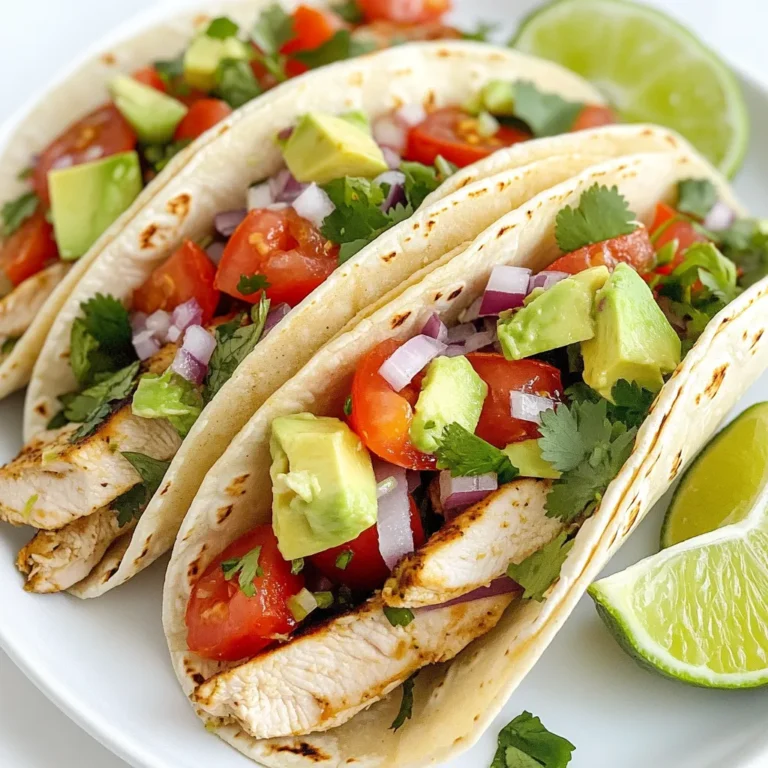 - 2 boneless, skinless chicken breasts - 1/4 cup olive oil - Juice of 2 limes - Zest of 1 lime The main ingredients set the stage for the bold flavors in these tacos. The chicken is tender and juicy, making it the perfect base. The olive oil adds richness, while lime juice and zest bring a bright kick. The fresh taste of lime makes each bite refreshing. - 1 teaspoon ground cumin - 1 teaspoon smoked paprika - 1 teaspoon garlic powder - Salt and pepper to taste Spices are key to great flavor. Ground cumin adds warmth and depth. Smoked paprika gives a subtle smokiness. Garlic powder enhances the taste with its savory notes. Salt and pepper finish the mix, bringing all the flavors together. - 1 cup fresh cilantro, chopped - Corn or flour tortillas - 1 cup diced tomatoes - 1 avocado, sliced - 1/2 cup red onion, finely chopped - 1 jalapeño, sliced (optional) - Lime wedges, for serving Toppings make these tacos pop! Fresh cilantro adds a burst of green flavor. Choose corn or flour tortillas based on your preference. Diced tomatoes and avocado add creaminess and freshness. Red onion gives a bit of crunch, while jalapeño offers heat for those who like it spicy. Lime wedges are a must for that extra zing. With these ingredients, you can create tacos that are not only tasty but also visually stunning. The variety of colors and textures will impress anyone you serve. - In a small bowl, whisk together: - 1/4 cup olive oil - Juice of 2 limes - Zest of 1 lime - 1 teaspoon ground cumin - 1 teaspoon smoked paprika - 1 teaspoon garlic powder - Salt and pepper to taste Mix until well blended. This marinade brings a bright flavor to the chicken. - Place the chicken breasts in a resealable bag or dish. Pour the marinade over the chicken. Seal the bag or cover the dish. Marinate in the refrigerator for at least 30 minutes. For more taste, marinate up to 2 hours. - Preheat your grill or skillet over medium-high heat. This step ensures a nice sear. - Remove the chicken from the marinade. Cook the chicken for 6-7 minutes on each side. It is done when the internal temperature reaches 165°F. The chicken should look golden brown and juicy. - After cooking, let the chicken rest for a few minutes. This keeps it tender. Slice it into thin strips. - Warm the tortillas on the grill or in a dry skillet for about 30 seconds on each side. This makes them soft and easy to fold. - Assemble the tacos: Place a few strips of chicken on each tortilla. Then, add toppings like: - 1 cup diced tomatoes - 1 avocado, sliced - 1/2 cup red onion, finely chopped - 1 jalapeño, sliced (optional) - 1 cup fresh cilantro, chopped - Serve the tacos with lime wedges on the side. The lime adds a zesty kick that brightens each bite. To boost the flavor of your chicken, marinate it well. This helps the chicken soak up all the tasty spices and lime juice. I suggest a marinating time of at least 30 minutes. However, if you have the time, go for 2 hours. This longer soak makes the chicken even more delicious. If you don’t want to grill, a skillet works great too. You can also bake the chicken in the oven. Just make sure the chicken reaches an internal temperature of 165°F (75°C). This means it’s safe to eat. To check for doneness, cut into the thickest part of the chicken. If the juices run clear, you’re good to go! Make your tacos pop with some fun serving ideas. Arrange them on a colorful plate or a rustic wooden board. It adds a nice touch to your meal. For garnishing, sprinkle extra cilantro on top. Squeeze some lime juice over the tacos. This gives them a fresh look and taste. {{image_2}} For a fun twist, swap chicken for shrimp or tofu. Shrimp cooks fast and adds a nice texture. Tofu provides a great vegetarian option. Both choices work well with the marinade. You can also change up the tortillas. Try whole wheat tortillas for a healthier option. Lettuce wraps are great for a lighter meal. They add a fresh crunch that everyone will enjoy. Want to kick up the flavor? Add more spices like chili powder or cayenne pepper. Hot sauces can bring the heat and excite the taste. Just a few drops can change everything. Incorporating seasonal veggies can also enhance your tacos. Bell peppers and corn add color and crunch. Zucchini or summer squash blends well with the chicken too. Use what is fresh and local! Pair your tacos with sides like rice or beans for a full meal. Cilantro-lime rice complements the tacos well. You can also serve black beans for extra protein and flavor. For drinks, try a light beer or a fruity soda. A refreshing margarita or a limeade can elevate your meal. Choose drinks that balance the flavors of the tacos. To keep your cooked chicken fresh, place it in an airtight container. Store it in the fridge for up to four days. If you have assembled tacos, it's best to keep them separate. This helps prevent soggy tortillas. Store tortillas in a sealed bag and toppings in separate containers. For safe reheating, use a microwave or skillet. Heat chicken until it reaches 165°F again. For tortillas, warm them in a dry skillet. This makes them soft and pliable. Reheat tortillas for about 30 seconds on each side. Enjoy them within two days for the best taste. To freeze chicken, let it cool completely first. Place it in a freezer bag and squeeze out the air. It can last up to three months. For toppings, you can freeze diced tomatoes and chopped cilantro, too. To thaw, place them in the fridge overnight. Reheat chicken in a skillet for the best flavor. To know if the chicken is done, use a meat thermometer. Insert it into the thickest part of the chicken. It should read 165°F (75°C). You can also check the color. The meat should be white, with no pink inside. Juices should run clear. Both methods ensure your chicken is safe to eat. You can prep these tacos in advance. Marinate the chicken a day before. Store it in the fridge. This will make the flavors deeper. Cooked chicken can be stored for up to four days. Keep it in an airtight container. Warm it up when you’re ready to eat. You can also chop toppings ahead of time. Just store them in separate containers. This way, you can assemble the tacos quickly. If you need a substitute for lime juice, try lemon juice. It has a similar tangy flavor. You can also use vinegar, like apple cider vinegar. This will give a different taste but still work well. Another option is to use orange juice. It adds sweetness but may change the flavor slightly. Each substitute will keep your tacos tasty. Cilantro lime chicken tacos are simple and tasty. You learned about the main ingredients, marinating, and cooking steps. I shared tips for perfect flavor and creative serving ideas. You can swap ingredients, enhance flavors, or store leftovers easily. Enjoy making these tacos at home and impressing your friends. Use the ideas shared to personalize your dish. You’ll experience the fresh taste and enjoy every bite. Try it today!