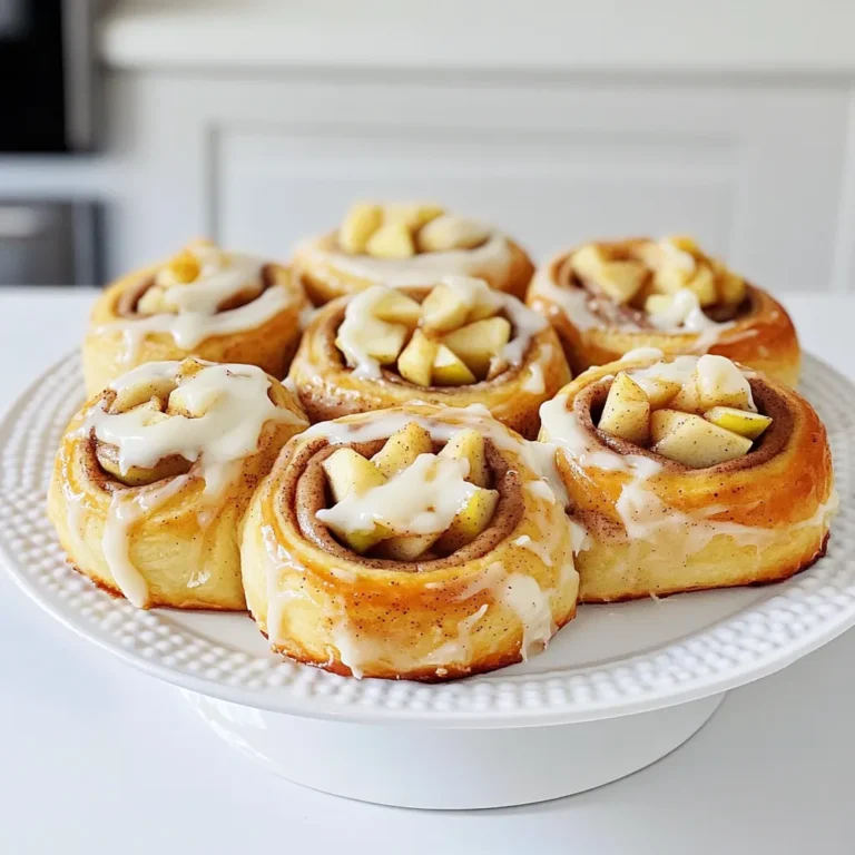 To make these tasty apple pie cinnamon rolls, gather the following items: - 2 cups all-purpose flour - 1/2 cup granulated sugar - 1 tablespoon baking powder - 1/2 teaspoon salt - 1/2 teaspoon ground cinnamon - 1/4 cup unsalted butter, melted - 3/4 cup milk - 1 large egg - 1 apple, peeled and diced (preferably Granny Smith) - 1/2 cup brown sugar - 1 tablespoon cornstarch - 1 teaspoon vanilla extract - 1 teaspoon lemon juice - 1/4 cup raisins (optional) - 1/2 cup chopped walnuts or pecans (optional) - Cream cheese frosting for drizzling (optional but recommended) You can make these rolls your own with some fun extras: - Add 1/4 cup raisins for a chewy texture. - Mix in 1/2 cup chopped walnuts or pecans for a nutty crunch. - Drizzle cream cheese frosting for a sweet finish. If you need to swap ingredients, try these options: - Use whole wheat flour instead of all-purpose flour for more fiber. - Swap the granulated sugar for coconut sugar for a lower glycemic index. - Use almond milk or oat milk if you prefer a dairy-free option. - Replace the apple with pears for a different fruit flavor. To start, grab a large bowl. Mix together the following dry ingredients: - 2 cups all-purpose flour - 1/2 cup granulated sugar - 1 tablespoon baking powder - 1/2 teaspoon salt - 1/2 teaspoon ground cinnamon Once mixed, pour in: - 1/4 cup melted unsalted butter - 3/4 cup milk - 1 large egg Stir this until a soft dough forms. It should be smooth and slightly sticky. Next, let's make the filling. Take a medium bowl and add: - 1 apple, peeled and diced - 1/2 cup brown sugar - 1 tablespoon cornstarch - 1 teaspoon vanilla extract - 1 teaspoon lemon juice If you like, you can add: - 1/4 cup raisins (optional) - 1/2 cup chopped walnuts or pecans (optional) Mix everything well. You want the apple pieces to be coated. Now it's time to roll! First, sprinkle flour on a clean surface. Knead the dough for about 1-2 minutes until it's smooth. Roll it out into a rectangle about 1/4 inch thick. Spread the apple filling evenly over the dough. Starting from one edge, roll the dough into a log shape. Slice this log into 12 even rolls. Preheat your oven to 350°F (175°C). Place the sliced rolls in a greased baking dish. Leave some space between them to expand. Bake for 25-30 minutes or until they turn golden brown. Once done, cool for about 10 minutes. If you want, drizzle cream cheese frosting on top. Enjoy your Apple Pie Cinnamon Rolls! Kneading dough is simple. Use a clean, floured surface to prevent sticking. Press down and fold the dough over itself. Do this for 1-2 minutes until it feels smooth. When rolling, keep the dough about 1/4 inch thick. Use a rolling pin to get even thickness. This helps the rolls bake evenly. Preheat your oven to 350°F (175°C) before baking. This step is key for good rolls. Arrange the sliced rolls in a greased dish, but don’t squish them together. Leave space for the rolls to rise. Bake for 25-30 minutes until golden brown. If the tops start browning too fast, cover them with foil. After baking, let the rolls cool for about 10 minutes. This helps the frosting set better. You can use cream cheese frosting for a rich taste. Drizzle the frosting in a zigzag pattern for a nice look. If you want, add some chopped nuts on top for crunch. Enjoy your tasty creation! {{image_2}} You can choose many apples for these rolls. Granny Smith apples work best. Their tart taste balances the sweet filling. Other great choices include Honeycrisp and Fuji. Honeycrisp adds sweetness and crunch. Fuji apples offer a soft and sweet bite. Try mixing different types for more flavor depth. Feel free to get creative with fillings. You can add berries like blueberries or raspberries. These fruits give a fresh twist. Chopped pecans or walnuts add a nice crunch. If you like spices, try adding nutmeg or ginger to the mix. You can also use caramel sauce instead of frosting for extra sweetness. You can make these rolls dairy-free with simple swaps. Use almond milk or oat milk instead of regular milk. For the butter, try coconut oil or vegan butter. If you need a gluten-free option, use a gluten-free flour blend. Just make sure it has a good binding agent like xanthan gum. These swaps let everyone enjoy this treat! To keep your apple pie cinnamon rolls fresh, place them in an airtight container. Let them cool fully before storing. This helps prevent sogginess. They stay good at room temperature for up to two days. If you want to keep them longer, store them in the fridge for up to a week. If you want to freeze the rolls, first cool them completely. Wrap each roll in plastic wrap tightly. This keeps out air and moisture. Then, place the wrapped rolls in a freezer bag or container. They can last in the freezer for up to three months. When you are ready to eat them, take them out and let them thaw in the fridge overnight. To reheat your apple pie cinnamon rolls, preheat your oven to 350°F (175°C). Place the rolls on a baking sheet. Cover them with foil to avoid drying out. Heat for about 10-15 minutes until warm. You can also use the microwave for quick reheating. Just heat for 15-20 seconds at a time, checking often. Enjoy your rolls warm! To make your rolls fluffier, use warm milk. Warm milk helps activate the baking powder. Also, do not over-knead the dough. Knead just until smooth. Let the dough rest for a few minutes before rolling it out. This helps the gluten relax, making lighter rolls. Yes, you can prep these rolls a day ahead. Make the dough and the filling. Assemble the rolls but do not bake them. Cover the dish with plastic wrap and store in the fridge. When you are ready, let them sit at room temperature for about 30 minutes. Then, bake as usual. Serve these rolls warm, right from the oven. Drizzle with cream cheese frosting for extra flavor. You can also top them with a scoop of vanilla ice cream. Pairing with coffee or tea makes a delightful treat. You learned how to make tasty Apple Pie Cinnamon Rolls. We covered the key ingredients and how to customize them. You now know how to prepare the dough and make a yummy filling. Assembling and baking is easy with the right tips. Consider the different apple types and alternative fillings for fun twists. Proper storage helps keep your rolls fresh. Finally, I answered your common questions to help you along the way. Enjoy baking and sharing these rolls!