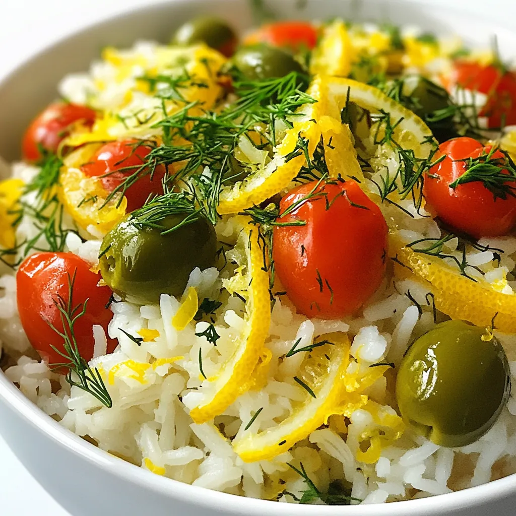 To make the best Greek lemon rice, you need some key ingredients: - 2 cups long-grain rice (preferably basmati) - 4 cups vegetable broth - 1 medium onion, finely chopped - 3 cloves garlic, minced - 1 cup cherry tomatoes, halved - 1/2 cup green olives, sliced - 1/4 cup fresh dill, chopped - 1/4 cup fresh parsley, chopped - Zest and juice of 2 lemons - 1 teaspoon oregano - 1/2 teaspoon black pepper - Salt, to taste - 3 tablespoons olive oil Each of these ingredients plays a role in creating that bright, zesty flavor. The lemon zest and juice really bring a fresh taste. The olives and herbs add depth and a bit of saltiness. You can also add some optional items to boost the flavor: - Feta cheese for a creamy touch - Capers for a briny kick - Red pepper flakes for heat These add-ons can make your dish more complex. They can take the simple rice to the next level of yum! If you don’t have some ingredients, don’t worry! Here are some swaps you can try: - Use chicken broth instead of vegetable broth for a richer taste. - Swap basmati rice for jasmine rice if that’s what you have. - Fresh herbs can be replaced with dried ones, but use less. These substitutions ensure you can still enjoy this dish, even if you lack some items. Just remember to adjust cooking times based on what you use! {{ingredient_image_1}} Start by gathering your ingredients. You will need: - 2 cups long-grain rice (preferably basmati) - 4 cups vegetable broth - 1 medium onion, finely chopped - 3 cloves garlic, minced - 1 cup cherry tomatoes, halved - 1/2 cup green olives, sliced - 1/4 cup fresh dill, chopped - 1/4 cup fresh parsley, chopped - Zest and juice of 2 lemons - 1 teaspoon oregano - 1/2 teaspoon black pepper - Salt, to taste - 3 tablespoons olive oil Chop the onion and garlic before you start cooking. This makes it easy to add them quickly. Halve the cherry tomatoes and slice the olives. Measure out the herbs and spices. In a large pot, heat the olive oil over medium heat. Add the chopped onion. Sauté it for about 5 minutes until it softens. Then, stir in the minced garlic and cook for another minute until it smells good. Next, add the rice to the pot. Stir well to coat it with the oil. Toast the rice for 2-3 minutes until it looks slightly clear. Pour in the vegetable broth, lemon juice, and lemon zest. Add oregano, black pepper, and salt. Stir everything together. Bring the pot to a boil. Once it starts bubbling, lower the heat and cover the pot. Let it simmer for 15-20 minutes. Check the rice to make sure it absorbs the liquid and is tender. When the rice is ready, use a fork to fluff it gently. Then, fold in the cherry tomatoes, green olives, dill, and parsley. Mix it carefully to keep the rice fluffy. Let the dish sit covered for 5 minutes. This helps the flavors blend well. Serve the rice warm. You can add more herbs or lemon slices for a pretty touch. Enjoy your bright and tasty one-pot Greek lemon rice! I recommend using long-grain rice, like basmati. This rice cooks well and stays fluffy. It absorbs flavors nicely. If you use short-grain rice, it can become sticky. Always rinse the rice before cooking. This helps remove excess starch. It also prevents clumping during cooking. To avoid overcooking, keep an eye on the heat. Once the pot boils, lower the heat. Cover the pot tightly. This traps steam and cooks the rice evenly. Cook for 15-20 minutes without lifting the lid. Checking too early can let steam escape. If the rice seems dry, add a little broth. You can mix in different flavors for fun. Try adding cooked chicken or shrimp for protein. For a twist, add spices like cumin or paprika. Squeeze in more lemon for a zesty kick. You can also add nuts like almonds for crunch. Fresh herbs can change the taste, too. Try basil or mint for a fresh note. Pro Tips Soak the Rice: Soaking the rice for 30 minutes before cooking can help achieve a fluffier texture by allowing the grains to absorb some water and cook more evenly. Enhance the Flavor: For an extra flavor boost, consider adding a bay leaf or a few whole peppercorns to the broth while cooking the rice, then remove them before serving. Use Fresh Herbs: Fresh herbs make a significant difference in flavor. If possible, use fresh dill and parsley instead of dried for a more vibrant taste. Let it Rest: Allow the dish to rest for a few minutes after cooking. This helps the flavors to meld and the rice to firm up, making it easier to serve. {{image_2}} You can easily add protein to make this dish heartier. If you like chicken, cut it into small pieces. Sauté the chicken with the onion until it is cooked through. For shrimp, add them in the last few minutes of cooking. They only need a few minutes to turn pink. If you prefer tofu, use firm tofu. Cube it and sauté with the onion. This will add a nice texture and flavor. The base recipe is already vegetarian. To make it vegan, just skip any dairy. Add more veggies like spinach or bell peppers for flavor. You can also mix in chickpeas for extra protein. They add a nice bite and are very filling. Use vegetable broth to keep it fully plant-based. Seasonal vegetables can boost the flavor. In spring, add peas or asparagus. In summer, try zucchini or bell peppers. In fall, you can use butternut squash or carrots. Chop the veggies and stir them in during the last few minutes of cooking. This will keep them crisp and colorful. Adjust the cooking time based on how soft you like your veggies. To keep your Greek lemon rice fresh, let it cool. Then, place it in an airtight container. Store it in the fridge for up to 4 days. This method keeps the rice soft and tasty. Make sure to seal the container well to prevent drying out. When it’s time to reheat, add a splash of broth or water. This helps the rice regain moisture. Heat it in a pot over low heat, stirring often. You can also use the microwave. Cover the rice with a damp paper towel to keep it moist. Heat it in short bursts until warm. For long-term storage, freezing is a great option. Pack the rice in freezer-safe bags or containers. Remove as much air as possible before sealing. Label the bags with the date. You can freeze the rice for up to 3 months. When ready to eat, thaw it in the fridge overnight before reheating. This keeps the flavor and texture intact. You can make Greek Lemon Rice ahead of time. Cook the rice as usual. Once it cools, store it in an airtight container. Keep it in the fridge for up to three days. When you are ready to eat, just reheat it. You can add a splash of broth or water to keep it moist. Yes, you can use brown rice instead of white rice. Brown rice has more fiber and a nutty taste. Keep in mind, it takes longer to cook. Use the same amount of broth but add 10-15 minutes to the cooking time. Check the rice for doneness before serving. Greek Lemon Rice pairs well with many dishes. Here are some great options: - Grilled chicken or fish - Roasted vegetables - Greek salad - Stuffed peppers - Lamb dishes These options will create a balanced meal. Each dish brings out the bright flavors of the rice. Enjoy mixing and matching! In this post, we explored the key ingredients and simple steps to make Greek Lemon Rice. We discussed how to prep, cook, and serve it, along with helpful tips for perfect texture. You can customize with proteins or seasonal veggies to match your taste. Storing and reheating it is easy for quick meals. With these ideas, you can enjoy Greek Lemon Rice anytime. This dish is fresh, flavorful, and perfect for sharing. Enjoy making it your own!