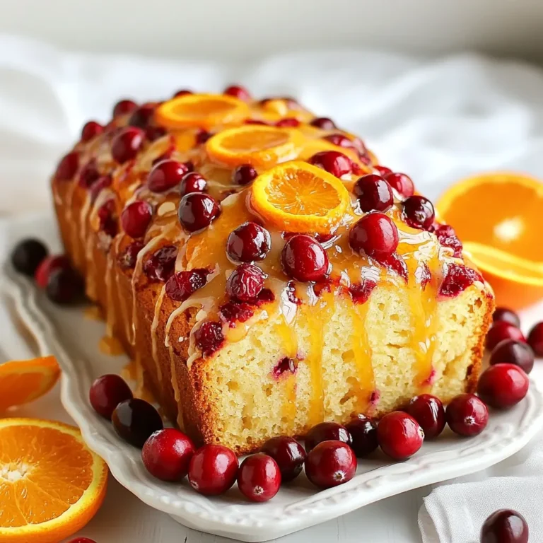 To make a delightful Cranberry Orange Breakfast Bread, gather these key items: - 2 cups all-purpose flour - 1 cup fresh cranberries, chopped - 1/2 cup sugar - 1/2 cup unsalted butter, softened - 2 large eggs - 1/2 cup orange juice (freshly squeezed if possible) - Zest of 1 orange - 1 teaspoon baking powder - 1/2 teaspoon baking soda - 1/2 teaspoon salt - 1/2 teaspoon ground cinnamon These ingredients work together to create a loaf that is moist, tangy, and sweet. You can add these extras to boost flavor and texture: - 1/4 teaspoon nutmeg (optional) - 1/2 cup chopped walnuts or pecans (optional) - 1/2 cup powdered sugar (for glaze) - 1-2 tablespoons orange juice (for glaze) The nuts give a nice crunch, while the glaze adds sweetness. If you have allergies or dietary needs, consider these swaps: - Use gluten-free flour for a gluten-free option. - Replace butter with coconut oil or vegan butter for dairy-free. - Substitute eggs with flaxseed meal mixed with water for a vegan option. These adjustments keep the bread tasty and safe for all diets. {{ingredient_image_1}} Start by preheating your oven to 350°F (175°C). This is the perfect temperature for baking. Next, take a 9x5-inch loaf pan and grease it well. This will help your bread release easily after baking. In a large bowl, combine the dry ingredients. Whisk together 2 cups of all-purpose flour, 1 teaspoon of baking powder, 1/2 teaspoon of baking soda, and 1/2 teaspoon of salt. Add in 1/2 teaspoon of ground cinnamon and 1/4 teaspoon of nutmeg if you want a warm flavor. Mix these well to ensure even distribution. In another bowl, cream together 1/2 cup of softened unsalted butter and 1/2 cup of sugar. Use an electric mixer or a whisk for about 3-4 minutes. The mixture should be light and fluffy. This step is key for a soft texture in your bread. Next, add in 2 large eggs, one at a time. Beat well after each addition. Then, mix in 1/2 cup of freshly squeezed orange juice and the zest of 1 orange. This will give your bread a bright, citrusy flavor. Gradually add the dry mixture to the wet mixture. Stir gently until no streaks of flour remain. Be careful not to over-mix. This keeps the bread light and fluffy. Now, gently fold in 1 cup of chopped fresh cranberries and 1/2 cup of chopped walnuts or pecans, if you choose. Make sure they are evenly distributed throughout the batter. This adds a nice texture and flavor to the bread. Pour the batter into the prepared loaf pan. Smooth the top with a spatula. Bake in the preheated oven for 55-65 minutes. Check with a toothpick; it should come out clean when the bread is done. After baking, let it cool in the pan for about 10 minutes. Then transfer it to a wire rack to cool completely. For the glaze, mix 1/2 cup of powdered sugar with 1-2 tablespoons of orange juice. Adjust the juice to get the right drizzling consistency. Once the bread cools, drizzle this sweet glaze over the top. This step adds a beautiful shine and extra flavor. To keep your cranberry orange breakfast bread light and fluffy, follow these tips: - Don’t over-mix: Mix the wet and dry ingredients just until combined. - Use fresh ingredients: Fresh cranberries and orange juice make a big difference. - Room temperature eggs: Let your eggs sit out for a bit. They mix better this way. - Sift your flour: Sifting can help add air to the flour, making it lighter. Adding extra flavors can elevate your bread: - Cinnamon and nutmeg: These spices pair well with the cranberries and orange. - Chopped nuts: Walnuts or pecans add great crunch. - Glazing options: Use a mix of orange juice and powdered sugar for a sweet finish. - Serve with butter: A pat of butter brings out the flavors nicely. Enjoy your bread in several fun ways: - Slice and serve: Present your bread on a colorful platter with orange slices. - Toast it: Lightly toasting the slices adds warmth and depth. - Pair with yogurt: Add a side of yogurt for a creamy balance. - Add fresh fruit: Serve with fresh berries to brighten your plate. Pro Tips Use Fresh Cranberries: Fresh cranberries provide a tartness that complements the sweetness of the bread. If using frozen, do not thaw them to prevent excess moisture. Optimal Mixing: Mix the batter just until combined to ensure a light and fluffy texture. Over-mixing can lead to a dense loaf. Cooling Time: Allow the bread to cool in the pan for a few minutes before transferring it to a wire rack. This helps maintain its shape. Glaze Variations: Experiment with adding orange zest to the glaze for an extra burst of citrus flavor, or substitute lemon juice for a different twist. {{image_2}} You can mix up your cranberry orange breakfast bread by adding other fruits. Dried fruits like raisins or apricots add sweetness. Chopped apples or pears can give a nice crunch. If you want a tropical twist, try adding pineapple or mango. Each fruit brings its own unique taste and texture. This way, you can customize the bread to fit your mood. To make this bread gluten-free, swap all-purpose flour for a gluten-free blend. Ensure the blend has xanthan gum for better texture. For a dairy-free option, replace butter with coconut oil or a dairy-free spread. Use a non-dairy milk instead of orange juice if desired. These changes make the bread suitable for those with dietary needs, without losing flavor. The glaze is a fun part of this recipe. While the orange glaze is sweet, you can try other flavors. A lemon glaze will give a bright twist. For a richer taste, a vanilla glaze works well too. Just mix powdered sugar with your chosen juice or extract. You could even add a splash of bourbon for a unique twist. Each glaze option adds its own charm to the bread. To keep your cranberry orange breakfast bread fresh, wrap it tightly in plastic wrap. You can also place it in an airtight container. This method keeps the bread moist for about three days at room temperature. If you live in a humid area, consider storing it in the fridge to prevent mold. Just remember that the fridge can dry out the bread, so wrap it well. If you want to save some for later, freezing is a great option. First, let the bread cool completely. Then, slice it into pieces. Wrap each slice in plastic wrap. After that, place the wrapped slices in a freezer-safe bag. This way, you can pull out just what you need. The bread can stay in the freezer for up to three months. When you're ready to eat, just thaw it in the fridge or at room temperature. To enjoy your bread warm, preheat your oven to 350°F (175°C). Place the slices on a baking sheet and heat for about 10 minutes. This will help revive the soft texture and flavor. If you're in a hurry, you can also use a microwave. Heat each slice for about 15-20 seconds. Just be careful not to overheat, as it can make the bread tough. Enjoy it warm with a little butter or extra glaze! Yes, you can use frozen cranberries. They work well in this bread. Just do not thaw them before adding. This keeps the bread moist and adds a burst of flavor. Frozen cranberries may make the batter a bit more wet, so you might need to bake it a few extra minutes. You can check if the bread is done by using a toothpick. Insert it into the center of the loaf. If it comes out clean or with a few crumbs, the bread is ready. If it has wet batter on it, bake for a few more minutes. The edges will also look golden brown. There are many uses for leftover orange juice! You can use it in smoothies for a fresh taste. It can also be added to salad dressings for extra flavor. Try using it in marinades for chicken or fish. You can even mix it into yogurt for a tasty treat. You can easily make this bread vegan. Replace the eggs with flaxseed meal or applesauce. Use plant-based butter instead of regular butter. For the orange juice, make sure it's fresh. This way, you still get that lovely flavor without using animal products. The bread will still be delicious! Cranberry orange breakfast bread is a delightful treat. We explored key ingredients, step-by-step instructions, and helpful tips. You can customize the recipe with various fruits and glazes. Remember, proper mixing makes a light bread, and storing it well keeps it fresh. Whether you're serving it at breakfast or enjoying it as a snack, this bread is sure to impress. With a few simple adjustments, you can tailor it to your taste. Enjoy making this tasty and aromatic bread!