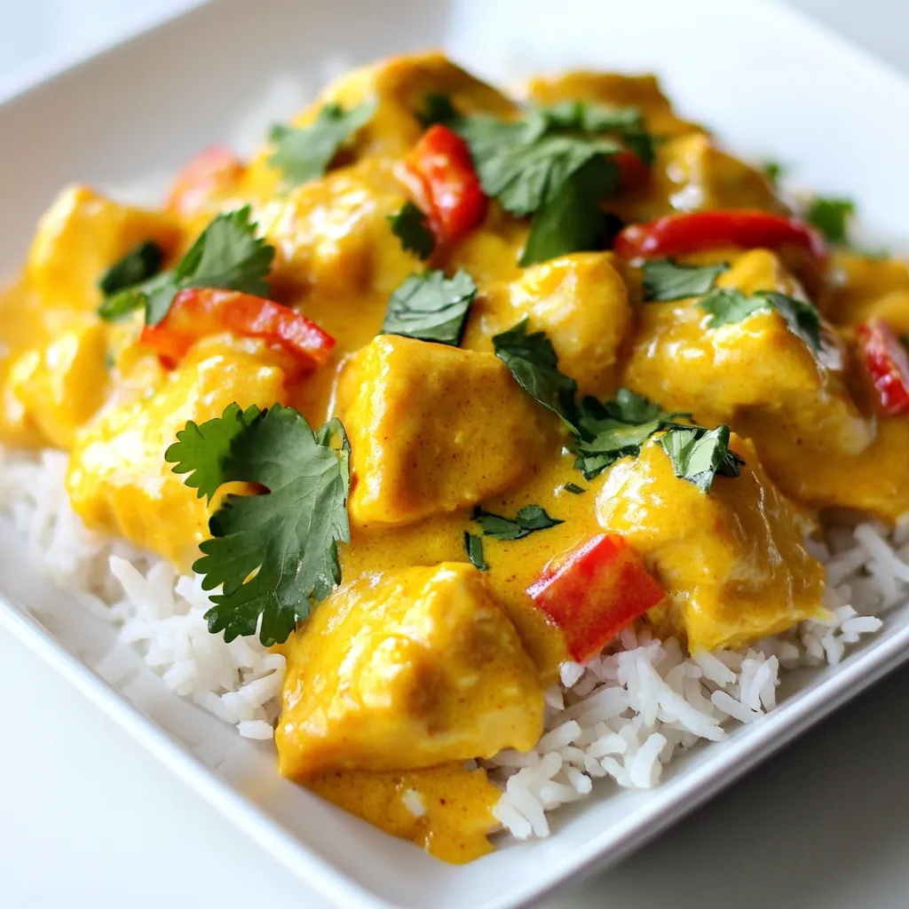 - 1 lb (450g) chicken breasts, cubed - 1 ripe mango, pureed - 1 can (14 oz) coconut milk - 1 medium onion, finely chopped - 3 cloves garlic, minced - 1-inch piece of ginger, minced - 2 tablespoons curry powder - 1 tablespoon olive oil - 1 tablespoon lime juice - Salt and pepper to taste - Fresh cilantro for garnish - 1 red bell pepper, sliced - 1 tablespoon honey (optional for sweetness) In this dish, chicken breasts are the star. They soak up all the tasty flavors. The ripe mango adds a sweet and creamy touch. Coconut milk makes it rich and smooth. Together, these main ingredients create a great base for the curry. Now, let’s talk about the extra ingredients. Chopped onion, minced garlic, and ginger start the flavor party. They add warmth and depth. Curry powder brings that classic spice mix, filling the air with an amazing aroma. Olive oil helps cook everything perfectly. You can add honey if you want a sweeter dish. It balances the spices well. The red bell pepper adds color and crunch. Fresh cilantro on top gives a nice finish. These ingredients work together to make a dish that is both simple and packed with flavor. {{ingredient_image_1}} 1. First, heat 1 tablespoon of olive oil in a large skillet over medium heat. 2. Add 1 medium onion, finely chopped. Sauté until it turns translucent, about 5 minutes. 3. Next, add 3 cloves of minced garlic and 1-inch piece of minced ginger. Cook for 2 more minutes until you smell the aroma. 4. Now, stir in 2 tablespoons of curry powder. Allow the spices to bloom for 1 minute. 1. Add 1 pound of cubed chicken breasts to the pan. Sauté until browned on all sides, which should take about 6 to 8 minutes. 2. Pour in the 1 ripe mango, pureed, and 1 can of coconut milk. Mix everything well. 3. Bring the mixture to a gentle simmer. 1. Add 1 sliced red bell pepper to the skillet. Cook for 10 to 15 minutes. This lets the chicken cook through and become tender. 2. Stir in 1 tablespoon of lime juice. This step balances the flavors. 3. Season with salt and pepper to taste. 4. Finally, remove from heat and garnish with fresh cilantro before serving. Enjoy your Mango Curry Chicken over jasmine rice for a delightful meal! To get the best texture for chicken, cut it into small, even cubes. This helps it cook evenly. Sauté the chicken until it's browned on all sides. This step adds a nice flavor. Keep the heat at medium to avoid burning. For flavor enhancement, add garlic and ginger early. This allows their flavors to bloom. Use fresh ingredients whenever possible. Fresh garlic and ginger make a big difference. If you want extra sweetness, try adding honey. It pairs well with the mango. When serving Mango Curry Chicken, a bed of jasmine rice works well. The rice soaks up the sauce, adding flavor. Drizzle extra coconut milk on top for a creamy touch. For garnishing ideas, add fresh cilantro for color and freshness. You can also sprinkle some sliced red bell pepper on the dish. This adds a pop of color and crunch. Consider using lime wedges on the side. They add a bright burst of flavor when squeezed over the dish. Pro Tips Use Fresh Mango: For the best flavor, opt for a ripe, fresh mango rather than canned puree. This will enhance the dish's sweetness and freshness. Adjust Spice Level: If you prefer a spicier curry, consider adding a pinch of cayenne pepper or diced chili peppers with the garlic and ginger. Let it Simmer: Allowing the curry to simmer longer can deepen the flavors. Just make sure to check the chicken for doneness. Garnish Generously: Fresh cilantro adds not only color but also a burst of flavor. Don’t skimp on the garnish for a restaurant-quality presentation. {{image_2}} You can change the protein in this dish. If you prefer tofu, use firm tofu instead of chicken. Just cube it and cook it the same way. Shrimp is another great choice. Cook it until pink and tender. You can also swap the mango. Pineapple adds a sweet twist. Peaches can bring a nice touch too. For veggies, try adding zucchini or carrots. They will add crunch and color. Want more heat? Add red pepper flakes or fresh chili. You can also use hot curry powder for a kick. If you prefer it milder, leave out the red pepper. Use sweet curry powder to keep it gentle. Different curry powders can change the flavor. Garam masala adds warmth and depth. Thai curry powder brings a different vibe. Experiment with what you have in your spice rack! Mango curry chicken lasts in the fridge for up to four days. Store it in an airtight container. Glass or plastic containers work well. This keeps the dish fresh and tasty. Always let it cool down before storing. To freeze mango curry chicken, first, let it cool completely. Then, transfer it to a freezer-safe bag or container. Remove as much air as possible. This prevents freezer burn and keeps the flavor. You can freeze it for up to three months. When you’re ready to eat, thaw it in the fridge overnight. Reheat it in a skillet over low heat. Add a splash of water or coconut milk to keep it moist. Stir well and heat until warm. This keeps the dish delicious and enjoyable. You can serve Mango Curry Chicken with several tasty sides. Here are my top picks: - Jasmine rice: It soaks up the delicious curry sauce well. - Quinoa: This adds a nutty flavor and boosts nutrition. - Naan bread: Use it to scoop up the curry for a fun experience. - Steamed veggies: Broccoli or green beans add color and crunch. - Cucumber salad: This fresh side cools the palate and adds a crunchy contrast. These sides will make your meal more enjoyable and balanced. Yes, you can make this dish dairy-free easily. Instead of coconut milk, use: - Almond milk: This gives a light, nutty flavor. - Soy milk: A good option, but choose unsweetened for best taste. - Cashew cream: A rich and creamy choice that adds depth. Each alternative works well, so choose what you like best! To check if the chicken is cooked, use these tips: - Color check: The chicken should be white and no longer pink inside. - Juice test: When cut, the juices should run clear, not pink. - Thermometer method: Use a meat thermometer. Chicken should reach 165°F (75°C). These methods will help you avoid undercooked chicken and ensure a safe meal. This blog post covered a tasty mango curry chicken recipe. You learned about key ingredients, step-by-step instructions, and useful tips. Variations let you swap proteins and adjust spices for your taste. Remember, proper storage keeps leftovers fresh. In closing, mango curry chicken is adaptable and satisfying. It's a dish that shines with creativity and flavor. Enjoy exploring different twists on this recipe!
