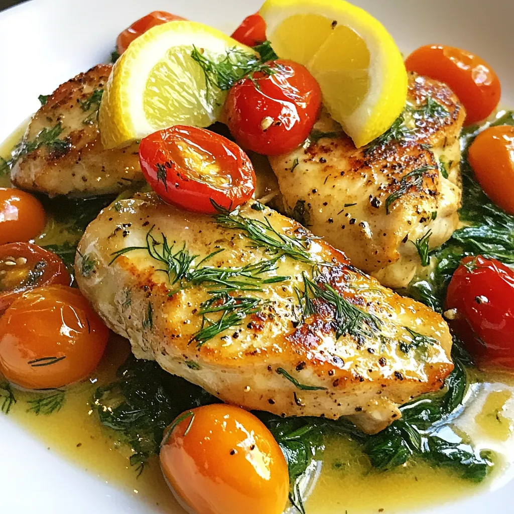 - 4 boneless, skinless chicken breasts - 2 tablespoons olive oil - 3 cloves garlic, minced - 1 lemon (zested and juiced) - 1/4 cup low-sodium chicken broth - 1/4 cup fresh dill, chopped - Salt and pepper to taste - 1 cup cherry tomatoes, halved - 1 cup baby spinach - 1 tablespoon butter Using these ingredients, you create a dish that shines with fresh flavors. The chicken breasts are the star, tender and juicy. Olive oil helps to sear them to a perfect golden brown. The minced garlic adds a wonderful aroma and depth to the dish. The lemon zest and juice bring bright acidity. They cut through the richness of the chicken. Fresh dill adds a unique flavor that pairs well with lemon. It gives this dish a fresh twist. Cherry tomatoes add color and sweetness. When cooked, they become soft and juicy, enhancing the overall taste. Baby spinach wilts quickly and adds a lovely green note. - Other herbs (e.g., parsley, thyme) - Additional vegetables (e.g., bell peppers, zucchini) Feel free to mix in other herbs or veggies. Parsley or thyme can add more flavor. Bell peppers or zucchini can bring more texture. These options allow you to customize the dish to your liking. - Skillet - Wooden spoon - Measuring cups and spoons A good skillet is key for cooking this dish evenly. A wooden spoon helps to scrape up the tasty bits from the bottom. Measuring cups and spoons ensure you use the right amounts of each ingredient. This simple list sets you up for success. With these items, you create a meal that impresses family and friends. {{ingredient_image_1}} - Seasoning the chicken breasts Start by getting your chicken breasts ready. Sprinkle salt and pepper on both sides. This simple step adds great flavor. - Preparing garlic and vegetables Next, chop your garlic and halve the cherry tomatoes. Set the garlic and tomatoes aside. You will need them soon. - Searing the chicken in the skillet Heat olive oil in a large skillet over medium-high heat. Once hot, place the chicken breasts in the skillet. Cook them for 5-7 minutes on each side. You want them golden brown and fully cooked. - Making the lemon sauce Remove the chicken and set it on a plate. In the same skillet, add the minced garlic. Sauté for about 30 seconds. Then pour in chicken broth, lemon juice, and lemon zest. Scrape the bottom to mix in any tasty bits. - Adding toppings and finishing the dish Bring the mix to a simmer and return the chicken to the skillet. Cook for 2-3 minutes. This lets the chicken soak up lemon flavor. Now, add the chopped dill, halved tomatoes, and baby spinach. Stir gently for another 2-3 minutes. The spinach should wilt, and the tomatoes will soften. Finally, add butter to create a rich sauce. Stir well to coat the chicken. - Plating the chicken with sauce and garnish Use a plate to show off your chicken. Top it with the colorful tomato and spinach mix. For a nice touch, sprinkle extra dill and add lemon wedges. - Pairing ideas with sides or salads Serve with rice, mashed potatoes, or a fresh salad. The bright flavors shine with simple sides. To ensure your chicken is cooked through, use a meat thermometer. Check the thickest part of the chicken breasts; they should reach 165°F (75°C). This keeps the meat juicy and safe to eat. To achieve a golden sear, make sure your skillet is hot before adding the chicken. Use medium-high heat with olive oil. Sear each side for 5-7 minutes. This gives a nice crust. Do not overcrowd the pan, or the chicken will steam instead of sear. For adjusting seasoning, taste the sauce before serving. You can add more salt or pepper to enhance the flavors. A pinch of red pepper flakes can bring a nice kick. To incorporate additional flavors, try adding fresh herbs like parsley or thyme. You can also use lemon zest for more zing. If you like a bit of sweetness, add a touch of honey or maple syrup. For visual appeal, plate the chicken with the vibrant tomato and spinach mixture on top. This adds color and freshness. Use attractive dishes for serving. White plates make the colors pop. Garnish with extra fresh dill and lemon wedges. This adds a nice touch and makes your dish look restaurant-quality. Pro Tips Use Fresh Ingredients: Fresh dill and ripe cherry tomatoes enhance the flavor of your dish significantly. Opt for the freshest produce you can find for the best results. Perfectly Cooked Chicken: Ensure the chicken is cooked to an internal temperature of 165°F (75°C) for safety. Use a meat thermometer for accuracy. Customize Your Vegetables: Feel free to add other veggies like zucchini or bell peppers to the skillet for added color and nutrition. Serve with a Side: This dish pairs wonderfully with a side of rice or quinoa to soak up the delicious lemon-dill sauce. {{image_2}} You can make this Lemon Dill Chicken Skillet fit your diet. For a low-carb or keto version, skip the cherry tomatoes and spinach. Use extra herbs for flavor instead. You can also use cauliflower rice as a side. For gluten-free options, this recipe is already gluten-free! Just check your chicken broth to ensure it has no gluten. Want to switch it up? Try using different citrus flavors. Lime adds a fresh twist. Orange can give it a sweet touch. You can also swap the dill. Try fresh parsley or tarragon for a new taste. Each herb brings its unique flavor profile, making the dish exciting. If you prefer, bake the chicken in the oven. Preheat it to 400°F (200°C). Place the seasoned chicken in a baking dish. Pour the lemon sauce over it. Bake for about 25-30 minutes until fully cooked. Alternatively, you can grill the chicken. Heat your grill and cook the chicken for 6-8 minutes per side. This gives a lovely smoky flavor. To keep your Lemon Dill Chicken fresh, store leftovers in an airtight container. Place it in the fridge right away. It stays good for up to three days. For best taste, eat it within this time. When reheating, use a skillet for the best results. Heat on low to avoid drying it out. You can also use a microwave. Set it on medium power and heat for about one minute. Check and stir halfway through to warm evenly. To freeze, let the chicken cool completely. Place it in a freezer-safe bag or container. Squeeze out as much air as possible. It can last up to three months in the freezer. When ready to eat, thaw it in the fridge overnight. Reheat it using the skillet method for best flavor. Yes, you can use frozen chicken breasts. Just remember to thaw them first. Thawing helps the chicken cook evenly. You can thaw them in the fridge overnight or use the microwave. Make sure they are fully thawed before cooking for best results. If you don’t have fresh dill, you can use dried dill instead. Use one-third of the amount since dried herbs are stronger. You can also try other herbs like parsley or thyme. They will give a different taste but still work well. To add heat, you can use red pepper flakes or hot sauce. Sprinkle red pepper flakes into the sauce while it simmers. If you like hot sauce, drizzle some over the chicken before serving. Adjust the amount to fit your spice level. Lemon dill chicken pairs well with rice or quinoa. You can also serve it with a fresh salad or roasted vegetables. Garlic bread is another tasty option. These sides balance the flavors of the chicken well. Check the chicken's internal temperature with a meat thermometer. It should reach 165°F (75°C). If you don’t have a thermometer, cut into the chicken. The meat should be white, and the juices should run clear. This post covered a tasty lemon dill chicken recipe. You learned about essential ingredients, plus optional add-ins. I shared tips for cooking and plating the dish perfectly. You also found variations for different dietary needs. Cooking can be fun and simple. Don't hesitate to experiment with flavors and methods. Enjoy every bite as you explore this dish!