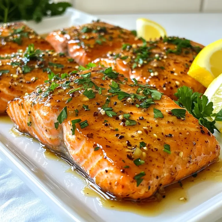 To make maple glazed salmon, you need a few key items. Here’s what you’ll use: - 4 salmon fillets - 1/4 cup pure maple syrup - 2 tablespoons soy sauce (or coconut aminos for gluten-free) - 1 tablespoon Dijon mustard - 2 cloves garlic, minced - 1 tablespoon fresh ginger, grated - Salt and pepper to taste - 1 tablespoon olive oil These ingredients blend well. The maple syrup adds sweetness. The soy sauce gives a savory touch. Garlic and ginger bring warmth and depth. You can add some extras for flavor and color. Here are good choices: - Fresh parsley, chopped (for garnish) - Lemon wedges (for serving) Garnishing with parsley brightens the dish. Lemon wedges add a fresh zing. Both make the meal more appealing. Having the right tools makes cooking easier. Here’s what you’ll need: - A whisk for mixing the marinade - A shallow dish or resealable bag for marinating - A baking sheet lined with parchment paper - An oven preheated to 400°F (200°C) These tools help ensure your salmon turns out perfectly. A whisk mixes flavors well, while parchment paper helps with easy cleanup. {{ingredient_image_1}} Start by making the marinade. In a small bowl, whisk together: - 1/4 cup pure maple syrup - 2 tablespoons soy sauce (or coconut aminos) - 1 tablespoon Dijon mustard - 2 cloves garlic, minced - 1 tablespoon fresh ginger, grated Mix these ingredients until they combine well. This mixture brings sweet and savory flavors to the salmon. Next, grab your salmon fillets. Place them in a shallow dish or a resealable plastic bag. Pour the marinade over the salmon. Make sure each piece is coated well. This step is key for flavor. You should let it sit for at least 30 minutes. If you have time, marinate for up to 2 hours in the fridge. This adds great depth to the taste. Preheat your oven to 400°F (200°C). While it heats, line a baking sheet with parchment paper. Lightly brush it with olive oil to stop the salmon from sticking. Remove the salmon from the marinade and let the excess drip off. Place the fillets on the baking sheet and throw away the leftover marinade. Season with salt and pepper. Bake for 12-15 minutes. The salmon should flake easily with a fork. If you want a nice finish, turn on the broiler for the last 2-3 minutes. Watch closely to avoid burning. After baking, let the salmon rest for a few minutes. Garnish with chopped parsley and serve with lemon wedges. Enjoy your meal! To find the best salmon, look for vibrant color. Fresh salmon should have a bright pink or orange hue. The flesh should feel firm and spring back when pressed. Smell it; fresh salmon should smell clean, like the ocean. Avoid fish with a strong or fishy odor. If buying fillets, check for even thickness. This helps it cook evenly. Wild-caught salmon often has a better taste than farmed, but both can be great. You can change the marinade to suit your taste. If you like it sweeter, add more maple syrup. Want a tangy kick? Try adding a bit more Dijon mustard. For spice, include red pepper flakes or fresh herbs. You can also swap soy sauce for coconut aminos to keep it gluten-free. Taste the marinade before using it. This helps you find the right balance for your palate. To know when salmon is done, check the color. It should be opaque and flake easily with a fork. The ideal cooking time is about 12-15 minutes at 400°F. If you prefer it slightly rare, aim for a light pink center. Using a meat thermometer helps too; 145°F is the safe internal temperature. If you want a crispy top, broil it for a few minutes at the end. Let the salmon rest for a few minutes before serving. This keeps it juicy and flavorful. Pro Tips Marinate Longer for Flavor: For the best flavor, marinate the salmon for up to 2 hours. This allows the ingredients to deeply penetrate the fish. Check for Freshness: Always choose fresh, high-quality salmon. Look for bright, moist fillets with a clean smell. Adjust Cooking Time: Salmon thickness can vary; adjust the baking time accordingly. Thicker fillets may need a few extra minutes. Experiment with Add-Ins: Feel free to add additional spices or herbs to the marinade, such as chili flakes for heat or fresh dill for a different flavor profile. {{image_2}} You can switch up the sauce for fun flavors. Try a teriyaki sauce for a sweet and savory twist. A spicy sriracha mix can add heat. If you love citrus, use orange juice with maple syrup. Each sauce gives the salmon a unique taste! Both grilling and baking work well for maple glazed salmon. Baking is easy and gives you even cooking. Preheating the oven to 400°F ensures your salmon cooks just right. Grilling adds a smoky flavor. For grilling, heat your grill to medium-high. Cook the salmon for about 6-8 minutes on each side. You can adjust the recipe to fit your needs. Use coconut aminos instead of soy sauce for a gluten-free option. For a lower-sugar dish, try agave syrup instead of maple syrup. If you need a dairy-free option, skip the butter and use olive oil. Enjoy the dish while meeting your dietary goals! To store leftover maple glazed salmon, first let it cool. Place the salmon in an airtight container. You can keep it in the fridge for up to three days. If you want to keep it longer, consider freezing it. Always label the container with the date. When reheating leftover salmon, I suggest using the oven for best results. Preheat your oven to 300°F (150°C). Place the salmon on a baking sheet and cover it with foil. Heat for about 10-15 minutes or until warmed through. This keeps it moist and tasty. You can also use the microwave, but be careful. Heat in short bursts to avoid overcooking. To freeze maple glazed salmon, wrap each piece tightly in plastic wrap. Then place it in a freezer bag. Remove as much air as possible to prevent freezer burn. You can freeze it for up to three months. When ready to eat, thaw it in the fridge overnight. Then reheat as mentioned above. This will help preserve its flavor and texture. Yes, you can use honey or agave syrup instead of maple syrup. Both have a sweet taste and will still complement the salmon well. However, keep in mind that each sweetener adds a slight flavor twist. Honey is sweeter, while agave is milder. Adjust the amount to your taste. I recommend marinating the salmon for at least 30 minutes. This allows the flavors to soak in. If you have more time, marinate for up to 2 hours in the fridge. More time means more flavor. Just be careful not to marinate too long, or the fish may become too salty or mushy. A few great side dishes pair nicely with the salmon. Here are some ideas: - Steamed asparagus - Garlic mashed potatoes - Quinoa salad - Roasted Brussels sprouts - Brown rice with herbs These sides balance the sweetness of the salmon. Each adds texture and flavor to your meal. Yes, salmon is very healthy! It is a great source of protein and healthy fats. Salmon is high in omega-3 fatty acids. These fats are good for your heart and brain. Eating salmon may also support skin health and help reduce inflammation in the body. It contains many vitamins and minerals, such as vitamin D and selenium. Enjoying salmon regularly can keep you feeling strong and healthy! This blog covered how to make maple glazed salmon from start to finish. You learned about key ingredients, step-by-step instructions, and tips for the best results. We also explored variations and storage tips to keep your meal fresh. Cooking salmon is easy and fun, and it’s healthy too. I encourage you to try different flavors and sides. Enjoy your cooking and impress your friends with this tasty dish!