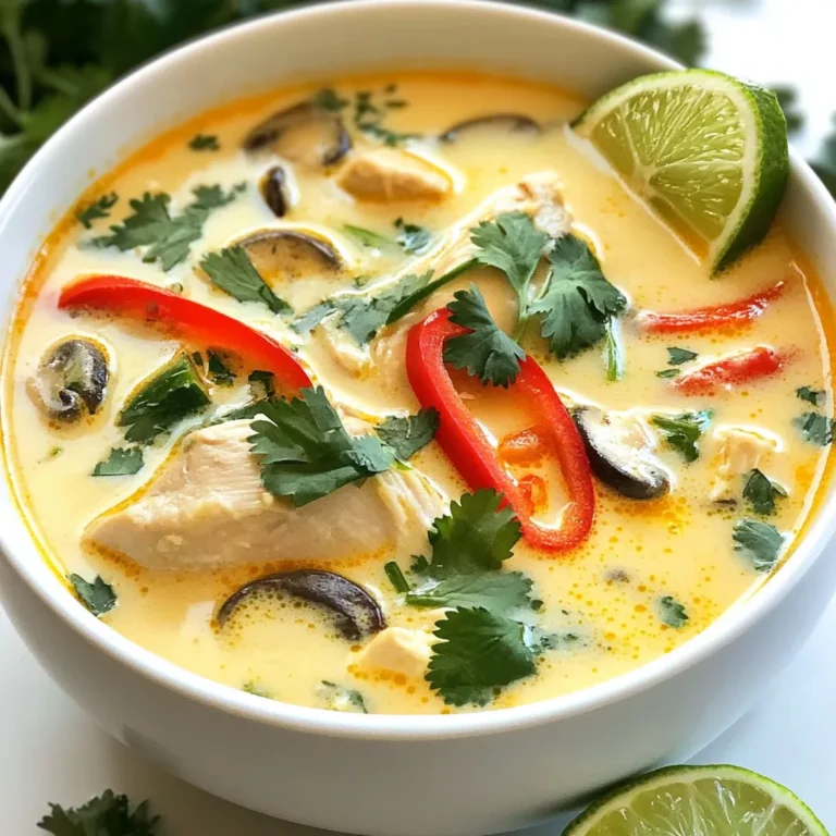 - 1 lb boneless, skinless chicken thighs - 1 can coconut milk - 3 cups chicken broth The heart of Thai Coconut Chicken Soup lies in its main ingredients. You need tender chicken thighs, which add protein and flavor. I prefer boneless, skinless thighs for a smooth texture. The coconut milk brings a rich creaminess. It gives the soup its signature taste. Chicken broth helps deepen the flavor. Together, these ingredients create a comforting base. - Lemongrass - Kaffir lime leaves - Galangal or ginger These flavor enhancers make the soup special. Lemongrass adds a fresh, citrusy note. Its unique taste brightens the dish. Kaffir lime leaves infuse a lovely aroma. They give the soup a distinct Thai flavor. Use fresh galangal for its spicy and earthy tones. If galangal is hard to find, ginger works well too. Just slice it thinly to release its flavor. - Mushrooms - Red bell pepper - Fresh cilantro and additional toppings Don’t forget the vegetables! Mushrooms bring a nice texture and umami flavor. I like using shiitake or cremini. Red bell pepper adds sweetness and color. For garnishing, fresh cilantro gives a burst of freshness. You can also add slices of chili and lime wedges for extra zing. These toppings make your bowl look vibrant and inviting. {{ingredient_image_1}} Start by making the broth. In a large pot, mix together the chicken broth, smashed lemongrass, kaffir lime leaves, galangal, and whole chilies. This combination gives the soup its bright and fresh taste. Heat it over medium heat until it gently simmers. You want it to be warm but not boiling hard. This simmering allows the flavors to blend well. Once your broth is ready, it’s time to add the chicken. Toss in the bite-sized chicken pieces. Let it simmer for about 10 minutes. You’ll know it’s done when the chicken is fully cooked and tender. This step is simple but key to a hearty soup. Next, stir in the coconut milk, sliced mushrooms, and red bell pepper. Keep simmering for another 5 to 7 minutes. This step adds creaminess and depth to the soup. After this, season the soup with fish sauce, lime juice, salt, and pepper. Taste it to see if you need to tweak any flavors. Feel free to adjust the spice or saltiness to your liking. Finally, remove the lemongrass, kaffir leaves, and galangal slices before serving. Serve hot, garnished with fresh cilantro and extra chili slices or lime wedges for a zesty kick. To make your Thai coconut chicken soup shine, adjust the spice with chilies. Start with two to three Thai bird's eye chilies. If you like more heat, add one more. You can also cut the chilies for extra spice. This gives a nice kick to the soup. Next, balance sweetness and saltiness. The coconut milk adds sweetness. Use fish sauce for saltiness. Taste your soup before serving. If it needs more salt, add more fish sauce. If it’s too salty, add a splash of lime juice. To keep your chicken tender, use boneless, skinless thighs. They stay juicy and flavorful. When adding the chicken, simmer gently. High heat can make chicken tough. Let it cook for about ten minutes. Check that it’s fully cooked before serving. For best simmering, keep the pot covered. This keeps steam inside, which helps flavors blend. Stir it occasionally to prevent sticking. After adding the coconut milk and veggies, simmer for another five to seven minutes. Garnishing adds visual appeal to your soup. Add fresh cilantro on top for a pop of color. You can also sprinkle extra slices of chili for flair. This makes the dish look lively and inviting. Serve your soup with lime wedges on the side. A squeeze of lime adds a bright, fresh taste. It makes each bowl unique. Enjoy your flavorful and comforting bowl of Thai coconut chicken soup! Pro Tips Use Fresh Ingredients: Fresh herbs and spices significantly enhance the flavor profile of your soup, making it more aromatic and vibrant. Adjust Spice Level: Thai bird’s eye chilies can be very spicy; adjust the quantity according to your heat preference and always taste while cooking. Garnish Generously: Fresh cilantro and lime wedges not only add visual appeal but also elevate the taste, providing a refreshing contrast to the rich coconut milk. Let It Simmer: Allowing the soup to simmer for a few extra minutes after adding the coconut milk helps the flavors meld beautifully, creating a more harmonious dish. {{image_2}} You can swap chicken for many other options. Tofu works well for a vegan dish. Shrimp adds a nice touch too. If you want a lighter soup, use fish. For a creamy taste without dairy, try coconut cream. It's rich and works great in soups. Different mushrooms can change the soup's taste. Shiitake mushrooms add a deep flavor. Cremini mushrooms are a bit milder but still tasty. You can also add greens like spinach or bok choy. These not only boost nutrition but also add color. Try bell peppers or carrots for extra crunch! Thai cooking varies by region. In the north, you might find more herbs added. In the south, coconut is often used more. Some regions add spices like turmeric or cumin for a twist. Don't hesitate to make it your own! Add spices that you love for a personal touch. To keep your Thai coconut chicken soup fresh, refrigerate it within two hours of cooking. Use airtight containers to prevent spills and absorb odors. Glass or BPA-free plastic containers work best. This way, your soup stays tasty and safe to eat. If you want to save some soup for later, freezing is a great option. Pour the cooled soup into freezer-safe bags or containers. Leave some space for expansion. When you’re ready to eat, thaw the soup in the fridge overnight. Reheat it gently on the stove or in the microwave. In the fridge, the soup lasts about 3 to 4 days. Always check for signs of spoilage. If it smells off or has mold, it’s best to throw it away. Trust your senses to keep your meals safe and delicious. To add more heat, you can use extra Thai bird’s eye chilies. Slice them for more spice. You can also add chili flakes or a splash of hot sauce. If you like it really spicy, try using fresh chili paste. Start with a little, then taste and add more if needed. Yes, you can use other proteins! Shrimp cooks quickly; add it for the last 3-4 minutes. Tofu is a great option too. Use firm tofu and add it with the coconut milk. If you want beef or pork, cut it thin. Cook it for about 8-10 minutes until done. Yes, this recipe can be gluten-free! Just check your fish sauce and make sure it’s gluten-free. Also, use fresh ingredients that are not processed. All the main ingredients are free from gluten, so you’re safe to enjoy this amazing soup! This blog post outlines how to create a delicious Thai coconut chicken soup. We discussed key ingredients like chicken thighs and flavorful enhancers such as lemongrass. You learned step-by-step instructions to simmer the broth and cook the chicken. Tips for added flavor and presentation ensured your dish stands out. Variations and storage tips will help you make this recipe your own. With these insights, you'll master this comforting dish. Enjoy making your Thai coconut chicken soup!