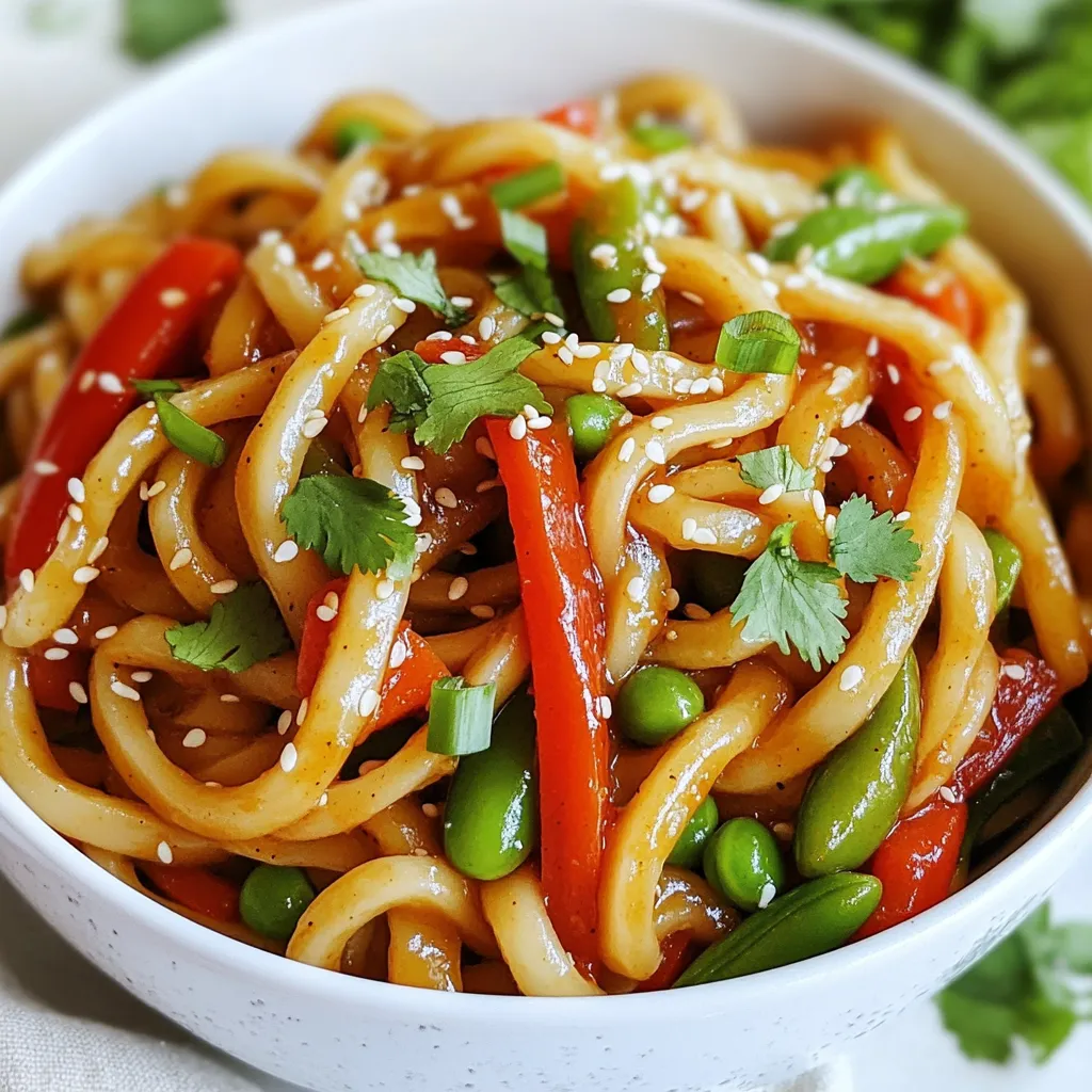 To make a tasty Spicy Garlic Udon Stir Fry, you need a few key ingredients. Here’s what you’ll need: - 300g udon noodles - 2 tablespoons vegetable oil - 4 cloves garlic, minced - 1 teaspoon fresh ginger, grated - 1 red bell pepper, sliced - 1 cup snap peas, trimmed - 1 carrot, julienned - 3 green onions, chopped - 2 tablespoons soy sauce - 1 tablespoon chili paste (adjust for spice level) - 1 tablespoon sesame oil - 1 tablespoon sesame seeds (for garnish) - Fresh cilantro, for garnish (optional) Each ingredient plays an important role in flavor and texture. The udon noodles give a delightful chewy base. The garlic and ginger add warmth and aroma, making each bite special. The vegetables bring crunch and color, while the sauces tie it all together. When you gather these ingredients, think about freshness. Fresh produce makes a big difference in taste. Choose bright bell peppers and crisp snap peas. This will enhance your dish and make it more enjoyable to eat. Feel free to adjust the chili paste based on your spice preference. More paste means more heat! With these ingredients, you are ready to create a simple yet flavorful meal. {{ingredient_image_1}} First, cook the udon noodles. Follow the package instructions for best results. Once they are cooked, drain them. Toss the noodles with a little oil to keep them from sticking together. Next, grab a large skillet or wok. Heat the vegetable oil over medium heat. Add the minced garlic and grated ginger. Sauté these for about one minute. You want to smell the wonderful aroma. Now it's time for the veggies. Toss in the sliced red bell pepper, snap peas, and julienned carrot. Stir-fry these for three to four minutes. Cook until they are tender-crisp. This keeps them fresh and bright. Add the cooked udon noodles to the skillet or wok. Pour in the soy sauce, chili paste, and sesame oil. Mix everything well. Ensure the noodles are evenly coated with the sauces. This step is key for flavor. Finally, stir-fry everything for another two to three minutes. This ensures all the ingredients heat through. Once done, remove from heat. Sprinkle with chopped green onions and sesame seeds. Add fresh cilantro if you like. This adds a nice touch before serving. - Choosing the right noodles: Use fresh or frozen udon noodles. They have a soft, chewy texture. Dried udon works too but may need longer cooking time. Always follow package instructions for best results. - Adjusting spice levels with chili paste: Start with a small amount of chili paste. You can always add more later. For less heat, use less chili paste. For a spicier dish, add more to your liking. - Using fresh ingredients for maximum taste: Fresh garlic, ginger, and vegetables make a big difference. They add bright, bold flavors to your dish. Avoid canned or frozen ingredients if you can. - Suggestions for additional seasonings: Try adding a splash of rice vinegar or a pinch of sugar. Both can balance the heat and enhance the overall flavor. Experimenting with sesame oil adds a nutty taste. - Serving ideas: Serve the stir fry in a large bowl. This creates a beautiful, inviting dish. You can also plate it individually for guests. - Creative garnishing options: Top with sesame seeds and chopped green onions. Fresh cilantro adds color and taste. You can also add thinly sliced chili for extra flair. Pro Tips Use Fresh Ingredients: For the best flavor, always opt for fresh vegetables and herbs. They not only enhance the taste but also add vibrant colors to your dish. Adjust Spice Levels: Feel free to modify the amount of chili paste according to your heat preference. Start with a small amount and gradually increase to find your perfect spice level. Don’t Overcook the Vegetables: To maintain their crunch and vibrant color, stir-fry the vegetables until they are just tender. This will provide a delightful texture contrast with the noodles. Garnish for Extra Flavor: Adding fresh cilantro and sesame seeds as a garnish can elevate the dish, providing additional flavor and a beautiful presentation. {{image_2}} You can easily add protein to your Spicy Garlic Udon Stir Fry. Tofu is a great choice. It soaks up flavors well. Just cut it into cubes, and sauté it in your oil before the garlic. Chicken is another good option. Use diced chicken breast for a quick cook. Add it after the garlic and ginger. If you want a twist, try seafood. Shrimp or scallops work nicely. Cook them until they turn pink and firm. This adds a rich taste to your dish. Feel free to change up the veggies. You can use broccoli or bok choy. Both add crunch and color. Spinach is also a great choice. It wilts down and adds nutrients. Use seasonal vegetables for the best taste. Carrots in spring are sweet, while squash is great in fall. If you need gluten-free options, try gluten-free udon. They are available at many stores. You can also use rice noodles or even zucchini noodles. For a low-carb version, use shirataki noodles. They have fewer carbs and calories. Just rinse them well before cooking. This way, you enjoy a tasty meal without gluten. To keep your Spicy Garlic Udon Stir Fry fresh, place leftovers in an airtight container. This helps prevent moisture loss and keeps the dish tasty. Store it in the fridge for up to three days. When reheating, I recommend using a skillet over medium heat. This method warms the noodles evenly and keeps their texture. Add a splash of water or soy sauce to help maintain moisture. Stir gently until everything is hot. For long-term storage, you can freeze your stir fry. Use a freezer-safe container or a heavy-duty freezer bag. Remove as much air as possible before sealing. This helps avoid freezer burn. When ready to eat, thaw it in the fridge overnight. Reheat it in a skillet as mentioned above for the best results. Yes, you can make this dish ahead of time. To store it, let the stir fry cool down. Place it in a sealed container. It stays fresh in the fridge for up to three days. When you are ready to eat, just reheat it on the stove. You can add a splash of water to help it steam and stay moist. If you need an alternative, try using tamari. It is gluten-free and rich in flavor. You can also use coconut aminos for a sweeter taste. Both options work well and keep the umami flavor of your dish. To make it milder, reduce the amount of chili paste. You can start with half a tablespoon. For more heat, add more chili paste or some sliced fresh chili. Adjust it to fit your taste. Always taste as you go to find the right balance. Yes, this recipe is both vegetarian and vegan. It uses only plant-based ingredients. You can enjoy it without any worry. It’s a great option for anyone looking for a tasty meat-free meal. This blog post guided you through making a tasty Spicy Garlic Udon Stir Fry. We covered the key ingredients, steps for cooking, and tips for perfecting your dish. You learned about flavor, texture, and how to customize for your needs. Making this dish can be fun and rewarding. Experiment with different veggies, spices, or protein to suit your taste. Don’t forget to store leftovers properly! Enjoy your cooking journey with udon noodles!