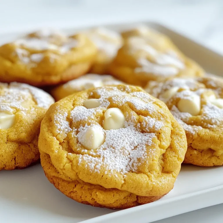 - 1 cup pumpkin puree - 1 cup cream cheese, softened - 1 cup granulated sugar - 1/2 cup brown sugar, packed - 1/2 cup unsalted butter, softened - 2 large eggs - 2 teaspoons vanilla extract - 2 cups all-purpose flour - 1 teaspoon baking soda - 1 teaspoon baking powder - 2 teaspoons pumpkin pie spice - 1/2 teaspoon salt - 1/2 cup white chocolate chips (optional) When you gather your ingredients, consider these options: - For gluten-free cookies, swap all-purpose flour with a gluten-free blend. - If you want a lighter texture, use light cream cheese instead of regular. - You can replace white chocolate chips with dark chocolate or nuts for a twist. - If you don't have pumpkin pie spice, mix cinnamon, nutmeg, and ginger to create your own. These simple swaps can help you tailor the cookies to your taste or dietary needs. 1. Preheat your oven to 350°F (175°C). This helps your cookies bake evenly. 2. Line two baking sheets with parchment paper. This prevents sticking and makes cleanup easy. 3. In a large bowl, mix softened butter, granulated sugar, and brown sugar until creamy. Use a hand mixer or a whisk for the best results. 4. Add the pumpkin puree, cream cheese, eggs, and vanilla extract. Mix until everything is smooth and well combined. 1. In a separate bowl, whisk together the flour, baking soda, baking powder, pumpkin pie spice, and salt. This keeps the dry ingredients evenly mixed. 2. Gradually add the dry mix to the wet mix. Stir until just combined. This avoids over-mixing, which can change cookie texture. 3. If you like, fold in white chocolate chips for extra sweetness. They add a nice touch to the flavor. 4. Using a cookie scoop or tablespoon, drop rounded dough onto the prepared sheets. Space them about 2 inches apart. This allows room for spreading. 5. Bake for 10-12 minutes. The edges should be set, and the centers may look soft. This is perfect for chewy cookies. 1. Let the cookies cool on the baking sheets for 5 minutes. This helps them firm up. 2. Transfer them to wire racks to cool completely. This prevents sogginess. 3. For a festive touch, dust the cooled cookies with powdered sugar. 4. Arrange them on a decorative platter with fall-themed decorations. This makes for a lovely presentation. To make your cookies soft and chewy, use room-temperature ingredients. This helps the butter and cream cheese mix well. Do not overmix when combining wet and dry ingredients. This keeps cookies from getting tough. Common mistakes include not measuring flour correctly. Too much flour makes cookies dry. Another mistake is baking at too high a temperature. Always preheat your oven to 350°F (175°C) for best results. Using high-quality pumpkin puree is key for great flavor. Look for 100% pumpkin, not pumpkin pie filling. This gives your cookies a rich taste. For cream cheese, use a block instead of spreadable types. Block cream cheese holds up better in the dough. This helps achieve the right creamy texture in your cookies. To store cookies, place them in an airtight container. This keeps them fresh for up to a week. Layer parchment paper between cookies to stop sticking. When reheating, use the microwave for a few seconds. This softens the cookies and brings back their fresh taste. Enjoy them warm with a cup of tea or coffee! {{image_2}} You can easily adapt pumpkin cheesecake cookies for special diets. For gluten-free cookies, replace all-purpose flour with gluten-free flour. Many brands offer a mix that works well in cookies. Just make sure it contains xanthan gum for the right texture. For vegan adaptations, swap the cream cheese with vegan cream cheese. Use flax eggs instead of regular eggs. Combine one tablespoon of ground flaxseed with three tablespoons of water. Let it sit for five minutes before adding to the mix. Use a plant-based butter for a perfect texture. To boost the flavor, consider adding spices. Cinnamon and nutmeg are great choices. They add warmth and depth to the cookies. Just a teaspoon of each can make a big difference. You can also mix in white chocolate chips or nuts. Chopped pecans or walnuts add crunch and richness. Caramel swirls can be a fun touch, adding sweet bursts in each bite. Make your cookies festive by decorating them. Dust with powdered sugar for a snowy look. Arrange them on a platter with fall-themed decorations, like mini pumpkins or leaves. For an extra treat, serve your cookies with a scoop of vanilla ice cream or a dollop of whipped cream. This adds creaminess and makes them even more special. To keep your pumpkin cheesecake cookies fresh, use an airtight container. Glass or plastic containers work well. If you have a lot of cookies, stack them with parchment paper between each layer. This will help prevent sticking. Store the container in a cool, dry place like your kitchen counter. Avoid areas with heat or sunlight, as this can dry out the cookies. These cookies can last for up to a week at room temperature. If you want to keep them longer, freezing is a great option. To freeze, place cookies in a single layer on a baking sheet. Freeze them for about an hour. Once frozen, you can put them in a freezer bag or container. They can stay fresh for up to three months in the freezer. When you're ready to enjoy them, thaw the cookies at room temperature. Can I freeze pumpkin cheesecake cookies? Yes, you can freeze these cookies. Let them cool completely first. Place them in an airtight container or freezer bag. They can last up to three months in the freezer. When ready to eat, thaw them at room temperature. How do I know when the cookies are done baking? Check the edges of the cookies. They should look set. The centers might still be soft, which is fine. You can also lightly press the top with a finger. If it springs back, they are done. What can I use instead of cream cheese? You can use ricotta cheese or mascarpone as a substitute. Both will give a similar creamy texture. For a lighter option, try Greek yogurt. It may change the taste slightly but still works well. Can I add nuts or other ingredients to the cookies? Absolutely! You can mix in nuts like walnuts or pecans. You can also add chocolate chips or dried fruit. Just keep the balance of wet and dry ingredients in mind. Why are my cookies flat? Flat cookies often come from too much butter or not enough flour. Make sure to measure your ingredients carefully. Also, check if your baking soda is fresh; old baking soda may not help the cookies rise. What to do if the dough is too sticky? If your dough feels sticky, chill it in the fridge for about 30 minutes. This makes it easier to handle. You can also add a little more flour, one tablespoon at a time, until it's manageable. How to adjust baking time for altitude differences? At higher altitudes, you may need to reduce baking time. Start checking your cookies a few minutes earlier. Also, you might need to add a bit more flour for the right texture. In this post, we explored how to make delicious pumpkin cheesecake cookies. We covered the key ingredients and offered thorough instructions for each step. You learned tips for baking, storage, and presenting your cookies. Remember, using quality ingredients ensures the best results. Try various flavors and adapt recipes to fit your needs. Baking should be fun and creative. Enjoy sharing your tasty treats with friends and family. Get ready for compliments when they try your cookies!