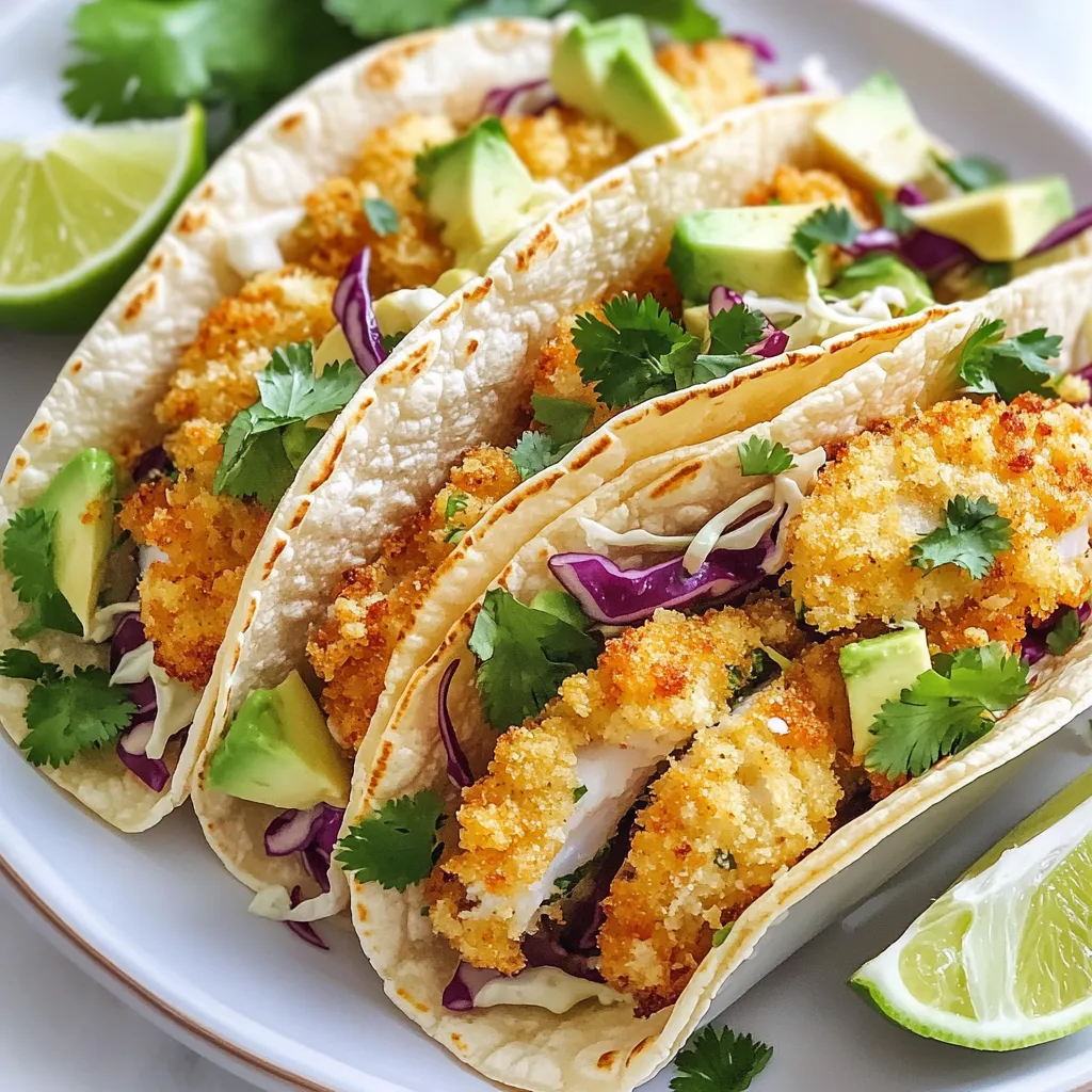 To make these crispy air fryer fish tacos, you will need: - 1 lb white fish fillets (such as cod or tilapia) - 1 cup panko breadcrumbs - 1/2 cup all-purpose flour - 1 large egg - 1 teaspoon garlic powder - 1 teaspoon paprika - 1/2 teaspoon cumin - Salt and pepper to taste - Corn tortillas (8 small) - 1 cup shredded cabbage or coleslaw mix - 1 avocado, sliced - Fresh cilantro for garnish - Lime wedges for serving When choosing fish for your tacos, white fish works best. I recommend using cod or tilapia. Both types have a mild flavor and a tender texture. They cook well in the air fryer and get nice and crispy. Other options include haddock or catfish. Just make sure the fish is fresh and boneless for the best bite. The seasonings add flavor and depth to your fish. Here’s what each brings: - Garlic powder: It gives a nice aroma and rich taste. - Paprika: This adds a warm, smoky flavor and a lovely red color. - Cumin: It brings a slight earthiness and enhances the overall flavor. - Salt and pepper: Basic but essential for balancing all the tastes. Using these seasonings makes your fish more flavorful. They create a great base for the toppings that follow, like cabbage and avocado. Enjoy these tacos with lime for a bright finish. {{ingredient_image_1}} First, preheat your air fryer to 400°F (200°C). This step is key for crispy fish. While the air fryer heats, gather your ingredients. You will need: - 1 lb white fish fillets (cod or tilapia work well) - 1 cup panko breadcrumbs - 1/2 cup all-purpose flour - 1 large egg - 1 teaspoon garlic powder - 1 teaspoon paprika - 1/2 teaspoon cumin - Salt and pepper to taste - Corn tortillas (8 small) - 1 cup shredded cabbage or coleslaw mix - 1 avocado, sliced - Fresh cilantro for garnish - Lime wedges for serving Now, in a shallow bowl, mix the flour, garlic powder, paprika, cumin, salt, and pepper. This mix adds great flavor and helps the coating stick. Next, it's time to coat the fish. Start by beating the egg in a separate bowl. Then, place the panko breadcrumbs in another shallow bowl. Take each fish fillet and dip it in the flour mix first. Make sure it’s well-coated. Then, dip it in the egg, and finally, roll it in the panko breadcrumbs. Press gently to help the crumbs stick. This method gives your fish that perfect, crunchy texture. Once all your fish is coated, arrange the fillets in a single layer in the air fryer basket. You might need to cook them in batches to avoid overcrowding. Air fry the fish for 10-12 minutes. Flip them halfway through to ensure they cook evenly. They should turn golden brown and crispy. While the fish cooks, warm your corn tortillas in a dry skillet or microwave until they are soft. This makes them easier to fold. Now, you are ready to assemble your tacos! Place a crispy fish piece on each tortilla, top with shredded cabbage, sliced avocado, and fresh cilantro. Serve with lime wedges on the side for that zesty finish. Enjoy your crispy air fryer fish tacos! To get the best crispiness from your air fryer fish tacos, follow these steps: - Use panko breadcrumbs. They are light and create a great crunch. - Make sure the fish is dry before coating. Pat it with paper towels. - Preheat the air fryer. This helps cook the fish evenly and crisply. - Spread the fish in a single layer. Avoid overcrowding the basket. For extra crispiness, you can spray a little cooking oil over the fish before frying. This will help it brown nicely. Here are some common mistakes to watch out for: - Skipping the egg wash: The egg helps the breadcrumbs stick to the fish. - Not seasoning enough: A pinch of salt and pepper adds flavor to your fish. - Cooking too many pieces at once: This can lead to soggy fish. Cook in small batches for best results. - Overcooking the fish: Keep an eye on the cooking time. Aim for that golden brown color. If you notice your fish is not crisping up, check your air fryer settings. Adjust the time or temperature as needed. Cooking in batches can be key for crispy fish tacos. Here’s how to do it right: - Prepare all your fish first. Coat each piece and set them aside. - Preheat your air fryer before starting. This ensures even cooking. - Cook in small groups. This gives each piece enough space to fry well. - Keep cooked fish warm. Place them on a plate covered with foil while you finish the rest. By following these tips, you’ll ensure every taco is filled with crispy, delicious fish. Enjoy your cooking adventure! Pro Tips Fresh Fish is Best: Always choose the freshest fish fillets available for the best flavor and texture in your tacos. Double-Crunch Method: For extra crunch, try double-dipping the fish in the egg and panko breadcrumbs for a thicker coating. Customize Your Toppings: Feel free to add your favorite toppings such as salsa, jalapeños, or a creamy sauce to enhance the flavor. Preheat Your Air Fryer: Always preheat your air fryer for even cooking and to achieve that perfect crispy texture. {{image_2}} You can switch up the fish easily. Cod and tilapia are great, but feel free to try others. Salmon works well, giving a richer taste. Mahi-mahi also adds a nice touch with its meaty texture. Even shrimp can be a fun twist. Just remember to adjust cooking time based on the fish you choose. Toppings can change the whole vibe of your tacos. Try mango salsa for a sweet kick. A spicy chipotle sauce adds heat and flavor. You can also use fresh pico de gallo for a zesty touch. If you love crunch, consider radishes or pickled onions. They add a nice contrast to the tender fish. If you need a gluten-free option, swap the all-purpose flour for a gluten-free blend. You can also use crushed cornflakes or gluten-free panko for the coating. These will still give you that crispy texture. Make sure to check labels for any hidden gluten in all your ingredients. Enjoy your tacos without worry! To keep leftover fish tacos fresh, place them in an airtight container. Make sure the tacos cool down first. Store them in the fridge for up to three days. If you have extra ingredients, like cabbage or avocado, store them separately. This way, they won’t get soggy. Reheating fish tacos can be tricky. For the best results, use your air fryer. Preheat it to 350°F (175°C). Heat the tacos for about 3-5 minutes. This keeps them crispy and warm. You can also use a skillet on medium heat. Just flip them to crisp each side. If you want to freeze fish tacos, it’s best to freeze the fish separately. Cook the fish and let it cool. Then, wrap it tightly in plastic wrap and foil. You can freeze it for up to three months. When ready to eat, thaw it overnight in the fridge. Reheat as mentioned for the best texture. The best fish for air fryer tacos is white fish. I love using cod or tilapia. They have a mild taste and cook well in the air fryer. You can also try haddock or catfish for a tasty change. These fish stay flaky and moist inside while getting crispy outside. Yes, you can! If you don't have an air fryer, you can bake or pan-fry the fish. For baking, set your oven to 400°F (200°C). Place the coated fish on a baking sheet and bake for 15-20 minutes. For pan-frying, heat oil in a skillet and cook the fish for 3-4 minutes on each side. Both methods will give you delicious results. To spice up your fish tacos, try adding more seasoning. You can increase the garlic powder and paprika. For heat, add cayenne pepper or chili powder to the flour mix. You can also add spicy toppings like jalapeños or a hot sauce drizzle. A zesty salsa can bring great flavor too! Crispy air fryer fish tacos are easy and fun to make. We covered key ingredients, seasoning options, and step-by-step cooking tips. I shared common mistakes to watch for and ways to customize your tacos. Don't forget storage and reheating tips for leftovers. Enjoy experimenting with different fish and toppings. With these ideas, you’ll craft tasty tacos every time.