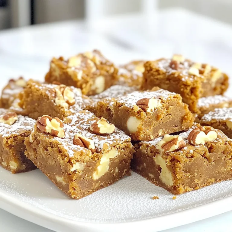 To make Brown Butter Pumpkin Spice Blondies, you need: - 1 cup unsalted butter - 1 cup brown sugar - 1/2 cup granulated sugar - 2 large eggs - 1 teaspoon vanilla extract - 2 cups all-purpose flour - 1 teaspoon baking powder - 1 teaspoon baking soda - 1 teaspoon pumpkin spice blend - 1/2 teaspoon salt - 1 cup white chocolate chips These ingredients create a rich, sweet treat with a warm spice flavor. The brown butter adds depth and nuttiness, making these blondies truly special. You can also add: - 1/2 cup chopped pecans Pecans give a nice crunch and pair well with the flavors. However, if you prefer a nut-free option, feel free to skip them. If you need substitutes, here are some ideas: - Use coconut oil instead of unsalted butter for a dairy-free version. - Swap brown sugar for coconut sugar for a lower glycemic index. - Try almond flour instead of all-purpose flour for a gluten-free option. These swaps can change the taste slightly but still keep the blondies delicious. 1. Preheat your oven to 350°F (175°C). 2. Grease a 9x13 inch baking pan. Line it with parchment paper. Leave some overhang. 3. Melt 1 cup of unsalted butter in a medium saucepan over medium heat. 4. Stir the butter often until it foams and turns golden brown. This should take about 5-7 minutes. 5. Remove the saucepan from heat and let it cool for a few minutes. 1. In a large mixing bowl, combine the browned butter, 1 cup brown sugar, and 1/2 cup granulated sugar. 2. Whisk the mixture until it is smooth and well blended. 3. Add 2 large eggs to the bowl, one at a time. Mix well after each egg. 4. Stir in 1 teaspoon of vanilla extract until fully mixed. 5. In another bowl, whisk together 2 cups of all-purpose flour, 1 teaspoon baking powder, 1 teaspoon baking soda, 1 teaspoon pumpkin spice blend, and 1/2 teaspoon salt. 6. Gradually add the dry mixture to the wet mixture. Stir until just combined. 1. Gently fold in 1 cup of white chocolate chips and 1/2 cup of chopped pecans if you want. 2. Pour the batter into the prepared baking pan. Spread it evenly. 3. Bake in the preheated oven for 25-30 minutes. Check with a toothpick in the center. 4. If the toothpick comes out clean, they are done. 5. Let the blondies cool in the pan for 10 minutes. Lift them out using the parchment paper. 6. Transfer them to a wire rack to cool completely. Then, cut them into squares. To make brown butter, start with unsalted butter in a medium saucepan. Heat it on medium until it melts. Stir it often. Watch for it to foam. After a few minutes, it will change color to golden brown. You will smell a rich, nutty aroma. This is the key to great flavor in your blondies. Let it cool slightly before adding it to your mix. Brown butter adds depth and a warm taste to your treats. To keep your blondies fresh, let them cool completely. Then, cut them into squares. Place them in an airtight container. They can last up to a week at room temperature. If you want to keep them longer, freeze them! Wrap each square in plastic wrap. Put the wrapped blondies in a freezer bag. They will stay good for up to three months. Just thaw them in the fridge before enjoying. These blondies shine when served warm. Top them with a scoop of vanilla ice cream for a tasty treat. You can also dust them with powdered sugar for a pretty touch. For a fun twist, add caramel sauce or chocolate drizzle on top. Pair them with a warm cup of chai or coffee for a cozy snack. Enjoying these blondies with friends makes them even better! {{image_2}} To make gluten-free blondies, swap regular flour for a gluten-free blend. Use a 1-to-1 gluten-free flour mix. This keeps the texture light and chewy. Ensure the blend contains xanthan gum for the best results. I love using a mix that includes almond flour for added flavor. For a vegan version, replace butter with coconut oil. Use flax eggs instead of regular eggs. To make one flax egg, mix 1 tablespoon of flaxseed meal with 2.5 tablespoons of water. Let it sit for five minutes until it thickens. This keeps the blondies moist and delicious. You can change the mix-ins to suit your taste. Try using dark chocolate chips instead of white. Dried cranberries or raisins add a fruity touch. For a nutty crunch, use walnuts or almonds. You can even add toffee bits for extra sweetness. Mix it up and find your favorite! To keep your brown butter pumpkin spice blondies fresh, store them in an airtight container. This helps maintain their soft texture. You can keep them at room temperature for up to four days. If you have extra blondies, place them in the fridge. They will stay fresh for about a week. Just remember to let them come to room temperature before serving. You can freeze blondies for longer storage. First, let them cool completely. Then, cut them into squares. Wrap each square tightly in plastic wrap. Place the wrapped squares in a freezer-safe bag. Label the bag with the date. Frozen blondies can last for up to three months. To enjoy, simply thaw them in the fridge overnight or at room temperature for a few hours. To reheat your blondies, preheat the oven to 350°F (175°C). Place the blondies on a baking sheet. Heat them for about 5-10 minutes, or until warm. You can also use the microwave. Heat them for 10-15 seconds at a time until just warm. Enjoy your blondies warm, with a scoop of ice cream if you like! Blondies and brownies have different flavors and colors. Blondies use brown sugar, giving them a sweet, caramel taste. They look light brown, while brownies are dark and rich. Brownies use cocoa powder, which adds deep chocolate flavor. Blondies can have mix-ins like white chocolate or nuts. Brownies often have chocolate chips or nuts too. Yes, you can make these blondies ahead of time. Bake them and let them cool. Store them in an airtight container at room temperature. They stay fresh for up to a week. You can also freeze them. Just wrap each blondie in plastic wrap. Place them in a freezer bag. They keep well for up to three months. To check if the blondies are done, use a toothpick. Insert it into the center of the blondies. If it comes out clean or with a few crumbs, they're ready. If the toothpick has wet batter on it, bake longer. Keep an eye on them to avoid overbaking. They should be soft but not gooey in the middle. This article covers the essential ingredients, steps, and tips for making great blondies. Remember to experiment with mix-ins and try different serving ideas. You learned about ingredient substitutes and variations, like gluten-free and vegan options. Proper storage methods keep your blondies fresh longer. With this guide, you can make delicious blondies anytime. Enjoy the process, and happy baking!