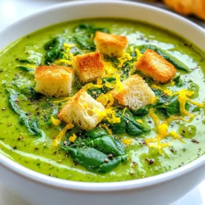 To make a tasty creamy lemon spinach soup, gather these key ingredients: - 2 cups fresh spinach, chopped - 1 medium onion, diced - 2 garlic cloves, minced - 3 medium potatoes, peeled and diced - 4 cups vegetable broth - 1 cup coconut milk - 2 tablespoons olive oil - Juice of 1 lemon - Zest of 1 lemon - Salt and pepper to taste - ½ teaspoon nutmeg (optional) - Croutons or toasted seeds for garnish If you follow a specific diet, you can still enjoy this soup. For a vegan option, ensure the vegetable broth is free from animal products. Swap the coconut milk for almond milk or oat milk if you prefer. If you avoid nuts, use soy milk or skip the dairy entirely. You can also use sweet potatoes instead of regular potatoes for a sweeter touch. Fresh ingredients make a big difference in taste. Fresh spinach adds a vibrant color and rich flavor. The onion and garlic provide a strong base, while fresh lemon juice brightens the soup. Using fresh potatoes ensures a creamy texture. When you choose fresh, local produce, you get the best flavor and nutrients. It truly elevates your dish. {{ingredient_image_1}} Start by gathering all your veggies. You’ll need fresh spinach, onion, garlic, and potatoes. Chop the spinach into small pieces. Dice the onion and mince the garlic cloves. Peel and dice the potatoes into even cubes. This way, they cook at the same rate. In a big pot, heat two tablespoons of olive oil over medium heat. Once hot, add the diced onion. Stir it for about five minutes until it turns soft and clear. Next, add the minced garlic and cook for one more minute. You want to smell that garlic! Now, add the diced potatoes and pour in the vegetable broth. Bring it all to a boil. Then, lower the heat and let it simmer for about 15 to 20 minutes. The potatoes should be soft when ready. After that, toss in the chopped spinach and simmer for another five minutes. After cooking, take the pot off the heat. Use an immersion blender to puree the soup until it’s smooth. If you don’t have one, carefully transfer the soup to a blender in batches. Once smooth, stir in one cup of coconut milk, the juice of one lemon, and the lemon zest. Mix everything well. Taste the soup and add salt, pepper, and nutmeg if you want. Put the soup back on low heat for a few minutes to warm it up. Serve it hot and top it with croutons or toasted seeds for a nice crunch. To get the right texture, blend the soup well. An immersion blender works great. If you use a regular blender, be careful. Hot soup can splatter. Blend in batches if needed. Aim for a smooth, creamy finish. If the soup feels too thick, add a bit more vegetable broth. If it’s too thin, simmer longer to thicken it up. Adding lemon juice and zest gives a bright taste. You can also use nutmeg for warmth. Just a pinch can make a big difference. For more depth, try adding a dash of cayenne pepper. It adds a slight kick without overpowering the soup. Fresh herbs like parsley or dill can brighten the flavor too. Mix them in just before serving for the best taste. Serve the soup hot in bowls. Garnish with croutons or toasted seeds for crunch. A sprinkle of fresh herbs on top adds color and flavor. You can pair this soup with crusty bread for a full meal. It also goes well with a fresh salad. Enjoy it as a light lunch or a cozy dinner. Pro Tips Use Fresh Spinach: Fresh spinach provides a vibrant color and taste that enhances the soup's flavor. If using frozen spinach, make sure to thaw and drain it well to avoid excess water. Adjust Creaminess: For a creamier texture, you can increase the amount of coconut milk or add a splash of heavy cream if you're not strictly vegan. Flavor Boost: Add a pinch of chili flakes for a hint of heat or a tablespoon of nutritional yeast for a cheesy flavor without dairy. Garnish Creatively: Besides croutons or toasted seeds, try adding a dollop of vegan sour cream or a sprinkle of fresh herbs like dill or parsley for added flavor and visual appeal. {{image_2}} You can boost the soup's nutrition by adding protein. Try cooked chicken or turkey for a meaty touch. If you want a plant-based option, add chickpeas or lentils. Just stir them in after blending. They warm up quickly and add texture. Garnishes make your soup look great and add flavor. Instead of croutons, use toasted seeds like pumpkin or sunflower. Add a dollop of yogurt for creaminess. Fresh herbs like parsley or dill give a bright taste. Experiment with what you like best on top. Change the flavor of your soup with simple swaps. Add a pinch of cayenne for heat or swap lemon for lime. A splash of soy sauce can add depth. For a nutty taste, try a splash of sesame oil. Each twist can make this soup feel brand new! After enjoying your creamy lemon spinach soup, let it cool down. Pour the soup into an airtight container. Make sure to store it in the fridge. It will stay fresh for up to three days. To keep the flavors intact, avoid adding toppings before storing. You can freeze creamy lemon spinach soup for later. First, let it cool completely. Then, use freezer-safe containers or bags. Leave some space at the top, as the soup will expand when frozen. It can last up to three months in the freezer. When ready to eat, just thaw it overnight in the fridge. To reheat the soup, pour it into a pot. Heat it over medium heat, stirring often. If the soup seems thick, add a bit of water or vegetable broth. You can also microwave it in a bowl. Heat for one to two minutes, checking often. Always stir before serving to ensure even heat. Yes, you can use frozen spinach. Just thaw it first and squeeze out the water. This step helps keep the soup from being too watery. Frozen spinach can save time and still taste great. To make the soup vegan, swap coconut milk for any plant-based milk. Oat milk or almond milk works well. Ensure your vegetable broth is vegan too. This keeps the soup creamy and tasty without dairy. You can serve this soup with crusty bread or a fresh salad. Grilled cheese sandwiches also pair nicely. For a light touch, add croutons or toasted seeds on top for crunch. These additions make the meal even more satisfying. In this blog post, we explored key ingredients for Creamy Lemon Spinach Soup. You learned how to prepare the soup, with simple step-by-step instructions. I shared helpful tips for perfecting consistency and enhancing flavor. We also discussed variations to keep the recipe exciting. Don’t forget proper storage methods to keep your leftovers fresh. With these insights, you can create a tasty soup that fits your needs and preferences. Enjoy making this easy and delicious dish anytime!