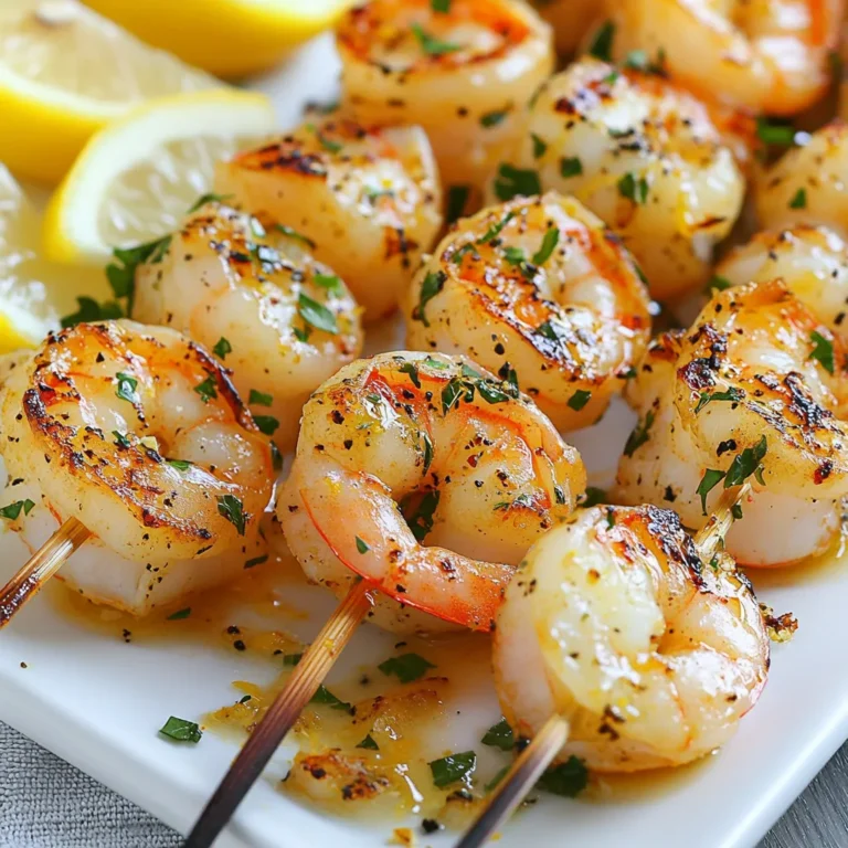 To make lemon herb grilled shrimp, you need: - 1 pound large shrimp, peeled and deveined - 2 tablespoons olive oil - 2 tablespoons fresh lemon juice - 1 teaspoon lemon zest - 3 cloves garlic, minced These ingredients create a tasty marinade. The shrimp soak up all the flavors, making each bite delicious. You also need fresh herbs and seasonings: - 1 tablespoon fresh parsley, chopped - 1 tablespoon fresh basil, chopped - 1 teaspoon dried oregano - Salt and pepper, to taste The fresh herbs give the shrimp a bright taste. Mixing these with salt and pepper brings out the best flavors. For serving, I suggest using: - Lemon wedges These lemon wedges add a nice touch when you serve the shrimp. Squeezing fresh lemon on top enhances the flavor. Enjoy your meal with a burst of citrus! {{ingredient_image_1}} To start, gather your ingredients. You need olive oil, fresh lemon juice, lemon zest, and garlic. Grab fresh parsley and basil, too. Don't forget the dried oregano, salt, and pepper. In a large bowl, mix the olive oil, lemon juice, lemon zest, minced garlic, chopped parsley, chopped basil, dried oregano, salt, and pepper. Stir well until all the flavors blend together. This marinade is key to making your shrimp tasty. Next, add the shrimp to the marinade. Make sure each shrimp is well coated in the mixture. This step is important for flavor. After coating, cover the bowl with plastic wrap. Place it in the fridge for 30 minutes. This allows the shrimp to soak up all the good flavors. If you have time, you can let them marinate longer for even more taste. Now, it’s time to grill. Preheat your grill to medium-high heat. If you use wooden skewers, soak them in water for 15 minutes. This helps prevent burning. Thread 4 to 5 shrimp onto each skewer. Once the grill is ready, place the skewers on it. Cook for 2 to 3 minutes on each side. You want the shrimp to turn opaque and get nice grill marks. After grilling, let the skewers rest for a minute. This helps keep them juicy. Enjoy your delicious lemon herb grilled shrimp with lemon wedges! To make your shrimp taste great, start with fresh shrimp. Choose large shrimp for the best bite. Make sure they are peeled and deveined. This helps the marinade soak in. Preheat your grill to medium-high heat. This ensures even cooking. Cook the shrimp for about 2-3 minutes on each side. Look for a nice, golden color and grill marks. The shrimp should turn opaque when done. Marinating shrimp is key to great flavor. I recommend at least 30 minutes in the fridge. This allows the shrimp to soak up all the tasty herbs and lemon juice. If you have more time, marinate for up to 2 hours. Just remember, don’t marinate too long. The acid in the lemon juice can make the shrimp mushy. Using the right tools can make grilling easier. A good grill is essential. If you use wooden skewers, soak them in water first. This helps prevent burning. A pair of tongs is useful for flipping the shrimp. A grill basket can also work well if you want to cook more shrimp at once. Make sure your grill is clean before cooking to avoid sticking. Pro Tips Marinate for Flavor: Allow the shrimp to marinate for at least 30 minutes to absorb the flavors of the herbs and lemon for a more vibrant taste. Shrimp Size Matters: Use large shrimp for this recipe to ensure they stay juicy and don't overcook on the grill. Perfect Grill Marks: Ensure your grill is properly preheated to get those nice grill marks and a delicious char on the shrimp. Fresh Herbs Boost: Use freshly chopped herbs instead of dried whenever possible for a brighter and more aromatic dish. {{image_2}} You can change the taste of lemon herb grilled shrimp easily. Try adding chili flakes for heat. You can also swap basil for cilantro for a fresh twist. For a smoky flavor, use smoked paprika in the marinade. If you love spice, add a dash of hot sauce. Experiment with different herbs like dill or thyme. Each change gives a new taste experience. You can grill shrimp, but there are other ways to cook them too. You can bake the shrimp in the oven. Set the oven to 400°F and bake for 8-10 minutes. Another method is to pan-sear them. Heat oil in a pan and cook for 2-3 minutes on each side. You can also use a broiler. Broil for 2-3 minutes until the shrimp are cooked. Each method brings out different flavors and textures. Lemon herb grilled shrimp pairs well with many sides. Serve it on a bed of rice or quinoa. You can also add it to a fresh salad for a light meal. Try it with grilled vegetables for extra flavor. If you want something filling, serve it in tacos with salsa. The options are endless, and you can mix and match to please your taste buds. After enjoying your lemon herb grilled shrimp, store any leftovers in an airtight container. This helps keep the shrimp fresh and tasty. You can keep them in the fridge for up to two days. If you want to keep them longer, consider freezing them instead. To reheat your shrimp, the stove is best. Heat a pan over medium heat. Add a little olive oil and toss in the shrimp. Cook for about 2-3 minutes until they are warm. You can also use a microwave, but be careful. Heat them in short bursts to avoid overcooking. If you want to freeze the shrimp, place them in a freezer bag. Make sure to remove as much air as possible before sealing. This helps prevent freezer burn. You can freeze the shrimp for up to three months. When you’re ready to use them, thaw them in the fridge overnight before cooking. Yes, you can use frozen shrimp. Just thaw them first. Place frozen shrimp in a bowl of cold water. Change the water every 10 minutes until they are thawed. This helps keep the shrimp fresh and tasty. You can serve lemon herb grilled shrimp with many sides. Here are some great options: - Rice or quinoa for a hearty base. - Grilled vegetables like bell peppers and zucchini. - A fresh salad with greens and vinaigrette. - Garlic bread for a crunchy side. These pairings bring out the shrimp's flavor. Shrimp cook quickly. Look for these signs to know they are done: - They turn pink and opaque. - They curl into a C shape. - They reach an internal temperature of 120°F. Cook them for about 2-3 minutes per side on the grill. Overcooking makes them tough, so keep an eye on them! You now have all the tools to make grilled shrimp shine. We covered key ingredients, perfect grilling steps, and smart tips. Remember to pick fresh herbs and get the marinade just right. Try different flavors and serve shrimp with your favorite sides. If you store leftovers well, you can enjoy this dish later. Grilling shrimp is simple and fun, plus it tastes great! Enjoy your cooking, and happy grilling!