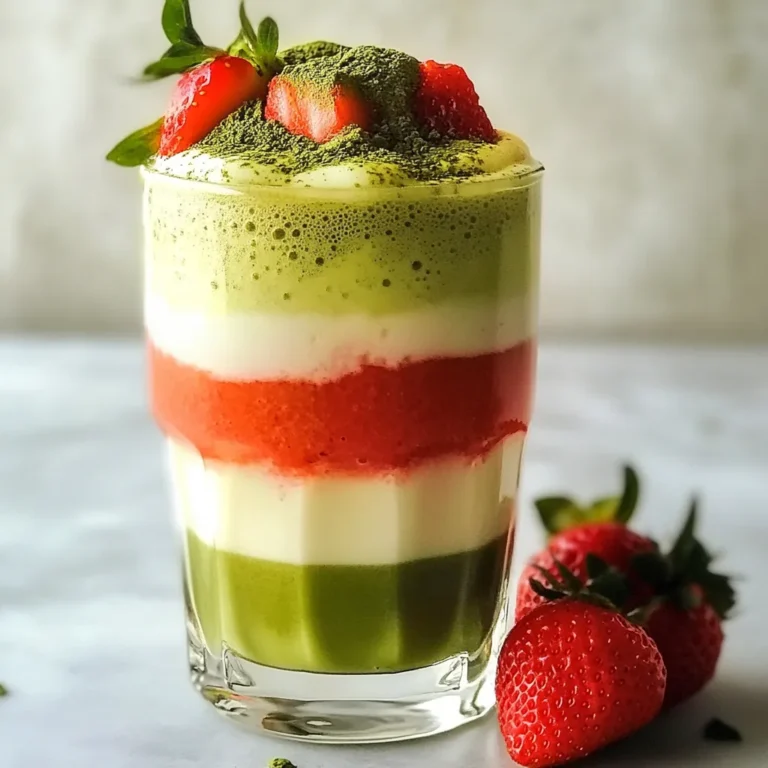 - 1 cup milk of choice (dairy, almond, oat, etc.) - 1 tablespoon culinary grade matcha powder - 1 tablespoon hot water (just below boiling) - 1 cup fresh strawberries, hulled and chopped - 2 tablespoons honey or maple syrup (adjust to taste) - 1/2 teaspoon vanilla extract - Ice cubes (optional, for iced version) To make a tasty Matcha Strawberry Latte, choose your milk first. You can use dairy, almond, or oat milk. Each option gives a different flavor. Next, get culinary grade matcha powder. This type blends well and tastes great. For sweetness, you can pick honey or maple syrup. Both add a nice touch, but feel free to adjust the amount based on your taste. Now, let’s talk strawberries. Pick fresh ones that smell sweet. Make sure they are bright red and firm. Hull and chop them for easy blending. With these ingredients, you set the stage for a delightful drink. {{ingredient_image_1}} To make the matcha mix, start by combining one tablespoon of culinary grade matcha powder with one tablespoon of hot water. Make sure the water is just below boiling. Use a bamboo whisk or a small handheld frother for the best results. Whisk hard and fast until the mixture is smooth. Look for a vibrant green color with no lumps. This step is key for a tasty latte. Next, we’ll create the strawberry puree. In a blender, add one cup of hulled and chopped fresh strawberries. Add two tablespoons of honey or maple syrup for sweetness. You can also add half a teaspoon of vanilla extract for extra flavor. Blend until it is smooth. If you want a finer texture, strain the mixture through a fine sieve. This makes the puree velvety and nice. Now, it’s time to build your latte. Pour the strawberry puree into a clear glass. Slowly add the matcha mix on top of the puree. Gently swirl it to create a layered look. If you prefer an iced drink, add ice cubes before the matcha. Finally, pour your choice of milk over the drink. Stir gently to mix the flavors without ruining the layers. Enjoy your beautiful, refreshing treat! To make your matcha strawberry latte special, try adding other flavors. You can mix in a pinch of cinnamon for warmth or a squeeze of lemon for brightness. If you want a richer taste, use more matcha. A good ratio is one tablespoon of matcha for every cup of milk. Adjust the sweetness with honey or maple syrup to fit your taste. Presentation matters! Serve your latte in clear glasses. This way, everyone can see the lovely layers of green and pink. Garnish with fresh strawberries on top or a light dusting of matcha powder. This adds a pop of color and makes your drink look gourmet. If you have extra strawberry puree, store it in an airtight container in the fridge. It lasts about two days. You can also freeze it for up to a month. To use leftover puree, blend it into smoothies or drizzle it over yogurt. Enjoy these ideas to keep your flavors fresh! Pro Tips Matcha Quality Matters: Always use high-quality culinary grade matcha powder for the best flavor and vibrant color in your latte. Look for matcha that is bright green and finely ground. Sweetness Adjustment: Taste your strawberry puree before adding it to the matcha. Depending on the ripeness of strawberries, you may need to adjust the sweetness with more or less honey or maple syrup. Temperature Control: Ensure the water used to dissolve the matcha is just below boiling; too hot can make the matcha bitter. Use a thermometer if you're unsure. Presentation is Key: For a stunning visual effect, pour the matcha slowly over the strawberry puree, allowing it to float rather than mix immediately for those beautiful layers. {{image_2}} You can enjoy the matcha strawberry latte hot or iced. If you prefer hot, whisk the matcha with hot water. Then blend the strawberries and add the warm milk. For iced, make sure to chill your milk and add ice cubes. This will give you a cool refreshment. Hot lattes have a richer flavor, while iced ones taste lighter. Choose what suits your mood! If you want a vegan option, use almond, oat, or coconut milk. These milk alternatives work well with matcha and strawberries. You can also switch honey for maple syrup or agave. This keeps the drink plant-based. The taste remains sweet and delicious, just without animal products. To make your latte unique, try adding other fruits. Blueberries or raspberries blend well with strawberries. You could also add spices like cinnamon or nutmeg for warmth. A drop of mint extract can create a fresh twist. These simple add-ins can change the taste and make your drink even better! Matcha is a superfood packed with antioxidants. These antioxidants help fight free radicals in the body. Free radicals can cause cell damage and lead to illness. Matcha boosts your energy without the jitters. Unlike coffee, it offers a steady energy lift. This makes it ideal for long days or workouts. Strawberries are low in calories but high in vitamins. They provide vitamin C, which supports your immune system. Strawberries also have potassium, which is good for heart health. Eating strawberries can help improve your skin and reduce signs of aging. Their natural compounds may even lower the risk of heart disease. When you mix matcha and strawberries, you get a health powerhouse. They work together to enhance each other's benefits. The antioxidants in matcha and the vitamins in strawberries create a tasty duo. This drink fits easily into a balanced diet. It provides nutrients while satisfying your sweet tooth. Enjoying this latte can be a fun and healthy treat! A Matcha Strawberry Latte is a vibrant drink that combines matcha and strawberries. It features a mix of creamy milk, sweet strawberries, and earthy matcha powder. The drink has a beautiful layered look. You prepare it by blending strawberries and mixing matcha with hot water. The result is a refreshing treat, perfect for any time of day. Yes, you can make this latte without milk. There are many tasty non-dairy options. Almond milk, oat milk, or coconut milk all work well. You can also try soy milk or cashew milk for a creamy texture. Adjust the sweetness if needed, as some non-dairy milks are sweeter than others. The Matcha Strawberry Latte stays fresh for about one day. Store it in the fridge in a sealed container. It may separate, so give it a good shake before enjoying. If you have leftover strawberry puree, keep it in the fridge for up to three days. Use it in smoothies or yogurt for a tasty snack. You can find a Matcha Strawberry Latte at many local cafes. Look for places that serve specialty drinks or matcha. Many tea shops also offer this drink. If you prefer to order online, some cafes sell bottled versions or kits to make your own at home. Check delivery services for more options. This blog post covered the tasty Matcha Strawberry Latte. I discussed the ingredients, like milk options and sweeteners. You learned how to prepare the matcha mix and strawberry puree. I also shared tips for flavor and serving. Plus, we explored variations like iced or dairy-free options. In conclusion, enjoy your drink knowing it’s not just delicious but also healthy. Your homemade Matcha Strawberry Latte can be a fun and refreshing treat!
