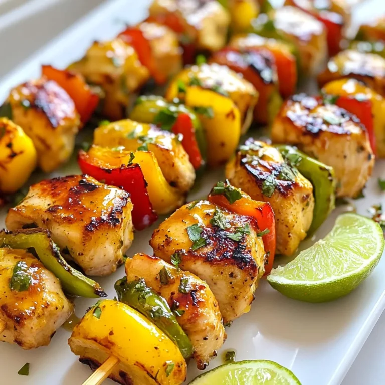 - 1.5 lbs chicken breast, cut into 1-inch cubes - 1/4 cup honey - 1/4 cup fresh lime juice (about 2-3 limes) - 2 tablespoons olive oil - 2 garlic cloves, minced The heart of these kabobs is the chicken breast. It is lean and cooks quickly. The honey adds a sweet touch, while lime juice gives it a zesty kick. Olive oil keeps the chicken moist, and garlic adds depth to the flavor. - 1 red bell pepper, cut into 1-inch chunks - 1 green bell pepper, cut into 1-inch chunks - 1 red onion, cut into wedges For the veggies, I love using red and green bell peppers. They add color and crunch. Red onion brings a mild sweetness. Together, they balance the dish and enhance the overall taste. - 1 teaspoon ground cumin - 1 teaspoon smoked paprika - Salt and pepper to taste Seasonings are key. Ground cumin gives a warm, earthy flavor. Smoked paprika adds a hint of smokiness that pairs well with grilling. Salt and pepper bring out all the flavors in the dish. These simple additions make a big difference in taste. {{ingredient_image_1}} To start, gather your ingredients. You need honey, fresh lime juice, olive oil, minced garlic, ground cumin, smoked paprika, salt, and pepper. In a mixing bowl, add the honey and lime juice first. Then, pour in the olive oil. Next, add the minced garlic, ground cumin, and smoked paprika. Season with salt and pepper to taste. Whisk all the ingredients together until they are well blended. This step is key. A smooth blend ensures great flavor in every bite. Now, it’s time to marinate the chicken. Take your 1.5 pounds of chicken breast, cut into 1-inch cubes. Place the chicken into the marinade and stir well. Make sure every piece is coated. Cover the bowl with plastic wrap and put it in the fridge. For the best taste, let it marinate for at least 30 minutes. If you have time, marinate it for up to 2 hours. This allows the chicken to absorb the yummy flavors. Next, prepare your grill. Preheat it to medium-high heat. While the grill heats, thread the marinated chicken onto skewers. Alternate between the chicken, red bell pepper, green bell pepper, and onion. This mix gives great color and taste. When the grill is hot, place your kabobs on it. Cook for about 10-15 minutes. Turn them occasionally. This helps the chicken cook evenly and get nice grill marks. You’ll know they’re done when the chicken is cooked through and the veggies are tender. To get those perfect grill marks, keep a few things in mind. First, preheat your grill to medium-high. This heat helps the chicken sear quickly. Place the kabobs on the grill and don’t move them for a few minutes. This allows those lovely lines to form. After a few minutes, turn the kabobs a quarter turn. This technique gives you those nice crisscross marks. Always check that your grill grates are clean and oiled to prevent sticking. Adding more spices makes these kabobs pop! Consider using chili powder for a spicy kick or fresh herbs like cilantro or parsley for more freshness. You can also marinate the chicken longer for deeper flavor. Try adding soy sauce or ginger to the marinade for a unique twist. If you want a smoky flavor, a touch of chipotle powder works wonders. The key is to taste and adjust as you go! How you serve the kabobs matters too. Arrange them on a large platter for a stunning display. You can garnish with lime wedges and fresh cilantro for color. Drizzle some extra honey-lime sauce on top for a glossy finish. For a fun touch, serve with colorful dipping sauces in small bowls. This not only looks great but also invites your guests to explore different flavors. Pro Tips Marinate Longer for More Flavor: Allow the chicken to marinate for at least 2 hours, or overnight if possible, to enhance the flavor and tenderness. Alternate Ingredients: Feel free to switch up the vegetables—zucchini, cherry tomatoes, or mushrooms make great additions to the kabobs. Use a Meat Thermometer: Ensure the chicken reaches an internal temperature of 165°F (75°C) for safe consumption and perfectly cooked meat. Grill on High Heat: Preheat the grill adequately to achieve nice grill marks and prevent the chicken from drying out. {{image_2}} You can swap the chicken for shrimp or beef. Shrimp cooks quick, so grill it for just 5-7 minutes. Beef takes longer, about 12-15 minutes, depending on the cut. Make sure to cut beef into small pieces for even cooking. Always check that your protein reaches a safe internal temperature. If you're looking for a vegetarian twist, replace the chicken with tofu. Firm tofu works best. Cut it into cubes and marinate it just like chicken. You can also mix in your favorite veggies, like zucchini or mushrooms. This adds a great flavor and texture to your kabobs. Feel free to get creative with flavors. You can add fresh herbs, like cilantro or parsley, for a bright touch. Spices like chili powder or oregano can add more depth. Want to change the citrus? Try orange or lemon juice instead of lime. Each option brings a new taste to your kabobs. To keep your honey lime chicken kabobs fresh, place them in the fridge. Use airtight containers to prevent air from getting in. This helps keep the flavors strong and the chicken moist. Try to eat the leftovers within three days for the best taste. When you're ready to enjoy leftovers, reheating them right is key. You can use a microwave or stovetop. If you choose the microwave, heat in short bursts. Check every 30 seconds to avoid drying them out. For stovetop reheating, use a little olive oil in a pan. Heat over low heat, turning the kabobs gently until warmed through. If you want to save kabobs for later, freezing is a great option. Place the cooled kabobs in a freezer-safe bag or container. Remove as much air as possible to avoid freezer burn. To thaw, move them to the fridge overnight. If you're in a hurry, you can also use the microwave's defrost setting. Yes, you can prepare these kabobs ahead. Marinate the chicken the night before. Store it in the fridge. This lets the flavors blend well. You can also cut the veggies ahead. Just keep them in a sealed bag. This saves time when you’re ready to grill. These kabobs go great with many sides. Here are some tasty ideas: - Rice or quinoa for a healthy base - Grilled corn on the cob for sweetness - A fresh garden salad for crunch - Pita bread to wrap the kabobs - Roasted potatoes for heartiness Grill the kabobs for about 10-15 minutes. Turn them every few minutes. The chicken should be cooked through, reaching 165°F. You want nice grill marks and tender veggies. This timing works well on medium-high heat. Enjoy that charred flavor! In this blog post, we explored how to make delicious honey lime chicken kabobs. We covered key ingredients, including chicken, vibrant vegetables, and tasty seasonings. You learned step-by-step how to prepare and grill the kabobs for maximum flavor. Plus, we shared tips for perfect grill marks and vibrant presentation. Lastly, we discussed variations, storage, and common questions. By trying out these tips and tricks, you can impress everyone with your kabobs. Enjoy grilling!