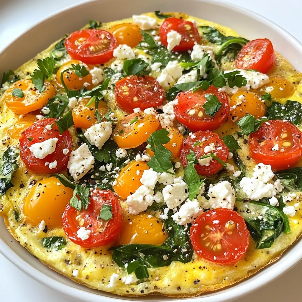 To make your loaded veggie frittata, gather these ingredients: - 6 large eggs - 1/2 cup milk (or unsweetened almond milk) - 1 cup spinach, chopped - 1 red bell pepper, diced - 1 small zucchini, diced - 1/2 cup cherry tomatoes, halved - 1/4 cup red onion, finely chopped - 1/2 cup feta cheese, crumbled - 1/4 cup fresh parsley, chopped - 1 tablespoon olive oil - Salt and pepper to taste You can switch ingredients to match your taste or diet: - Instead of milk, try plant-based milk like oat or soy. - If you don’t like spinach, use kale or arugula. - Swap feta cheese for goat cheese or cheddar. - Use any color bell pepper for a fun twist. - Add or replace veggies like mushrooms, broccoli, or asparagus. Each serving of your loaded veggie frittata is packed with nutrients. Here’s what you get: - Calories: 215 - Protein: 14g - Fat: 15g - Carbohydrates: 7g - Fiber: 2g - Sugars: 3g This frittata makes a healthy choice for breakfast or any meal. It’s full of protein and veggies, giving you energy to take on the day. Enjoy making it your own! {{ingredient_image_1}} First, preheat your oven to 375°F (or 190°C). This step ensures the frittata cooks evenly. While the oven heats, grab a large mixing bowl. In this bowl, whisk together 6 large eggs and 1/2 cup of milk. You can use regular milk or unsweetened almond milk. Season the mixture with salt and pepper to taste. This adds flavor to your frittata. Next, heat 1 tablespoon of olive oil in a large ovenproof skillet over medium heat. Once hot, add 1/4 cup of finely chopped red onion and 1 diced red bell pepper. Sauté these for about 5 minutes until they soften. Then, stir in 1 small diced zucchini and cook for another 3 minutes. Finally, add 1 cup of chopped spinach and 1/2 cup of halved cherry tomatoes. Cook until the spinach wilts. This mix makes your frittata colorful and packed with nutrients. Now, pour the egg mixture over the sautéed vegetables. Make sure it covers all the veggies evenly. Sprinkle 1/2 cup of crumbled feta cheese and 1/4 cup of chopped fresh parsley on top. Let the frittata cook on the stovetop for about 3 to 4 minutes until the edges start to set. After that, transfer the skillet to your preheated oven. Bake for 15 to 20 minutes, or until the frittata is fully set and lightly golden. When done, take it out and let it cool for a couple of minutes. Slice it into wedges and serve warm. Enjoy your delicious and nutritious meal! To get the best texture, you need to balance eggs and milk. Use six large eggs and half a cup of milk. This mix makes your frittata fluffy. Don't rush the cooking. Start on the stovetop, then finish in the oven. This method gives you a nice rise. Check for doneness by gently shaking the skillet. If it wobbles slightly in the middle, it’s ready. For this frittata, I recommend using a large ovenproof skillet. A cast iron skillet works well and gives great heat. This keeps your veggies from sticking. A whisk is key for mixing the eggs and milk. You should also have a heat-resistant spatula to help you serve. One common mistake is overcooking the frittata. Keep an eye on it while it bakes. If you bake too long, it can dry out. Another mistake is not seasoning well. Add salt and pepper to your egg mix before cooking. Lastly, don't skip the veggies. They add flavor and nutrients. Use the recommended veggies or any you like. Pro Tips Use Fresh Ingredients: Fresh vegetables and herbs not only enhance the flavor of the frittata but also add vibrant colors and nutrients. Customize Your Fillings: Feel free to substitute or add any of your favorite vegetables or cheeses to make this frittata your own. Cook Evenly: Make sure to cook the frittata on the stovetop until the edges are set before transferring it to the oven for a perfectly cooked center. Serve with a Side: Pair the frittata with a light salad or toasted bread for a complete meal that's perfect for brunch or dinner. {{image_2}} You can mix up the veggie frittata by adding other vegetables. Try mushrooms or broccoli for a new taste. Carrots add a nice crunch, while asparagus offers a fresh twist. You can even use leftover veggies from your fridge. Just chop them up and toss them in! Not a fan of feta? You can swap it out easily. Cheddar or mozzarella works well and gives a nice melt. Goat cheese adds a tangy flavor, while vegan cheese keeps it dairy-free. Choose what you like best for a tasty frittata. Herbs and spices can change the whole vibe of your dish. Fresh basil or oregano gives a classic Italian taste. For a spicy kick, add chili flakes or paprika. You can also try thyme or rosemary for a warm flavor. Get creative and find your favorite combo! To keep your leftover frittata fresh, store it in an airtight container. Allow it to cool first. This will avoid condensation. Place the container in the fridge. It will last for up to three days. For best results, cover individual slices with plastic wrap. When you're ready to enjoy your frittata again, preheat your oven to 350°F (175°C). Place the frittata slices on a baking sheet. Heat them for about 10 to 15 minutes. This will warm the frittata without drying it out. You can also reheat in the microwave. Just heat for 30 to 60 seconds. Check if it's warm enough before serving. If you want to save frittata for later, freezing it is a great option. To freeze, slice the frittata into wedges. Wrap each wedge in plastic wrap. Then, place the wrapped wedges in a freezer bag. Be sure to remove as much air as possible. Label the bag with the date. It can stay in the freezer for up to three months. To reheat, let it thaw in the fridge overnight before warming it in the oven. You can tell the frittata is done when the edges are set and the center is firm. Gently shake the skillet; if the center does not jiggle, it’s ready. The top should be lightly golden. A toothpick inserted in the center should come out clean. Yes, you can make a frittata ahead of time. It stores well in the fridge for up to five days. Just let it cool, then wrap it tightly in plastic wrap or place it in an airtight container. To enjoy, simply reheat it in the oven or microwave. You can serve the frittata with a fresh salad or whole-grain toast. Add some Greek yogurt or a dollop of sour cream for creaminess. Fresh fruit on the side makes a nice touch too. These sides balance the frittata’s rich flavors and add color to your plate. You now have a complete guide to making a delicious frittata. We covered everything, from the ingredients to step-by-step cooking instructions. You learned about tips to perfect texture and avoid common mistakes. You also explored fun variations and smart storage tips. Remember, cooking is all about trying new things. Don’t hesitate to experiment with different veggies and spices. Enjoy sharing your tasty frittata with family and friends! Happy cooking!