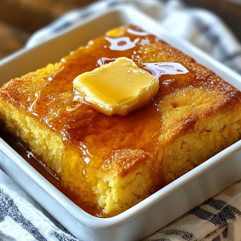 To make honey butter cornbread, you need a few simple ingredients. Each one plays a key role in making this dish delicious. Here’s what you need: - 1 cup cornmeal - 1 cup all-purpose flour - 1/4 cup granulated sugar - 1 tablespoon baking powder - 1/2 teaspoon salt - 1 cup milk - 2 large eggs - 1/4 cup unsalted butter, melted - 1/3 cup honey - 1/4 teaspoon ground cinnamon (optional) Cornmeal gives the cornbread its texture. All-purpose flour helps it rise. Sugar adds sweetness, while baking powder makes it fluffy. Salt brings out the flavors. Milk and eggs provide moisture and richness. Unsalted butter makes it tender, and honey sweetens it up, giving that lovely honey flavor. You can add ground cinnamon if you want a warm spice note. Gather these ingredients, and you’re ready to start cooking! Each element is important for the final taste. Using fresh, quality ingredients will give you the best result. Enjoy the process, and smell the sweet aroma as you bake! {{ingredient_image_1}} 1. Preheat the oven to 400°F (200°C). This step is key for even baking. 2. Grease the baking pan or skillet. Use some butter or oil to coat it well. This helps the cornbread come out easily. 3. Mix dry ingredients. In a large bowl, combine 1 cup of cornmeal, 1 cup of all-purpose flour, 1/4 cup of granulated sugar, 1 tablespoon of baking powder, and 1/2 teaspoon of salt. Stir until everything is well mixed. 1. Whisk milk, eggs, melted butter, and honey together. In a separate bowl, mix 1 cup of milk, 2 large eggs, 1/4 cup of melted unsalted butter, and 1/3 cup of honey. Make sure it’s smooth and combined. 1. Combine wet and dry ingredients. Pour the wet mix into the dry mix. Stir gently until just combined. You want the batter to be slightly lumpy. This helps create a soft texture. 2. Tips for achieving the perfect batter consistency: Do not overmix. Overmixing can make your cornbread tough. Just mix until you see no dry flour. 1. Pour batter into the pan. Smooth the top with a spatula to make it even. 2. Bake duration and checking for doneness. Bake for 20-25 minutes. The top should be golden brown. Insert a toothpick in the center; it should come out clean. This means your cornbread is ready! To get the best texture in your cornbread, avoid overmixing. Mix the wet and dry ingredients gently. It’s okay if the batter is a bit lumpy. Lumps mean your cornbread will be fluffy. Stir until just combined to keep it light. For fluffy cornbread, make sure your baking powder is fresh. Old baking powder can make your cornbread dense. Also, do not skip the eggs; they add air and help the bread rise well. To boost the flavor, consider adding spices. Ground cinnamon adds warmth. You can also try chili powder for a kick or garlic powder for depth. Choosing the right honey is key too. A light, floral honey can add a sweet note. Darker honey has richer flavors, which can deepen your cornbread. Experiment to find what you love! Honey butter cornbread pairs well with many dishes. It’s great with chili or stew. The sweetness balances spicy flavors. You can also serve it with a drizzle of honey on top. For a breakfast treat, spread it with jam or fresh fruit. It’s perfect with some butter, too! Enjoy it warm, and don’t forget the honey butter for that extra touch. Pro Tips Use Fresh Ingredients: Ensure your baking powder is fresh for optimal rise. Check the expiration date to guarantee the best results. Don't Overmix: Mix the batter just until combined to keep the cornbread light and fluffy. Overmixing can lead to dense cornbread. Experiment with Add-ins: Consider adding jalapeños, cheese, or corn kernels for extra flavor and texture. Customize your cornbread to suit your taste! Serve Warm: For the best experience, serve the cornbread warm, topped with the honey butter. It enhances the sweetness and adds a fantastic richness. {{image_2}} To make honey butter cornbread gluten-free, substitute the all-purpose flour. Use an equal amount of gluten-free flour blend instead. This option works well and keeps the texture light. You can also try almond flour or oat flour. Both will add unique flavors. Ensure your baking powder is gluten-free too. You can spice up your cornbread with savory ingredients. Adding cheese is a great choice. Cheddar or pepper jack adds flavor and creaminess. You might also like to include jalapeños for some heat. Fresh herbs like chives or thyme can brighten the taste. Mix these ingredients into the batter before baking. For a sweeter cornbread, consider adding fruits. Blueberries or diced peaches fit well here. They bring natural sweetness and moisture. You can also swap honey for maple syrup or agave nectar. This gives a different layer of flavor. Each of these options opens up new taste experiences. To keep your honey butter cornbread fresh, let it cool completely. If you store it while warm, it can become soggy. After cooling, wrap it tightly in plastic wrap or aluminum foil. You can also place it in an airtight container. This keeps moisture in and prevents it from drying out. Honey butter cornbread lasts about 2 to 3 days at room temperature. If you want it to last longer, store it in the fridge. In the fridge, it can stay fresh for about a week. For even longer storage, consider freezing it. When frozen, it can last for up to 3 months. To reheat your cornbread, you have a few good options. You can use the oven or microwave. If using the oven, preheat it to 350°F (175°C). Wrap the cornbread in foil to keep it moist. Heat for about 10-15 minutes. If using the microwave, place a slice on a plate and cover it with a damp paper towel. Heat for 30 seconds, then check. Repeat until warm. Avoid overheating to keep the cornbread soft and tasty. Honey butter cornbread is a sweet and soft bread. It blends cornmeal with honey for a rich taste. The honey butter topping makes it even more special. This cornbread pairs well with meals or can be a treat on its own. Yes, you can use coconut milk. It adds a slight coconut flavor. Just choose a full-fat version for rich texture. Make sure to mix it well with other wet ingredients. Your cornbread will still taste great! If you want to swap honey, try maple syrup or agave nectar. Both options provide sweetness. You can also use brown sugar dissolved in water. Each alternative brings its own flavor twist, so choose what you like best. To make cornbread moister, add more milk or melted butter. You can also mix in some sour cream or yogurt. These add moisture and richness. Be careful not to overmix, as it can make the bread tough. Yes, you can freeze honey butter cornbread. After cooling, wrap it tightly in plastic. Then, place it in a freezer bag. It stays fresh for about three months. Thaw it in the fridge overnight before reheating. You’ve learned to make honey butter cornbread with simple steps. First, gather your ingredients like cornmeal and milk. Then, mix them carefully to create a perfect batter. Use the tips to ensure a fluffy texture. Don’t forget about the variations to fit your taste. Whether you want gluten-free options or adding fruit, there’s a choice for everyone. Store it well for fresh snacks later. Enjoy baking and sharing this tasty treat with your loved ones! Your cornbread journey starts now!