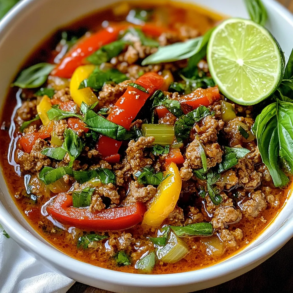 - 1 lb (450g) ground beef - 1 cup fresh Thai basil leaves - 2-3 Thai red chilies, sliced (adjust to taste) - 4 cloves garlic, minced - 1 bell pepper, sliced The main ingredients are simple yet bold. Ground beef gives the dish its heartiness. Fresh Thai basil adds a fragrant touch. Thai red chilies bring the heat. Garlic adds a strong flavor. The bell pepper adds crunch and sweetness. - 1 tablespoon soy sauce - 1 tablespoon oyster sauce - 1 tablespoon fish sauce - 1 teaspoon sugar - Salt and pepper to taste The sauces make this dish shine. Soy sauce adds umami. Oyster sauce brings richness. Fish sauce gives depth. Sugar balances the flavors. Salt and pepper enhance everything. Together, they create a harmonious mix. - Cooked jasmine rice - Additional garnishes (lime, basil leaves) Serve this dish hot over jasmine rice. The rice soaks up the sauce well. For garnish, add lime for brightness. Extra basil leaves add color and aroma. These simple touches make your meal look great and taste even better. {{ingredient_image_1}} 1. Heat 2 tablespoons of vegetable oil in a large pan or wok over medium-high heat. 2. Add 4 minced garlic cloves and 2-3 sliced Thai red chilies to the pan. Stir-fry for about 30 seconds until fragrant. 3. Increase the heat to high and add 1 pound of ground beef. Cook for about 5-7 minutes until browned. Break the beef into small pieces as it cooks. 1. Add 1 sliced bell pepper to the pan. Stir-fry for 2-3 minutes until tender yet still crisp. 2. In a small bowl, mix 1 tablespoon of soy sauce, 1 tablespoon of oyster sauce, 1 tablespoon of fish sauce, and 1 teaspoon of sugar. Pour this mixture over the beef and bell pepper. Stir well to coat everything evenly. 1. Add 1 cup of fresh Thai basil leaves to the pan. Toss everything together for 1-2 minutes until the basil wilts. 2. Season the dish with salt and pepper to taste. Adjust the seasoning to your liking. 3. Serve the spicy Thai basil beef hot over cooked jasmine rice. Enjoy the burst of flavors! To get the best browning on your beef, use a hot pan. Heat the oil until it shimmers. Then, add the garlic and chilies, stirring for just a few seconds. This builds flavor. Next, increase the heat before adding the beef. Stir and break it apart. Cook until it’s fully browned. This step is key for great texture and taste. If you want less heat, use fewer chilies or remove the seeds. Balancing sauces is important. Soy sauce adds saltiness, while oyster sauce adds depth. Fish sauce gives umami. Start with equal parts, then adjust to taste. A pinch of sugar helps balance flavors too. For extra zing, try adding lime juice or a splash of vinegar. Fresh herbs like cilantro can also add a nice touch. For a beautiful plate, serve the beef in a large bowl. Add a few extra basil leaves on top. This makes it look fresh. You can also add a slice of lime on the side. The lime adds color and a pop of flavor. Try arranging jasmine rice in a small mound next to the beef. This creates a nice contrast and makes your dish stand out. Pro Tips Adjust Spice Level: If you prefer a milder dish, reduce the number of Thai red chilies or remove the seeds before slicing. Use Fresh Ingredients: Fresh Thai basil is key to authentic flavor; avoid dried herbs for the best results. Cook Rice Ahead: Prepare jasmine rice in advance to save time; it can be reheated easily before serving. Garnish for Presentation: A few extra basil leaves and a lime wedge on the side not only enhance the look but add fresh flavor when squeezed over the dish. {{image_2}} You can easily switch up the proteins in this dish. Ground beef is popular, but chicken or tofu works great too. Both options soak up the sauce well. For a veggie boost, swap out the bell pepper for broccoli or snap peas. This adds different flavors and colors to your meal. If you like it milder, use less Thai red chili. You can remove the seeds to tone down the heat. For more spice, try adding sliced bird’s eye chilies. These small peppers pack a punch. Remember, start with a little, then taste as you go. For a gluten-free version, use gluten-free soy sauce. This way, you keep the same taste without the gluten. If you want a vegetarian or vegan dish, replace the beef with tofu and skip the fish sauce. You can use soy sauce or a vegan alternative instead. Enjoy the same great flavors while meeting your diet needs. To keep your spicy Thai basil beef fresh, store it in an airtight container. Place it in the fridge as soon as it cools. This dish lasts about three to four days in the fridge. If you want to keep it longer, consider freezing it. When you're ready to eat the leftovers, reheat them safely. You can use the microwave or a pan on the stove. If using a microwave, heat in short bursts and stir between. This helps keep the beef tender. If using a pan, add a splash of water to maintain moisture. This keeps the dish flavorful. To freeze leftovers, let the dish cool completely. Divide it into portions and put them in freezer bags. Squeeze out as much air as you can. Label the bags with the date. When you want to eat it, thaw the beef in the fridge overnight. For a quick method, you can use cold water to thaw. Avoid microwaving from frozen, as it can cook unevenly. Use the thawed dish within three months for the best taste. Spicy Thai Basil Beef is a vibrant stir-fry dish. It features ground beef, fresh Thai basil, and bold spices. The dish hails from Thailand, where it is a popular street food. The combination of flavors makes it both savory and spicy. The use of Thai red chilies gives it a kick, while the basil adds a fragrant touch. Yes, you can use other proteins in this dish. Chicken, turkey, or tofu are great alternatives. They will still absorb the tasty sauces well. Just adjust the cooking time as needed. Ground chicken or turkey will cook faster than beef. Tofu works well too; just make sure to press it to remove excess water. This dish goes well with several sides. Here are a few ideas: - Jasmine rice - Steamed vegetables - Spring rolls - Thai cucumber salad These sides add balance to the meal and enhance the flavors. The heat can vary based on how many chilies you use. Typically, it has a nice kick from 2-3 Thai red chilies. If you prefer less heat, start with one chili and taste as you go. You can also remove the seeds from the chilies for milder heat. Adjust it to fit your taste buds! Spicy Thai Basil Beef is a delicious dish that combines fresh ingredients and bold flavors. We covered the essential ingredients, step-by-step cooking instructions, and tips for the best results. You can also explore various adaptations to suit your taste. By storing leftovers correctly, you ensure great meals for days to come. This dish provides a fun culinary experience, whether you enjoy it as a quick weeknight dinner or share it with friends. Embrace the flavors of Thailand right in your home kitchen!