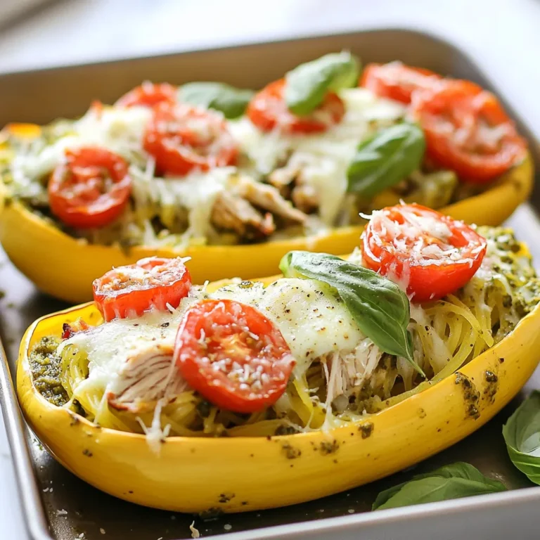 For this tasty dish, you will need: - 1 medium spaghetti squash - 1 cup cooked chicken, shredded - 1/2 cup basil pesto - 1/2 cup cherry tomatoes, halved - 1/4 cup mozzarella cheese, shredded - 1/4 cup Parmesan cheese, grated - 2 tablespoons olive oil - Salt and pepper to taste - Fresh basil leaves for garnish You can swap some ingredients for different flavors or needs. Use turkey instead of chicken for a leaner option. If you want a vegetarian dish, try using cooked lentils or chickpeas. For a dairy-free option, pick vegan cheese or skip the cheese. You can also use spinach or arugula instead of cherry tomatoes for a fresh twist. Each serving of Pesto Chicken Stuffed Spaghetti Squash has about: - Calories: 350 - Protein: 25g - Carbohydrates: 15g - Fat: 20g - Fiber: 4g This dish is not only tasty but also packed with nutrients! It's a healthy choice for lunch or dinner. {{ingredient_image_1}} First, preheat your oven to 400°F (200°C). This step helps cook the squash evenly. While the oven heats, grab your medium spaghetti squash. Carefully cut it in half lengthwise. Use a spoon to scoop out the seeds. Then, brush the cut sides with olive oil. Sprinkle some salt and pepper on top for flavor. Place the squash halves cut side down on a lined baking sheet. Roast them in the oven for 30 to 40 minutes. Check for fork-tenderness as they cook. While the squash roasts, take a mixing bowl and add your cooked chicken. Shred it if you haven't already. Next, pour in the basil pesto. Add the halved cherry tomatoes, mozzarella cheese, and Parmesan cheese. Use a spoon to mix everything well. Make sure each piece of chicken is coated in pesto. This mixture is packed with flavor and will make your dish shine. Once the squash is done, remove it from the oven. Let it cool for a few minutes. Use a fork to gently scrape the insides, making spaghetti-like strands. In a large bowl, combine the scraped squash strands with your chicken and pesto mix. Toss until everything is well mixed. Now, spoon this tasty mixture back into the squash halves. If you have extra cheese, sprinkle it on top. Put the stuffed squash back in the oven for another 10 to 15 minutes. You want the cheese to melt and become golden. After baking, let it cool slightly. Finish by garnishing with fresh basil leaves. Enjoy your delightful dish! Cutting spaghetti squash can be tricky. First, use a sharp knife. This helps you cut through the tough skin. Place the squash on a cutting board. Hold it steady with one hand. Cut it in half lengthwise. Remove the seeds with a spoon. Brush the inside with olive oil. Add salt and pepper for flavor. Place the halves cut side down on a baking sheet. Roast at 400°F for 30-40 minutes. Check for fork-tenderness before taking it out. One common mistake is not preheating the oven. Always preheat to ensure even cooking. Another mistake is overcooking the squash. Check it at the 30-minute mark. If you leave it too long, it can become mushy. Also, be sure to mix the filling well. This ensures every bite is flavorful. If you forget to season the squash, it can taste bland. I love to serve this dish warm. You can add a sprinkle of extra cheese on top. Fresh basil leaves make a great garnish. They add color and freshness. Serve with a simple green salad for balance. A drizzle of balsamic glaze can enhance the dish's flavor too. For a crunch, add toasted pine nuts or walnuts. These add texture and richness. Pro Tips Choose Ripe Squash: Make sure to select a spaghetti squash that feels heavy for its size and has a smooth, yellow skin. This indicates ripeness and sweetness. Cook Chicken Ahead: For a quicker preparation, use leftover chicken or a rotisserie chicken, which can save you time and add great flavor. Customize Your Pesto: Feel free to experiment with different types of pesto, such as sun-dried tomato or arugula pesto, to give your dish a unique twist. Garnish for Freshness: Adding fresh herbs like basil or parsley right before serving enhances the flavor and presentation of the dish. {{image_2}} You can easily make this dish vegetarian. Just swap the chicken for roasted vegetables. Use bell peppers, zucchini, and mushrooms. This gives you a tasty filling that is still filling and healthy. You can also add chickpeas for extra protein. They add a great texture and flavor. If you prefer turkey, it works great in this recipe. Just shred cooked turkey instead of chicken. Tofu is another good choice for a plant-based option. Make sure to press the tofu first to remove excess water. Then, cube and sauté it before mixing with the pesto. Both options add a nice twist to the dish. Feel free to experiment with different pestos. Sun-dried tomato pesto or arugula pesto can give your dish a new flavor. You can also change up the cheese. Try goat cheese for a tangy touch or feta for a salty kick. These small changes can make your stuffed squash exciting every time you make it. To keep your pesto chicken stuffed spaghetti squash fresh, place leftovers in an airtight container. Make sure to cool the dish to room temperature first. Store it in the fridge for up to three days. This will help keep the flavors intact and prevent spoilage. When you’re ready to enjoy the leftovers, reheat them in the oven for the best taste. Set the oven to 350°F (175°C) and place the stuffed squash on a baking sheet. Cover it with foil to keep it moist. Heat for about 15-20 minutes. You can also use a microwave for quicker reheating. Just be careful not to overcook it, as this can make the squash mushy. If you want to freeze your pesto chicken stuffed spaghetti squash, it’s best to do it before baking. After you mix the filling, scoop it into the squash halves. Wrap each half tightly in plastic wrap, then in foil. You can freeze them for up to three months. When you're ready to eat, thaw in the fridge overnight and bake as usual. This method keeps the dish tasting fresh and delicious. You can tell spaghetti squash is done when it feels soft. Use a fork to poke it. If the fork goes in easily, it's ready. The skin should have a slight give. A good test is to scrape the strands. They should come out easily and look like spaghetti. Yes, you can use store-bought pesto. It saves time and still tastes great. Just choose a good brand with fresh ingredients. Look for options without added preservatives. You can also customize it by adding extra garlic or nuts if you want. Some great side dishes are: - A simple green salad - Garlic bread - Roasted vegetables - Quinoa with herbs - A light soup These options balance the meal and add more flavors. They also make it more filling. Try different sides to find your favorite pairings! In this article, we've covered how to make Pesto Chicken Stuffed Spaghetti Squash. You learned about the ingredients needed, options for substitutions, and the health benefits. I shared step-by-step instructions to help you prepare, stuff, and bake the squash. Tips for cutting and roasting squash prevented common mistakes. We explored variations for different diets and how to store leftovers. Overall, this dish is balanced, tasty, and easy to make. Enjoy your cooking and the flavors of this meal!