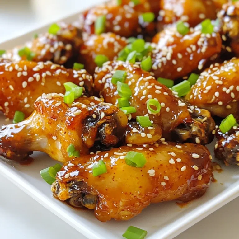 - 2 pounds chicken wings - 1/2 cup soy sauce - 1/4 cup honey - 4 cloves garlic, minced - 1 tablespoon fresh ginger, grated - 2 tablespoons sesame oil - 1 tablespoon rice vinegar - 1 teaspoon red pepper flakes (optional) - 1 tablespoon cornstarch (for thickening) - Sesame seeds and chopped green onions for garnish You need fresh chicken wings for this recipe. Choose wings that look plump and juicy. Next, gather your marinade components. Soy sauce gives a nice salty flavor. Honey adds sweetness, while garlic and ginger bring a kick. Sesame oil adds richness, and rice vinegar gives a hint of tang. The red pepper flakes are optional. They add a bit of heat. If you like spicy food, consider including them. Lastly, gather sesame seeds and green onions. These will make your wings look pretty and add crunch. With these ingredients, you will create a dish that is both tasty and visually appealing. {{ingredient_image_1}} To make the marinade, grab a large bowl. Add the soy sauce, honey, minced garlic, grated ginger, sesame oil, rice vinegar, and red pepper flakes if you like spice. Use a whisk to mix everything well. This blend creates a sweet and savory flavor. If you want a different taste, consider adding orange juice or lime for a citrus touch. You can also swap honey for maple syrup for a different sweetness. Once your marinade is ready, add the chicken wings. Make sure they are well coated in the mixture. Cover the bowl with plastic wrap and place it in the fridge. Let the wings marinate for at least 1 hour. For more flavor, marinate them overnight. This allows the wings to soak up all the deliciousness. Now, it’s time to bake! First, preheat your oven to 400°F (200°C). Line a baking sheet with foil for easy cleanup. Place a wire rack on top of the baking sheet. This helps the hot air circulate around the wings, making them crispy. When the wings are done baking, it’s time to glaze. In the last 5 minutes, brush the thickened sauce over the wings. This adds a shiny finish and extra flavor. After they come out of the oven, sprinkle sesame seeds and chopped green onions on top. They make the wings look great and add a fresh crunch. Enjoy your Sweet Soy Garlic Wings! To get crispy wings, use a wire rack. Place the wings on the rack above a baking sheet. This lets hot air flow all around them. Bake at 400°F (200°C) for 25-30 minutes. Flip the wings halfway for even cooking. If you want extra crispiness, broil them for the last few minutes. Keep an eye on them to avoid burning. You can adjust sweetness and spice in the marinade. If you like it sweeter, add more honey. For more spice, increase the red pepper flakes. Taste your marinade before adding the wings. This way, you can find the perfect balance that suits your taste. You can make these wings ahead of time. Marinate them for at least 1 hour or overnight for more flavor. After cooking, let them cool completely. Store them in an airtight container in the fridge for up to 3 days. To reheat, bake them at 375°F (190°C) for 10-15 minutes. This will help restore their crispiness. Pro Tips Marinate for Longer: For the best flavor, marinate the wings overnight. This allows the marinade to deeply penetrate the meat, resulting in juicier and more flavorful wings. Use a Wire Rack: Elevating the wings on a wire rack while baking allows hot air to circulate around them, ensuring they become crispy on all sides and preventing sogginess. Adjust the Spice Level: If you prefer milder wings, reduce or omit the red pepper flakes. Alternatively, increase them for a spicier kick! Make Extra Sauce: If you love a saucy wing, double the marinade recipe. You can use it as a dipping sauce for added flavor when serving. {{image_2}} You can make your wings spicy by adding different chili sauces. Start with Sriracha or chili garlic sauce. Mix these into the marinade to give your wings a kick. You can adjust the spice level by adding more or less. For a fun twist, try using a sweet chili sauce for some heat and sweetness. This adds depth to the flavor and makes the wings even more exciting. If you want to use an air fryer, adjust your cooking time and temperature. Preheat your air fryer to 375°F (190°C). Cook the wings for about 20-25 minutes. Flip them halfway through for even cooking. The air fryer makes the wings crispy without deep frying. It’s a great option for a healthier version of this dish. You can enjoy these flavors with a vegetarian twist. Use cauliflower instead of chicken wings. Cut cauliflower into bite-sized florets. Marinate them just like you would the chicken. Bake or air fry at 400°F (200°C) for about 20-25 minutes. This gives you a tasty, meat-free option that everyone can enjoy. After you make your sweet soy garlic wings, they need the right care. Let the wings cool to room temperature. Then, place them in an airtight container. Store them in the fridge. They will stay fresh for about 3 to 4 days. If you want to keep them longer, consider freezing. For long-term storage, freezing is your best option. Start by cooling the wings completely. Then, wrap them tightly in plastic wrap. Next, place them in a freezer-safe bag or container. Be sure to remove as much air as possible. This helps prevent freezer burn. You can keep them frozen for up to 3 months. When it's time to enjoy those wings again, reheating them is key. The best method is to use an oven. Preheat the oven to 350°F (175°C). Place the wings on a baking sheet. Bake for about 15 to 20 minutes. This keeps them crispy and tasty. You can also use an air fryer for quick reheating. Just set it at 350°F and cook for about 5 to 10 minutes. Enjoy the delicious, crispy wings! You can serve sweet soy garlic wings with many tasty side dishes. Here are some great ideas: - Coleslaw: Its crunch pairs well with the wings. - Rice: Steamed white or brown rice soaks up the sauce. - Vegetable Sticks: Carrots and celery add a fresh crunch. - Potato Wedges: Crispy, seasoned wedges are always a hit. - Corn on the Cob: Sweet corn balances the savory wings. These options will make your meal more fun and filling. Yes! There are several gluten-free options for soy sauce. Here are a few: - Tamari: This is a popular gluten-free soy sauce. It has a similar taste. - Coconut Aminos: This is a soy-free option. It has a mild sweetness. - Liquid Aminos: This is made from soybeans but is gluten-free. These substitutes work well in the sweet soy garlic wings recipe. Yes, you can use frozen chicken wings! Here’s how to make them work: - Thawing: Always thaw wings in the fridge overnight. If you need them fast, use cold water. - Cooking Adjustments: You may need to add 5-10 minutes to the cooking time. Check for doneness. Using frozen wings is easy and still tasty! To check if the wings are done, follow these tips: - Internal Temperature: Use a meat thermometer. The wings should reach 165°F (75°C). - Color: Look for a golden brown color. This shows they are crispy and cooked. - Juices: If you cut into one, the juices should run clear, not pink. These steps will help you serve perfectly cooked wings every time. In this article, we explored the key ingredients for sweet soy garlic wings and shared step-by-step instructions for perfecting this dish. We also covered tips for crispiness, flavor variations, and storage methods. Remember, the right marinade and proper baking techniques are essential for delicious wings. Whether you're hosting friends or just enjoying a meal at home, these wings add fun and flavor to any occasion. Enjoy cooking, and don't be afraid to try new variations!